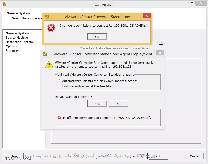 با سلام 
من که ویندوز جدید رو نصب کردم نرم افزار vmware converter را بر روی آن نصب کردم و دیگر ارور زیر را به من نداد البته به صورت server نصب کردم

||http://virtualization.tosinso.com/files/get/11756fbd-df5e-42e5-9a51-df42fa0bbea9||
اما ارور زیر همچنان پا برجا هست
||http://virtualization.tosinso.com/files/get/c29c2ac6-44a2-4913-a67c-ca9139c21339||
ممنون می شوم که راهنمایی کنید
با سپاس از شما