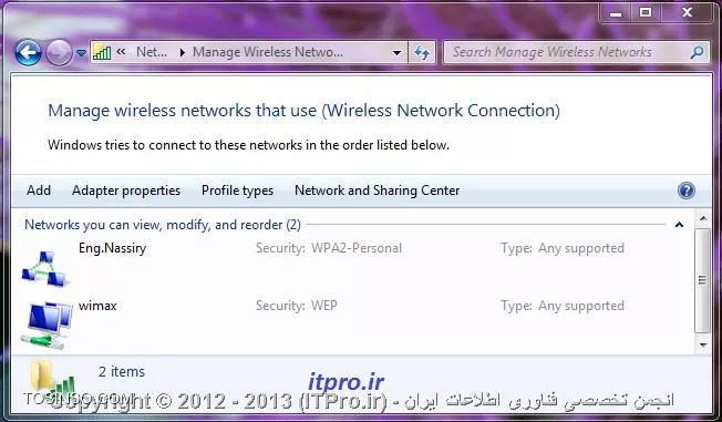 در این مقاله شما را با مفهوم توپولوژی های وایرلس به ویژه توپولوژی های Infrastructure  و Ad hoc  آشنا خواهیم کرد و به شما آموزش می دهیم که چگونه یک شبکه Ad Hoc  را با استفاده از ویندوز Seven راه اندازی کنید. در استاندارد 802.11 یا Wireless Local Area Network دو نوع توپولوژی وجود دارد که به نام های AH Hoc و Infrastructure شناخته می شود این دو توپولوژی در شکل زیر نشان داده شده است.

||http://www.tosinso.com/files/get/61ed48ab-bc19-45ee-8986-20bef0dc9817||

!! معرفی  AD Hoc Topologies
به نوعی از توپولوژی کفته می شود که دو یا چند کامپیوتر را بدون نیاز به Device جانبی مانند Access Point می توانند به صورت مستقیم با یک دیگر ارتباط برقرار نمایند.به عنوان مثال ارتباطی که دو Lap Top با یکدیگر برقرار می نمایند بر اساس همین مدل می باشد این نوع توپولوژی به علت وجود تداخل در ارتباط توصیه می شود از توپولوژی Infrastructure استفاده نمایید.

!! معرفی Infrastructure Topologies
به توپولوژی گفته می شود که ارتباط بین کلاینت ها به کمک یک Device به نام Access Point انجام می گیرد به طور کلی Access Point یا AP به دستگاهی کفته می شود که دارای چندین نقش است :

* مدیریت شبکه بی سیم را بر عهده دارد.
* وظیفه برقراری امنیت در شبکه های بی سیم را بر عهده دارد.
* تقویت امواج و سیگنال های ارتباطی را عهده دار می باشد.

در شبکه های بی سیم برای برقراری امنیت و بالا بردن آن می توانید از سه نوع پروتکل برای تائید هویت استفاده نمایید که شامل WEP,WPA,WPA2 می باشد که در شکل زیر قابل مشاهده است.

||http://www.tosinso.com/files/get/1c484698-f0ae-46e3-b9ae-1c65156e1aaf||

در پروتکل WEP دو روش برای تائید هویت استفاده می گردد که به نام های Open  و Shared Key شناخته می شوند و برای رمز گذاری (Encryption) اطلاعات از پروتکلی به نام RC4 استفاده می گردد.در پروتکل WPA از دو روش برای تائید هویت استفاده می گردد که به نام های IEEE 802.1x و PSK شناخته می شود .در این پروتکل تائید هویت برای شبکه های کوچک خانگی از PSK استفاده می شود و برای سازمان های که امنیت برای انها مهم است از پروتکل IEEE 802.1x استفاده می گردد و در هر دوحالت از پروتکل رمز گذاری به نام Tkip/Mic استفاده می شود و امنیت نسبت به WEP بالاتر است. در پروتکل WPA ورژن 2 همانند WPA از دو روش تائید هویت یکسان استفاده می گردد و در رمز گزاری نیز از الگوریتم کد گذاری AES-CCMP استفاده می گردد که باعث بالاتر بردن امنیت در این روش شده است.

!! راه اندازی یک شبکه از نوع AD Hoc
برای را ه اندازی یک شبکه از نوع AD Hoc جهت برقراری ارتباط بین دو یا چند کامپیوتر می بایست مراحل زیر را انجام دهید در اولین اقدام مطابق با شکل زیر وارد Control Panel شده و سپس وارد بخش Network and Sharing Center شوید در این قسمت در صورتی که در سیستم عامل یک کارت شبکه از نوع بی سیم وجود داشته باشد گزینه Manage Wireless Networks را انتخاب کنید.   

||http://www.tosinso.com/files/get/125fe331-52c5-4295-b5e5-88d6b3e68e1a||

با انتخاب گزینه Manage Wireless Networks شکل زیر نمایش داده خواهد شد.

||http://www.tosinso.com/files/get/5a5ae9dd-7db0-4890-b222-48af72989162||

در این قسمت برای ایجاد یک شبکه AD Hoc باید گزینه Add را انتخاب نمایید تا شکل زیر برای شما ظاهر شود.

||http://www.tosinso.com/files/get/1cf4571e-9d37-4f34-9957-7284e8d5ce63||

در این بخش گزینه Create an ad hoc network را انتخاب کنید تا یک شبکه از نوع AD Hoc ایجاد گردد. اما کزینه دیگری هم در این بخش وجود دارد که برای ایجاد یک Profile برای شبکه بی سیم مورد استفاده قرار می کیرد، با انتخاب گزینه Create an ad hoc network شکل زیر برای شما نمایش داده می شود.

||http://www.tosinso.com/files/get/4ca95f83-a23a-47da-a6d8-80525e317106||

در این بخش توضیح در خصوص شبکه AD Hoc داده شده است که برای برقراری ارتباط دو یا چند سیستم عامل به صورت بی سیم مورد استفاده قرار می گیرد و اشاره شده است که در این نوع شبکه می توانید از اطلاعات Share شده استفاده نمایید،در هر صورت برای ادامه کار گزینه Next را انتخاب کنید تا شکل نمایش داده شده در زیر برای شما ظاهر شود.

||http://www.tosinso.com/files/get/85284015-e052-4b86-86ec-09c99f7d785e||

در این بخش در قسمت Network Name باید یک نام برای این شبکه بی سیم تعیین نمایید ،در قسمت Type Security می بایست یکی از پروتکل های Security که به آنها اشاره شده را انتخاب کتید که شامل WPA2 وWEP می باشد  حتی می توانید این بخش را در حالت No Authentication قرار دهید و در بخش Security Key برای این شبکه یک رمز عبور تعریف نمایید.عبور انتخابی حداقل باید متشکل از 8 کاراکتر باشد در مقابل این بخش گزینه دیگری به نام Hide Characters وجود دارد در صورتی که چک مارک این گزینه را فعال نمایید در زمان وارد کردن پسورد حروف و اعداد وارد شده نمایش داده نخواهد شد در نهایت گزینه Save This Network را فعال کنید تا این Connection بعد از ایجاد شدن در سیستم عامل ذخیره گردد و گزینه Next را انتخاب نمایید تا در انتها شکل زیر نمایش داده شود.

||http://www.tosinso.com/files/get/2efa6df1-4fa5-463f-8049-b091f46d128b||

در این بخش به دلبل عدم ارتباط با یک کامپیوتر دیگر با استفاده از مدل AD Hoc به صورت مشخص شده در شکل زیر نمایش داده شده است ،در نهایت Connection مورد نظر به صورت زیر ایجاد و ذخیره می گردد.

||http://www.tosinso.com/files/get/129fd393-27e0-4f65-9fa5-0c77d246f310||

کامپیوتر دیگر می تواند براساس نام شبکه های که در طول پروسه ویزارد تعیین کرده اید و استفاده از رمز عبور به شکل بی سیم ایجاد شده متصل شود.

نویسنده : علی سالم پناه
منبع : |جزیره سرویس های شبکه مایکروسافت وب سایت توسینسو::https://tosinso.com/microsoft|
هرگونه نشر و کپی برداری بدون ذکر منبع و نام نویسنده دارای اشکال اخلاقی می باشد