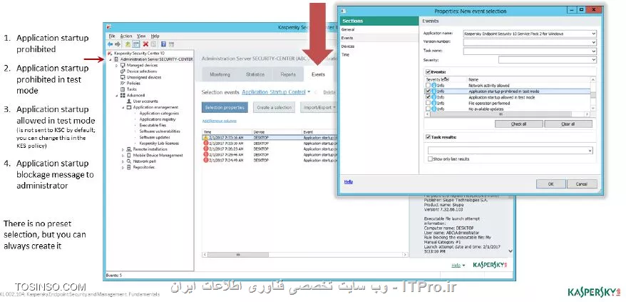 !! مد های Control 
یکی از این دسته مد ها به نام  Application Startup Control است که به صورت پیش فرض در Endpoint کسپرسکی با سرویس پک 1 غیر فعال است . یکی از این دلایل غیر فعال بودن برنامه برای این است که برنامه های اجرایی اطلاعات خودشان را ارسال نکنند بنابراین لازم است که مدیر شبکه قبل از تنظیمات آن را فعال کند . این ابزار برای ایجاد مد های Black list و White list استفاده می شود ، رول های این ابزار دارای پارامتر های زیر هستند :

- Category : یک Application Category را در بخش کسپرسکی سرور ایجاد می کند 

- Trusted updaters : تمامی دسته بندی برنامه ها را به صورت یک اپدیت کننده Trust انجام می دهد 

||https://tosinso.com/files/get/bb21b7fe-a58c-4a5a-aaf6-dfb85aad0658||

||https://tosinso.com/files/get/f7d39323-bfb4-49f5-a01c-1489acf11959||


- Trusted updaters : اگر این رول را فعال کنید در هنگام نصب برنامه ها همراه با بروزرسانی های معتبر انجام شده حتی اگر ان برنامه ها بلاک شده باشند و به صورت پیش فرض این رول فعال است 

- Golden Image : شامل برنامه های اجرایی و فایل های ضروری آنها برای اجرا در سیستم عامل است این فایل ها توسط سیستم عامل پشتیبانی می شوند و برنامه هایی استاندارد هستند . KES قادر است تا جلوی بلاک شدن آنها به صورت تصادفی را بگیرد 

- نحوه یافتن فایل های بلاک شده و ممنوعه 

برای مشاهده این رول ها می توانید از بخش Statistical analysis استفاده کنید و در بخش پالیسی KES لیست برنامه های Startup control را می شود مشاهده کرد . 

||https://tosinso.com/files/get/95650b18-dc1f-46e2-afc2-5e1af15de213||

||https://tosinso.com/files/get/d6f167a8-f3b5-4638-93fd-a8aeab8f7ee8||

||https://tosinso.com/files/get/e2a53e60-d844-4105-afe6-d7321d5bcf6c||

- مشاهده لاگ ها

لاگ های Application Startup به صورت 7 روز نگهداری می شوند و شامل Application startup blockage messege to administrator هست این لاگ ها به صورت 5 نوع عمده هستند :

- برنامه هایی که ممنوع هستند 

- برنامه هایی که بلاک شده اند توسط مدیر شبکه 

- برنامه هایی که به صورت مد آزمایشی ممنوع شده اند 

- برنامه هایی که به صورت مد آزمایشی اجازه داده شده اند 

||https://tosinso.com/files/get/0ad67a26-c0b8-4400-a631-e0a667c1048b||

||https://tosinso.com/files/get/da5e8d42-8d6f-4595-a68d-a6b6149d3f9b||

||https://tosinso.com/files/get/12a6a80e-b035-45a6-90bf-2e69dda056b6||

نویسنده : سید احمد توسلی
منبع : |جزیره امنیت اطلاعات و ارتباطات وب سایت توسینسو::https://tosinso.com/security|
هرگونه نشر و کپی برداری بدون ذکر منبع و نام نویسنده دارای اشکال اخلاقی است


