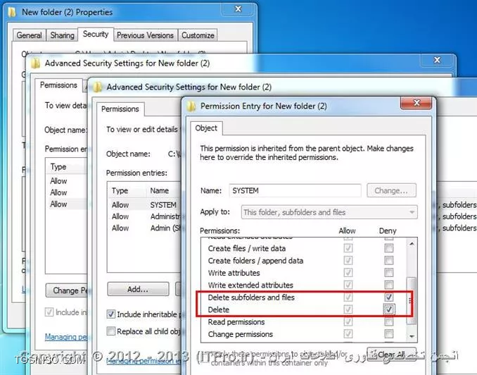 میتونید permission برای کاربراتون تعیین کنید و با Deny کردن دسترسی Modify برای کاربرانتون میتونید اجازه حذف و ویرایش فولدرها یا فایلهاتون رو از آنها سلب کنید.
همچنین در صورتی که تصمیم دارید که کاربرانتون فایلها رو بتونند ویرایش کنند ولی نتونند حذف کنند میتونید در قسمت Advanced با Deny کردن Delete subfolders and files و Delete از کاربر یا کاربران مورد نظر به هدف خود برسید. 
||http://www.tosinso.com/files/get/12b08a6d-6367-4b32-bdcf-c2643fb8e6d2||