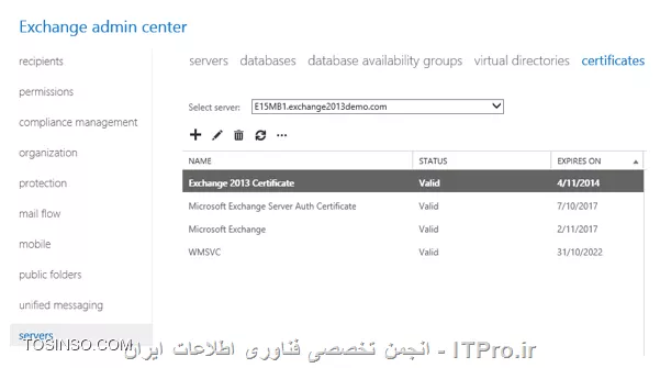 کنسول IIS را باز کنید. دو وب سایت مشاهده می کنید :
# Default Web Site
# Exchange Back End
بر روی هر کدام از اینها کلیک کنید در قسمت سمت راست گذینه Binding را مشاهده می کنید با کلیک بر روی آن کادری شبیه کادر زیر مشاهده می کنید :
||http://network.tosinso.com/files/get/4e33fbf9-5e9e-48e0-ac06-1cf10f0d7e89||
Https را انتخاب و گذینه edit را کلیک کنید و در قسمت SSL Certificate را به Microsoft Exchange تعقیر دهید :
||http://network.tosinso.com/files/get/74fdf138-dfbc-471b-a19c-4d60479dad6b||
بصورت پیش فرض Exchange برای خود یک Certificate بصورت Self-Sign  ایجاد می کند به نام Microsoft Exchange که در کادر بالا روری این Certificate ست شده است.

در محیط وب بیس Exchange در قسمت Certificate می توانید یک Certificate ایجاد یا درخواست کنید.
||http://network.tosinso.com/files/get/12e44385-8806-45b8-b2a8-5f449e491367||
موفق باشید
