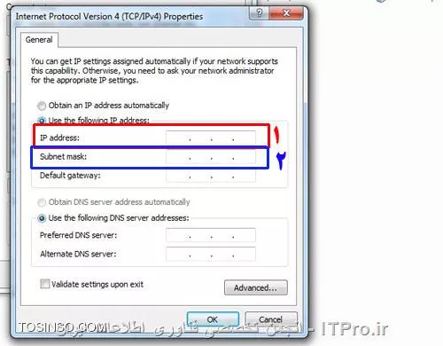 1- اول به قسمت control panel رفته و windows firewall رو غیرفعال کنین
2- اگر آنتی ویروس هم روی سیستمتون دارین موقتا غیر فعال کنین 

فرض کنین 4 تا کامپیوتر دارین:1 و 2 و 3و 4

برای دادن ip و تنظیمات آن اگر ویندوز سیستم ها 7 هست از مسیر زیر بروید:
<ltr>
Start > Control panel > Network and sharing center
<ltr>

||http://network.tosinso.com/files/get/3bd07282-f3ff-4496-a92a-1524f585d21b||
||http://network.tosinso.com/files/get/6d1788e6-c5e0-4a3b-9ed3-857b5130cd92||
||http://network.tosinso.com/files/get/577a8e11-66f9-404f-bf8e-f34b8cbaf1b2||
||http://network.tosinso.com/files/get/13100657-1383-40de-b1ba-4b5d73793d37||

برای کامپیوتر1: 

Ip Address :192.168.1.2
Subnet Mask:255.255.255.0
Default Gateway:192.168.1.1

Preferred Dns Server:4.2.2.4
Alternate Dns Server:192.9.9.3

برای کامپیوتر2:

Ip Address :192.168.1.3
Subnet Mask:255.255.255.0
Default Gateway:192.168.1.1

Preferred Dns Server:4.2.2.4
Alternate Dns Server:192.9.9.3

برای کامپیوتر3:

Ip Address :192.168.1.4
Subnet Mask:255.255.255.0
Default Gateway:192.168.1.1

Preferred Dns Server:4.2.2.4
Alternate Dns Server:192.9.9.3

برای کامپیوتر4:

Ip Address :192.168.1.5
Subnet Mask:255.255.255.0
Default Gateway:192.168.1.1

Preferred Dns Server:4.2.2.4
Alternate Dns Server:192.9.9.3