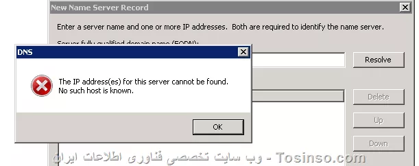 ||https://network.tosinso.com/files/get/69fb9607-95ba-4b98-8385-9c229d89049a||

ببینید. اینجا وقتی به عنوان مثال ns1.examle.com رو وارد میکنم (دامنه خودم رو وارد می کنم) و resolve رو می زنم ریزولو انجام نمیشه و خطا صادر میشه. 
||https://network.tosinso.com/files/get/1351e5ba-d8e1-428e-803d-159a80cf2cc4||
