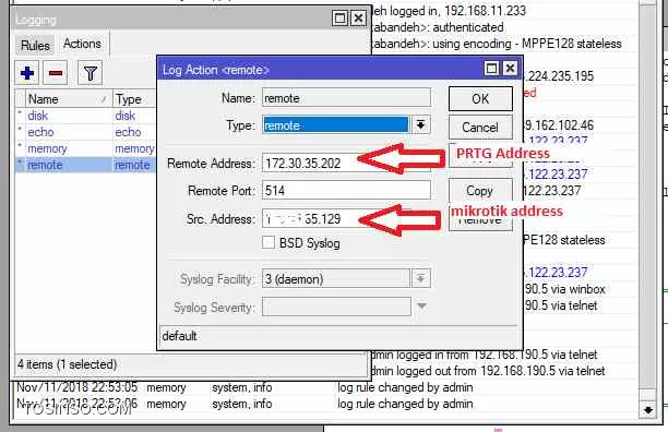 نیازی به تنظیمات snmp نیست.
در میکروتیک باید system logging در تب actions و در تایپ remote آدرس prtg را در فیلد remote address و آدرس میکروتیک را در قسمت src address وارد کنید.
میکروتیک باید با این src address بتواند remote address را پینگ کند (ارتباط داشته باشد)
در تب rules هم برای topic هایی که نیاز دارید action را remote قرار می دهید.
سپس در prtg آدرس ip میکروتیک را بعنوان device اضافه میکنید و syslog receiver را بهش اضافه میکند. با اضافه شدن log جدید ، باید وارد سنسور اضافه شده شوید و در تب messages لاگ های ارسالی از میکروتیک را مشاهده کنید.

برای نمونه چند تصویر از تنظیمات قرار میدهم:

||https://tosinso.com/files/get/1361b6cb-aacf-488b-8935-5be12dcb34be||

||https://tosinso.com/files/get/3a882acd-f950-4216-84bb-aa7ad4e5f0d8||

||https://tosinso.com/files/get/454e1b08-379a-4010-bcf4-eeb06b4c066d||

||https://tosinso.com/files/get/4274b96f-4ada-444d-af2f-20a2c93789b7||
