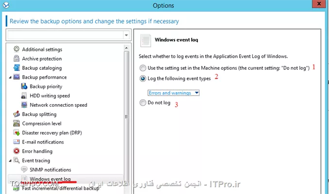 !! Backup Option 
--
در این جلسه قصد دارم تنظیمات مهم Backup Option را توضیح بدم.
هر Backup Plan تنظیمات Backup option خودش را دارد که می توان این تنظیمات را در هر Planی تعقیر داد. 
این تنظیمات بسته به پارامترهای زیر می تواند تعقیر پیدا کند:
* نوع سیستم عامل 
* نوع دیتای که قراره Backup بگیرید (Disk-File)
* محل ذخیره سازی اطلاعات. (Local Disk- Share Storage)
* نوع Backup Scheme
این تنظیمات را می توان در این قسمت به آن دسترسی داشته باشید:
||http://tosinso.com/files/get/4c11bd06-5a0c-45a5-853c-9666d7029eee||
الان یه نگاهی به این تنظیمات بندازیم 
||http://tosinso.com/files/get/b4379cdc-d99d-4fe0-ae4a-adbaa19ac31e||
این تنظیمات در صورتی اعمال می شوند که مقصد فایهای Backup گرفته شده در یک removable media باشد.
# وقتی این گذینه فعال باشد در هر Backup گیری کادری ظاهر می شود که کاربر باید Ok کند. اگر Backup Plan شما بصورت Schedule باشد این گذینه را فعال نکنید.
# با فعال کردن این گذینه عملیات Deduplication فقط در مقصد duplicate at target  اجرا خواهد شد. برای اطلاع بیشتر درباره Deduplication |اینجا ::https://tosinso.com/articles/39125/%da%a9%d8%a7%d9%85%d9%84%d8%aa%d8%b1%db%8c%d9%86-%d8%a2%d9%85%d9%88%d8%b2%d8%b4-%d8%a8%da%a9%d8%a7%d9%be-%da%af%db%8c%d8%b1%db%8c-%d8%a8%d8%a7-%d8%a7%da%a9%d8%b1%d9%88%d9%86%db%8c%d8%b3-(Acronis-Backup)|کلیک کنید.
||http://tosinso.com/files/get/02c621e7-f798-462c-96d6-dec463d6c57e||
در این قسمت می توانید اطلاعات Backup گرفته شده (فایل های Backup گیری) را رمزگذاری کنید یا یک پسورد بر روی آنها ست کنید.
نکته: اگر بعد از ایجاد Backup Plan این Plan اجرا شود. دیگر تنظیمات بالا اعمال نمی شود.
||http://tosinso.com/files/get/59060c52-bddc-439c-a688-1b1ac5a45fc9||
Backup Cataloging یک فهرست از اطلاعات Backup گرفته شده ایجاد میکند تا به آسانی بتوانید Object مورد نظر را پیدا و Recovery کنید.
شما به دو شکل می توانید این قابلیت را تنظیم کنید:
گذینه 1 بصورت پیش فرض فعال است. وقتی این گذینه فعال باشد از حداکثر این قابلیت میتوانید استفاده کنید و جزئیات دقیق تری می توانید داشته باشید. وقتی این گذینه را انتخاب کنید اطلاعات زیر Catalog می شود:
||http://tosinso.com/files/get/ab87d8a8-ad56-4f11-b0ef-386b9c10868d||
گذینه 2 را وقتی فعال می کنیم که سرعت Backup گیری برای سازمان ما مطرح باشد. این گذینه اطلاعات زیر را Catalog می کند.
||http://tosinso.com/files/get/b48ee27e-099f-43b8-afc2-23961932a82f||
نکته: این تنظیمات برای VM ها بصورت Fast Cataloging ست شده است.
||http://tosinso.com/files/get/f860bcd0-2412-4456-a018-2a4998def467||
در این قسمت می توانید مشخص کنید این Backup Plan چه مقدار از منابع سخت افزاری استفاده کند؟؟ که بنا به خواسته شما یا سازمان می توانید این قسمت را تعیین کنید.
||http://tosinso.com/files/get/5e534449-7cee-4368-a4c6-9ed15218f3fb||
وقتی مقصد ذخیره سازی فایلهای Backup  گیری بر روی هارد درایو خود Managed Machine  ست شده باشد (Acronis Secure Zone) این تنظمات اعمال می شود. شما در اینجا می توانید سرعت نوشتن اطلاعات بر روی H.D.D را تنظیم کنید.
||http://tosinso.com/files/get/7c47617f-e669-4a01-89b7-d4dfb01dda4d||
وقتی مقصد ذخیره سازی اطلاعات بر روی شبکه باشد می توانید در این قسمت مقدار استفاده از پهنای باند شبکه را تنظیم کنید.
||http://tosinso.com/files/get/525bb838-d2c0-4b2d-bf09-42769b7b4c4d||
در این قسمت می توانید تعریف کنید که پروسه Backup گیری فایلهای Backup گرفته شده را به چه اندازه ای تقسم کند که دو گذینه داریم:
گذینه اول که بصورت پیش فرض انتخاب شده. وقتی این گذینه انتخاب شده باشد و اطلاعات بر روی درایوهای NTFS ذخیره شود و فضای کافی موجود باشد کل اطلاعات در یک فایل ذخیره می شود.ولی اگر اطلاعات بر روی Fat16 or Fat 32 ذخیره شود فایلهای Backup به قسمت های کمتر از  4G شکسته می شود. همچنان اگر اطلاعات بر روی FTP سرور ذخیره شود فایلهای Backup گیری کمتر از 2G تقسیم می شود. و اگر اطلاعات بر روی SFTP ذخیره شود کل اطلاعات Backup گرفته شده در یک فایل ذخیره می شود و اگر فضای کافی بر روی SFTP وجود نداشته باشد پروسه بکاپ Fail می شود.
گذینه دوم بر اساس مقدار حجمی که در این قسمت وارد می کنید فایلها شکسته می شود. 
||http://tosinso.com/files/get/86be3722-d37c-4d9d-9c36-202cbca69706||
سطح فشرده سازی فایلها بکاپ را می توانید از این قسمت مشخص کنید.
||http://tosinso.com/files/get/dce915fb-73fd-48ae-b43b-1f751f1321c7||
در این قسمت شما می توانید تعیین کنید که وقتی Error ی در حین اجرای Backup اتفاق افتد Acronis چه عکس العملی از خود نشون دهد.
# اگر این گذینه فعال باشد و مشکلی پیش آید که Acronis بتواند آن را هندل کند آن را نشان نمی دهد و پروسه Backup به کار خود ادامه می دهد. ولی اگر اخطاری باشد که باید ادمین آن را برطرف کند (مثلا فضای ذخیره سازی کم) پروسه متوقف می شود و منتظر عالیجناب ادمین می شود.
# این گذینه می تونه خیلی مفید باشه. مثلا فرض کنید پروسه بکاپ به دلایلی متوقف شد اگر این گذینه فعال باشد می توانید تنظیم کنید بعد از چند ثانیه پروسه Backup را تکرار کند اگر دوباره متوقف شد بعد از سپری شدن N ثانیه دوباره پروسه را از سر بگیرد... تا پروسه با موفقیت انجام شود.
# اگر در حین بکاپ هارد دیسک دارای Bad Sectorی باشد و این گذینه فعال باشد. Bad Sector نادیده گرفته می شود.
||http://tosinso.com/files/get/13fe8d69-a340-475e-bac1-5222cdcb9bc4||
در این قسمت می توانید تعیین کنید وقتی خطا و هشداری بر روی Managed Machine رخ دهد این رویدادها کجا ذخیره شود؟
که من تعیین کردم در Event Viewer در قسمت Application log ذخیره شود.
||http://tosinso.com/files/get/002fd6b0-e2f0-4ab8-a0bb-51feeb6dff05||
وقتی گذینه بالا فعال باشد Acronis برای فهمیدن تعقیرات در Fileها از سایز فایل و زمان/تاریخ آن استفاده می کند. اگر گذینه بالا را غیرفعال کنید Acronis یک فایل را در کل Storage  مقایسه می کند و اگر تفاوتی پیدا کرد از این فایل Backup می گیرد. این گذینه بصورت پیش فرض فعال است.
||http://tosinso.com/files/get/7a002afb-acba-4979-b604-d40d90b6247d||
این تنظیمات فقط برای سیستم عاملهای Linux و بر روی Disk-Level و File-Level قابل اعمال است.
این تنظیمات چگونگی گرفتن یک Snapshot از Logical Volume Manager را مشخص می کند. در این قسمت دو گذینه داریم که بصورت پیش فرض بر روی Acronis Backup ست شده .
وقتی گذینه Acronis Backup انتخاب شده باشد عملیات Snapshot بر عهده Acronis می باشد و او تمام تنظیمات لازم را انجام می دهد. 
ولی اگر گذینه Logical volume manager را انتخاب کنید عملیات گرفتن Snapshot بر عهده LVM می باشد.

*نحوه گرفتن Snapshot از LVMها:*
اگر در حین پروسه Snapshot فایلهای Backup گرفته شده تعقیر پیدا کنند و اگر این تعقیرات زیاد باشند این تعقیرات بصورت زیر ذخیره خواهند شد:
Acronis Backup: بیشتر اطلاعات در RAM ذخیره می شود و اگر حجم اطلاعات زیاد باشد آنها را در یک فایل موقت /tmp ذخیره می کند تا بعد آنها را در فایل Backup ذخیره کند.
Logical volume manager: اگر گرفتن Snapshot بر عهده LVM باشد LVM قبل از Snapshot یک Volume با نام Snapshot Logical Volume ایجاد می کند و اطلاعات تعقیر داده شده را در آن Volume ذخیره می کند. و بعد از Snapshot آن Volume را پاک می کند.
نکته: اگر فضای خالی بر روی Volume LVM نباشد Snapshot بصورت Acronis Backup گرفته می شود چون این روش نیازی به ایجاد Volume ندارد.
||http://tosinso.com/files/get/5f0d828d-293a-4412-a46d-938ccbd16209||
وقتی مقصد ذخیره اطلاعات بر روی DVD, CD و Storage های قابل حمل باشد می توانید از این تنظیمات استفاده کنید.
در این قسمت می توانید علاوه بر فایلهای Backup آز آن Storage یک Bootable Media ایجاد کنیدو به راحتی Client/Server را ریکاوری کنید. برای اطلاع بیشتر درباره Componentsها لینک زیر را بخوانید:
|ریکاوری کردن کل سیستم بر روی یک هارد دیسک جدید بوسیله Acronis True Image 2016::https://tosinso.com/articles/41964/%d8%a2%d9%85%d9%88%d8%b2%d8%b4-%d8%b1%db%8c%da%a9%d8%a7%d9%88%d8%b1%db%8c-%d8%a7%db%8c%d9%85%db%8c%d8%ac-%da%a9%d9%84-%d8%b3%db%8c%d8%b3%d8%aa%d9%85-%d8%b1%d9%88%db%8c-%d9%87%d8%a7%d8%b1%d8%af-%d8%ac%d8%af%db%8c%d8%af-%d8%a8%d8%a7-%d8%a7%da%a9%d8%b1%d9%88%d9%86%db%8c%d8%b3|
||http://tosinso.com/files/get/3e37ffe0-4e76-498a-8642-8eb4577c3105||
این قسمت فقط برای سیستم عاملهای ویندوزی و File-Level کاربرد دارد. 
آیا با Mount Point در Windows آشنائی دارید؟ 
||http://tosinso.com/files/get/446f0b89-b18a-416c-9b35-36abef551952||
چیز اسونیه ولی اسمش گندس :D
فرض کنید فولدر G:\Data1 را به عنوان Mount Point ایجاد کرده اید و این MP دارای دو فولدر x1 and x2 می باشد. 
اگر حین Backupگیری از درایو G گذینه Backup mount points ' target را فعال کنید فولدرهای x1 and x2 شامل پروسه Backup می شوند و اگر این گذینه فعال نباشد از محتویات MP بکاپ گرفته نمی شود.
اگر بصورت نورمال پوشه های Data و X1 and X2 برای Backup انتخاب کنید نیازی به فعال یا غیرفعال کردن گذینه بالا ندارید.
||http://tosinso.com/files/get/b6055154-7a69-4f6b-8583-a1cfad26cf69||
فقط برای پلتفرمهای ویندوزی و File-Level کاربرد دارد. 
# اگر این گذینه فعال باشد از NTFS Permission فایلها هم Backup گرفته می شود. اگر غیرفعال باشد هنگام ریستور فایلها Permissionها را از فولدر بالا دستی به ارث می برد.
# اگر این گذینه فعال باشد و از فایلهای که رمزگذاری شده باشد Backup بگیرید هنگام ذخیره این Backup در Storage اکرونیس این فایلها را رمزگشای می کند و در نتیجه بعد از ریستور همه کاربران می توانند به این فایلها دسترسی داشته باشند.
||http://tosinso.com/files/get/7ff7136e-c093-4fe3-bfcf-bee90f9bb7e9||
  فقط برای پلتفرمهای Windows کاربرد دارد.
اگر این قسمت را فعال کنید از تمام Volume در آن واحد یک Snapshot تهیه می کند وگرنه یکی پس از دیگری از آنها Snapshot تهیه می کند.
||http://tosinso.com/files/get/091dd484-4085-486d-84bc-de8268a0877b||
این قابلیت فقط برای بکاپهای Disk-Level کاربرد دارد.
اگر این قسمت را فعال کنید از سکتور، سکتور هارد دیسک Backup می گیرد. و برای جاهائی که Acronis فایل سیستم دیسکی را پشتیبانی نمی کند کاربرد دارد.
||http://tosinso.com/files/get/e06c4455-fbc0-47e9-93a4-dc76523e40f4||
این قسمت فقط برای پلتفرمهای Windowsی کاربرد دارد.
شما در اینجا می توانید VSS را تنظیم کنید ولی قبل از اینکار یه توضیح کوتاه درباره VSS Write بدم که دید بهتری نسبت به این تنظیمات داشته باشیم
VSS Writer سرویسی در Volume Shadow Copy Service می باشد که به Application های Backup گیری می فهماند چگونه از یک برنامه و داده های آن Backup بگیرد. مثلا Exchange از Microsoft Volume Shadow Copy Service برای اینکار استفاده می کند یا بعضی از برنامه ها VSS خاص خودشون را دارند. یا بعضی از دیوایسهای ذخیره سازی برای گرفتن Snapshot از یک برنامه، از Hardware VSS خود استفاده می کنند مثل سناریوهای Off-Host.
خب شما در این قسمت می توانید تنظیم کنید از VSS استفاده شود یا نه؟ یا اگر از VSS استفاده شود چه نوع VSS استفاده کند؟
||http://tosinso.com/files/get/4177596c-87dd-4b03-bbe6-928c1ce27cd2||
# Acronis اول چک می کند برنامه مورد نظر از Hardware VSS استفاده می کند یا نه؟ اگر نه از Software-based provider استفاد می کند و در آخر چک می کند ازکدام VSS استفاده کند؟ Acronis VSS یا Microsoft VSS.
# اگر این گذینه انتخاب شود Acronis از VSS خود برنامه استفاده می کند اگر VSS برنامه مورد نظر تشخیص داده نشد Acronis ازAcronis VSS or Microsoft VSS استفاده می کند.
# از VSS اکرونیس استفاده می کند.
# از Microsoft VSS استفاده می کند. اگر قصد تهیه Backup از AD, Exchange, SQL, SharePoint را دارید از این گذینه استفاده کنید.
# با انتخاب این گذینه Acronis فقط از VSS برنامه مورد نظر استفاده می کند.
# از Hardware VSS استفاده می کند.
در آخر گذینه Enabling VSS Full backup را درصورتی انتخاب کنید که قصد تهیه Backup بصورت Disk-Level از Exchange را داشته باشید. اگر این گذینه فعال باشد بعد از تهیه بکاپ اکرونیس Log file ها را Truncated می کند (حذف می کند)
نکته: اگر Acronis Backup agent for Exchange یا برنامه دیگری از اطلاعات Exchange بکاپ تهیه می کند این گذینه را فعال نکنید.

موفق و پیروز باشید. 

نویسنده: احمد جهلولی 
منبع: |جزیره راهکارهای ذخیره سازی اطلاعات وب سایت توسینسو ::https://tosinso.com/virtualization|
نشر و کپی برداری، صرفاً با ذکر نام نویسنده و منبع مجاز می باشد. 