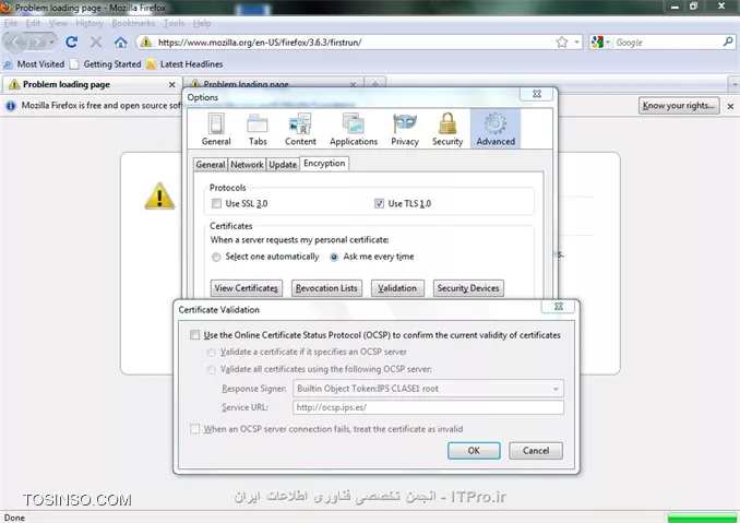 با سلام امیدوارم روش های زیر مفید باشه 
اولین روش غیر فعال کردن پروتکل SSL در نرم افزار ESET NOD 32  مانند تصویر زیر می باشد .
||http://icdl.tosinso.com/files/get/3effeb1d-9f83-4893-ade3-0fdeee641afb||

روش دوم غیر فعال کردن کلیه تنظیمات کادر certificate validation در تنظیمات Option  موزیلا فایرفاکس مانند تصویر زیر
||http://icdl.tosinso.com/files/get/14fa1bc9-a16c-4267-abdb-b6c4954c64b2||

روش سوم وارد کردن نام سایت هایی که باز نمی شوند در بخش Content و در بخش Exceptions می باشد . مانند تصویر زیر
||http://icdl.tosinso.com/files/get/254ad7a6-03b8-4c10-aeb5-df4e18e3d5d1||

و یا نهایتا در بخش تنظیمات Certificate Manger گواهی های لازم برای وب سایت ها را Import نمایید.
||http://icdl.tosinso.com/files/get/1bc0c7cd-fe85-400b-b3f6-98aab4b319f4||
و نهایتا لینک زیر شاید بتونه کمک نهایی رو به شما انجام بدهد
|لینک ساپورت موزیلا فایرفاکس::https://support.mozilla.org/en-US/kb/secure-connection-failed-error-message?redirectlocale=en-US&redirectslug=Secure+Connection+Failed|