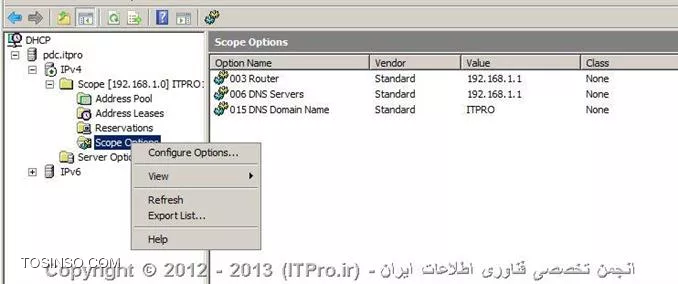 DHCP  یا Dynamic Host Configuration Protocol هسته ی یکی از سرویس های زیرساختاری شبکه محسوب می شود که مسئولیت ارائه IP آدرس ها و اطلاعات مربوط به DNS  سرورها به کلاینتها را بر عهده دارد. درمقاله |DHCP Option::http://www.tosinso.com/Articles/Details/541/DHCP%20Options| به معرفی Option ها و گزینه هایی که در نصب سرویس DHCP در ویندوز سرور 2008 به دانستن مفهوم آنها نیازمند بودیم پرداختم.در این مقاله به صورت تصویری نحوه ی نصب رول DHCP را توضیح خواهم داد و نگاهی گذرا به کنسول مدیریتی DHCP در ویندوز سرور 2008 خواهم داشت.

جهت نصب رول DHCP ، اولین موردی که باید به آن توجه داشت و پیش از نصب ،تنظیم مربوط به آن را چک کرد،داشتن Static IP سروری است که قصد نصب رول DHCP بر روی آن را دارید.در صورتی که سرور دارای Static IP نباشد،شما قادر نخواهید بود رول DHCP را بر روی آن نصب کنید.بعد از دادن IP دستی به سرور یا همان تنظیم Static IP باید طراحی های لازم جهت راه اندازی سرویس DHCP را انجام دهید.در طراحی باید موارد زیر را در نظر بگیرید:

* شبکه ای که قصد نصب این سرویس را بر روی آن دارید دارای چند سابنت و چه رنج IP می باشد؟
* IP آدرس های مر بوط به DNS سرور ،Default Gateway  و  دیگر سرورهای حیاتی و مهم در شبکه ،چه IP هایی هستند؟
*  سرویس DHCP مسئولیت ارائه خدمات به چندین کلاینت یا Device را در شبکه دارد؟
* سروری که قرار است سرویس DHCP بر روی آن نصب شود دارای چند کارت شبکه است ؟
* آیا نیاز شما اقتضا میکند که به روی هرکارت شبکه یک Scope  طراحی کنید یا نه ؟
* متناسب با تعداد کارتهای شبکه،چندین Scope خواهید داشت و کدام Scope بر روی کدام کارت شبکه قرار خواهد گرفت؟
* هر Scope باید از چه رنج IP شروع و تا چه رنج  IP ادامه داشته باشد.بهتر است Scopeها از قبل تعیین شوند.
* رنج IP مربوط به Exclusion Range را مشخص کنید.
* پیشنهاد می شود کلاینتهایی را که می خواهید IP آنها در Reservation Range قرار گیرند را مشخص کنید تا از قلم نیفتند.

!! نصب DHCP Role
جهت نصب رول DHCP ابتدا باید وارد کنسولServer Manager شوید،سپس گزینه Add Roles را انتخاب کنید:

 ||http://www.tosinso.com/files/get/49e7db6a-f526-430f-b283-eef0c7313ab5||
||http://www.tosinso.com/files/get/5ac7cf32-5bb3-4e9b-ba6e-ac73fd9855d5||
 سپس در میان رولهای نمایش داده شده در پنجره زیر،رول DHCP را تیک دارو گزینه Next را انتخاب کنید:

||http://www.tosinso.com/files/get/05e5b9ba-1932-4229-ad65-9ea4b7eeff08||
در صورتی که به سرور خود Static IP نداده باشید،در این مرحله اخطاری مبنی بر Static IP نبودن سرور و عدم امکان نصب رول DHCP را دریافت خواهید کرد.
در مرحله بعدی تعداد کارتهای شبکه ای که در سرور شما وجود دارند و شما می خواهید به روی آنها Scope های خود را تعریف کنید، نمایش داده خواهدشد. هرکدام از کارت شبکه هایی که می خواهید Scope های خود را به روی آنها تعریف کنید ،انتخاب یا تیک دار کنید.اصطلاح Connection Binding یعنی اینکه کدام رنجهای IP بر روی کدام کارت شبکه قرار گرفته باشند. 
همچنین شما درحین نصب رول DHCP  میتوانید دیگر تنظیمات مربوط به Scope ها را هم انجام دهید.در صورتی که تمایل داشته باشید Scope های خود را در همان کنسول مدیریتی DHCP انجام دهید،میتوانید از این مراحل بدون پر کردن گزینه های آن بگزرید.در اینجا ما انجام تنظیمات مربوط به Scope ها را به کنسول مدیریتی DHCP واگذار خواهیم کرد.

 ||http://www.tosinso.com/files/get/d954be2c-3741-4e67-87d9-2f18a1386ca6||
سپس در این مرحله مشخصات مربوط به Parent Domain یا دومینی که می خواهید DHCP  سرور بر روی آن فعالیت داشته باشد و همچنین مشخصات مربوط به DNS Server را وارد کنید و سپس گزینه Validate  را انتخاب کنید تا معتبر بودن DNS سرور شما بررسی و تایید شود.در صورت درست بودن IP مربوط به DNS سرور ، عبارت Valid همراه با تیک سبز رنگ در زیر آن قسمت ظاهر خواهد شد.در نهایت گزینه Next  را انتخاب کنید.

 ||http://www.tosinso.com/files/get/047dd83e-aab9-4ec0-9fa9-ef2a23c0e9e2||
در این مرحله در مورد سرویس WINS از شما سوال پرسیده می شود.در صورتی که در شبکه خود از این سرویس استفاده میکنید در اینجا IP مربوط به سرورهای آن را باید وارد کنید در غیر اینصورت گزینه اول را انتخاب و Next را بزنید:

 ||http://www.tosinso.com/files/get/c8f90b3b-bced-48bf-9612-0c8f1d61b39a||
همانطور که در بالانیز اشاره کردم شما میتوانید در حین نصب رول DHCP ، Scopeهای خود را نیز تعریف کنید .اینکار را در این مرحله از نصب رول می توانید انجام دهید.جهت تعریف Scope  کافی است گزینه Add را زده و اطلاعات خواسته شده مربوط به آن Scope را نیز وارد کنید.در غیر اینصورت گزینه Next را انتخاب کنید و وارد مرحله بعد شوید.
 
||http://www.tosinso.com/files/get/5a9b42e5-6711-44c5-8caa-de4dee95a345||
||http://www.tosinso.com/files/get/ae7a8e02-c12b-4299-9df7-3444b4a306d3||

در این مرحله در صورتی که از IPV6 استفاده میکنید میتوانید گزینه اول را جهت فعالسازی DHCPV6 انتخاب کنید.در غیر اینصورت گزینه دوم را انتخاب و Next را بزنید.
 
||http://www.tosinso.com/files/get/7e1dc8f1-17c7-45d1-b44f-abdf4f620325||

همانطور که از عنوان این پنجره بر می آید،در این قسمت نحوه Authorize کردن را انتخاب میکنید.اکتیودایرکتوری لیستی از DHCP سرورهای مجاز را در خود ذخیره میکند .جهت ذخیره و معرفی این DHCP سرور به اکتیودایرکتوری ،در این قسمت کاربری که در اکتیودایرکتوری است را وارد میکنید.در گزینه اول کاربری که با آن مشغول نصب این سرویس می باشید را انتخاب میکند که معمولا این کاربر ادمین است.در گزینه دوم شما نام کاربر دیگری را میتوانید وارد کنید.در گزینه ی آخر هم می توانید از ذخیره و معرفی این DHCP سرور به اکتیودایرکتوری خودداری کنید و گزینه Next را انتخاب کنید.اما همانطور که میبینید در پایین گزینه سوم به شما این هشدار را میدهد که این DHCP سرور برای اینکه بتواند در اکتیودایرکتوری سرویس دهد باید در آن Authorize شود.به هر حال این انتخاب شما می باشد.در نهایت گزینه Next را انتخاب کنید.

||http://www.tosinso.com/files/get/eabf314e-768e-4890-88cc-f4cadc3d7c7a||
 
در آخر خلاصه ای از اطلاعاتی که وارد کرده اید را به شما نمایش میدهد  و شما با زدن کلید Install این اطلاعات را تائید و نصب رول DHCP را آغاز میکنید.در صورتی که قسمتی از اطلاعات به درستی وارد نشده است گزینه  Previous را انتخاب و آن قسمت مورد نظر را اصلاح کنید.

||http://www.tosinso.com/files/get/7cf3ecd5-e7f5-4656-b614-a0ea465ad130||
 
با انتخاب گزینه Install ، رول DHCP شروع به نصب میکند.

||http://www.tosinso.com/files/get/be4b7009-f294-4b9d-9161-aa79f43cf497||
 
و در نهایت رول DHCP نصب می شود:
 
||http://www.tosinso.com/files/get/ab71f3f7-eae5-4fe1-900c-ecf8be4eeb96||

جهت وارد شدن به کنسول مدیریتی DHCP سرور از طریق منوی استارت،گزینه Administrative Tools و سپس DHCP را انتخاب کنید یا در Run تایپ کنید: dhcpmgmt.msc

شکل زیر نمایی از کنسول مدیریتی DHCP سرور است:

||http://www.tosinso.com/files/get/9d02c750-7c35-4dc4-9607-627f90456827||

!! ایجاد Scope جدید
برای ایجاد یکScope جدید در کنسول مدیریتی DHCP ،بر روی IPV4 راست کلیک کرده و گزینه New Scope را انتخاب کنید.سپس مراحل زیر را با دقت دنبال کنید:
 
||http://www.tosinso.com/files/get/34d01466-0152-4896-8166-7742f011fd8f||
||http://www.tosinso.com/files/get/b252e709-06b6-4010-9263-7b276c3ccf82||
 
در این پنجره باید برای Scopeی که می خواهید ایجاد کنید نامی انتخاب کنید و برای آن می توانید توضیحاتی را در قسمت Description اضافه کنید.Description در مواقعی که تعداد Scope ها زیاد باشد بسیار کاربردی می باشد.سپس گزینه Next را انتخاب کنید:

||http://www.tosinso.com/files/get/9fe64976-e2b7-4ee8-a34d-03144fc29c63||
 
در این پنجره،رنج IP ی که می خواهید آن Scope داشته باشد را مشخص می کنید.به خاطر داشته باشد که در End IP ، 8 کاراکتر آخر نمی تواند بیشتر از 254 باشد(همانطور که می دانید از 255 جهت Broadcast استفاده می شود). متناسب با رنج IP ی که واردمیکنید و کلاسی که آن رنجIP دارد،در قسمت پایین به صورت خودکار Subnet پر می شود:

||http://www.tosinso.com/files/get/47653958-410e-44a5-b8e7-0848a93487fa||
 
در پنجره بعدی شما آن رنجی را که می خواهید به عنوان Exclusion Range در نظر بگیرید را تعریف میکنید.شما می توانید بیش از یک Exclusion Range تعریف کنید.همانطور که میبینید در اینجا دو رنج IP برای Exclusion Range در نظر گرفته شده است:
 
||http://www.tosinso.com/files/get/a4f5cca4-1815-44ae-b36d-1cdd28af941b||

همانطور که از اسم این پنجره بر می آید،شما در اینجا مدت زمانی را که می خواهید IP ها را به کلاینتها قرض بدهید را تعریف می کنید،این مدت زمان یا همان Lease Duration به صورت پیش فرض 8 روز در نظر گرفته شده است که می توانید آن را تغییر دهید:
 
||http://www.tosinso.com/files/get/1fa23d7d-5a2b-4f5b-869f-22e83d7dde20||

در پنجره بعدی مشخص میکنید که آیا می خواهید تنظیمات مربوط به Option های DHCP را انجام دهید یا نه؟در اینجا جهت انجام این تنظیمات گزینه اول انتخاب شده است:

||http://www.tosinso.com/files/get/4ceda800-8a6c-42b8-bc71-0fe5f861c063||
 
Default Gateway های خود را در این قسمت تعریف و سپس Next را انتخاب کنید:

||http://www.tosinso.com/files/get/0a0c83ef-0d91-43c0-a71e-efbd5718af35||
 
در مرحله بعدی نام دومین و مشخصات مربوط به DNS Server را وارد کنید و گزینه Next را انتخاب کنید:

||http://www.tosinso.com/files/get/0d7d3874-6843-4b34-b2b7-09fbfae2d0b7||
 
در صورتی که از سرویس WINS استفاده میکنید اطلاعات مربوط به آن را وارد کنید ،در غیر اینصورت هم مجددا گزینه Next را انتخاب کنید:

||http://www.tosinso.com/files/get/2240e1fe-d43e-46a4-acea-a66de90341e7||
 
در این پنجره از شما پرسیده می شود که آیا می خواهید Scope مورد نظر را فعال کنید یا خیر؟در اینجا گزینه اول جهت فعالسازی Scope انتخاب شده است:
 
||http://www.tosinso.com/files/get/ae9083c0-05aa-4546-8595-30643ec0ff85||

و در نهایت با انتخاب گزینه Finish ،Scope  مورد نظر شما ایجاد خواهد شد:

||http://www.tosinso.com/files/get/51623f82-3668-4d53-b0c8-d0787a10bc3c||
 
و این هم نمایی از Scope ی که ایجاد کرده اید:

||http://www.tosinso.com/files/get/883a7d9c-1a06-417e-a07a-e6b23a5ec24f||
 
!! Scope Options
*Address Pool:*
کلیه IPهای مربوط به Scopeی که تعریف کرده اید در این قسمت قرار دارند.

*Address Lease:*
هر کلاینتی که در شبکه بالا بیاید و از سرویس DHCP ، IP دریافت کند در قسمت Address Leases ظاهر خواهد شد.

*Reservation:*
جهت اختصاص دادن Static IP به برخی از کلاینتهای بخصوص در این قسمت می توانید IP را برای آن کلاینتها را تعریف کنید.بر روی Reservation راست کلیک کرده و New Reservation را انتخاب کنید و سپس اطلاعاتی که از شما خواسته شده است را وارد کنید:
 
||http://www.tosinso.com/files/get/b47b5539-2d25-4c5f-b24d-f18d5fc240f3||
||http://www.tosinso.com/files/get/e98f70a0-d7bf-48f1-8320-e8e8f797e3f0||
 
*Scope Option:*
در این قسمت می توانید تنظیمات مربوط به Scope را ایجاد یا تغییر دهید.بر روی Scope option راست کلیک و گزینه Configure Option را انتخاب کنید:
 
||http://www.tosinso.com/files/get/1519b44e-51b7-4855-90d5-944f365797c0||
||http://www.tosinso.com/files/get/124f24c0-3cf9-4966-8522-dc9ef93f2115||
 
!! نتیجه گیری
DHCP یکی از سرویس های پایه ای و اساسی در شبکه محسوب می شود که تعریف،نصب و راه اندازی آن همانند دیگر سرویس های مهم شبکه نیازمند دقت و طراحی  می باشد.در این مقاله سعی شد نگاهی بر مبانی لازم جهت نصب و راه اندازی این سرویس مهم را  ارائه دهم.


نویسنده : فاطمه قرباوی
منبع : |جزیره سرویس های شبکه مایکروسافت وب سایت توسینسو::https://tosinso.com/microsoft|
هرگونه نشر و کپی برداری بدون ذکر منبع دارای اشکال اخلاقی می باشد. 