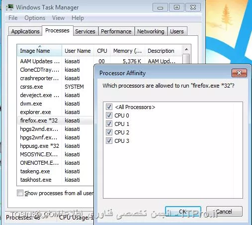 سلام دوست عزیز. احتمالاً با اجرای این برنامه های خاص  CPU شما بصورت کامل درگیر عملیات پردازش می شود. شما میتوانید از طریق روش زیر  سطح در اختیار گرفتن CPU به این برنامه را کاهش دهید: (البته با در نظر گرفتن چند هسته ای بودن CPU)
1-ابتدا برنامه خاص را اجرا کنید سپس با استفاده از کلیدهای Ctrl+Shift+ESC برنامه Task MAnager را باز نمائید.
2- در تب Applications نام برنامه را پیدا کرده و روی آن راست کلیک و سپس گزینه Go to Process را انتخاب نمائید.
3- با انجام این کار مستقیماً وارد Process مربوط به برنامه میشوید حال طبق تصویر زیر بر روی Process مورد نظر راست کلیک کرده و گزینه Set Affinity را انتخاب نمائید:
 
||http://hardware.tosinso.com/files/get/1553c019-b827-4cf2-bedd-4eb0a2b13564||
4- همانگونه که ملاحظه می نمائید شما قادر خواهید بود در این قسمت درصد اختصاص Cpu به  Process را کمتر نمائید.

نهایتاً علاوه بر موراد مذکور، یکی از دلایل صدای فن دمای زیاد CPU و سیستم است که میتوانید از نکات لینک زیر جهت خنک کردن لپ تاپ استفاده نمائید:

|نکاتی برای خنک کردن یک لپتاپ داغ::https://tosinso.com/articles/42669/%d9%85%d8%b9%d8%b1%d9%81%db%8c-5-%d9%86%da%a9%d8%aa%d9%87-%d9%85%d9%87%d9%85-%d8%a8%d8%b1%d8%a7%db%8c-%d8%ae%d9%86%da%a9-%da%a9%d8%b1%d8%af%d9%86-%d9%84%d9%be-%d8%aa%d8%a7%d9%be-%d8%af%d8%a7%d8%ba-%d8%a8%d9%87-%d8%b2%d8%a8%d8%a7%d9%86-%d8%ae%db%8c%d9%84%db%8c-%d8%b3%d8%a7%d8%af%d9%87|
