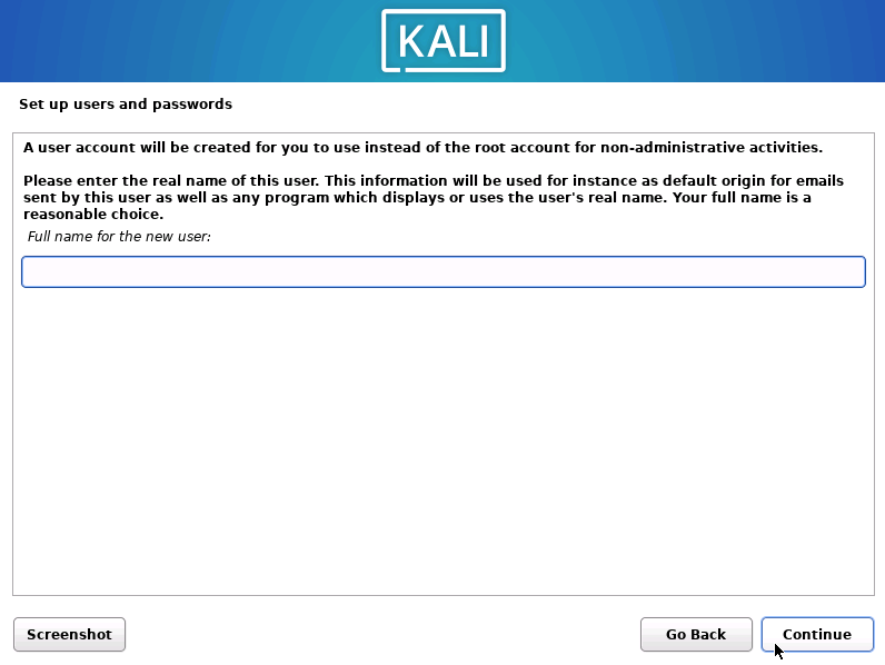 انتخاب نام کاربری برای کالی لینوکس