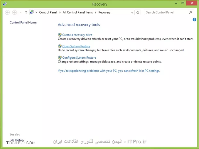 !! ُSystem Restore چیست ؟
--
System Restore به ما کمک می کند که تنظیمات فعلی سیستم عامل و فایل‌های سیستمی آن را به زمان گذشته بازگردانیم. این راهی است برای برگرداندن تغییرات سیستمی بدون ایجاد تغییرات بر روی فایل های شخصی مثل؛ E-mail, documents یا photos ، بعضی وقتها نصب یک برنامه یا یک درایور می تواند یک تغییر ناگهانی در کامپیوتر ایجاد کند یا اینکه به دلیل یک حرکت پیش بینی نشده ویندوز باشد.معمولا uninstall کردن یک برنامه یا یک درایور مشکل را رفع می کند. اگر uninstall کردن مشکل را رفع نکرد میتوانیم از روش بازگردانی ویندوز به زمان قبل، زمانی که همه چیز به درستی و بدون مشکل کار می کرد.System Restore از یک قابلیت استفاده می کند که به آن system protection گفته میشود که به طور منظم Restore point ایجاد و آن را ذخیره می کند. Restore point شامل اطلاعاتی درباره تنظیمات رجیستری و اطلاعات دیگر سیستم که ویندوز از آنها استفاده می کند. همچنین می توان Restore point  را به صورت دستی هم ساخت.

!! Restore Point  چیست؟
--
Restore Point یکی از اجزای System Restore می‌باشد. با ایجاد یک ریستور پوینت، اکثر داده‌ها، فایل‌ها و تنظیمات مهم سیستم عامل در زمان ساخته شدن، ذخیره شده و نگه داری می‌شود. درصورتی که بعدها سیستم عامل شما دچار اشکالاتی شد، می‌توانید از ریستور پوینتی که قبلا تهیه کرده اید، استفاده کنید و آن ریستور پوینت را برگردانید تا تنظیمات سیستم عامل به زمانی که ریستور پوینت را ایجاد کرده اید، تغییر یابد.Restore Pointها فایل‌های با پسوندهای خاص (مانند EXE، OCX و... ) و اطلاعاتی از قبیل موارد زیر را می‌تواند نگه داری می‌کنند:

* تمام داده‌های رجیستری
* پروفایل کاربر محلی (نه همه کاربران)
* تمام فایل‌های مربوط به Windows File Protection و Windows Resource Protection
* و موارد دیگر ...

توجه کنید که ممکن است برنامه‌های نصب شده (و در مواردی بسیار خاص، فایل‌های غیر سیستمی) در طی فرایند بازگردانی ریستور پوینت، از دست بروند.Restore Pointها فقط موارد خاصی از تنظیمات و فایل‌های سیستم عامل را نگه داری می‌کنند و فایل‌های شخصی شما قابل بازگردانی از طریق System Restore نیست.لازم است به این نکته توجه کنید که درصورتی که هیج Restore Pointای از قبل ایجاد نکرده باشید، نمی‌توانید تنظیمات سیستم عامل را به تنظیمات زمان گذشته تغییر دهید. قبل از تغییر هرگونه تنظیمات در سیستم عامل (که از نحوه عملکرد آن‌ها اطلاع نداشته باشید) بهتر است یک Restore Point ایجاد کنید.

!! بازگردانی ویندوز با System Restore
--
کلید‌های  win key + Qرا با یکدیگر فشار دهید تاsearch  یا بخش جستجوی ویندوز برای شما باز شود. در مستطیل سرچ ویندوز کلمه Recovery را تایپ کنید.

||http://tosinso.com/files/get/07cd6b2d-e1c3-49b9-9523-b44204bff3f9||

سپس با کلیک بر روی Recovery options  کلیک کنید به بخش بازیابی ویندوز هدایت خواهید شد. در صفحه‌ای که باز خواهد شد و شبیه به تصویر پایین است گزینه Open System Restore را انتخاب کنید. به صورت پیش‌فرض آخرین Restore Point به شما نشان داده خواهد شد. 

||http://tosinso.com/files/get/15a5b40f-1e53-48f5-86d9-61cab20583c6||

حال برای اینکه شما سیستم خود را به آخرین نقطه بازگشت بازگردانید، بر روی گزینه Next کلیک کنید .

||http://tosinso.com/files/get/5b7b9725-6c67-435c-86c5-3097c51c6ae0||

در پنجره بعدی لیست یک یا دو تا از آخرین restore pointها را به صورت پیش فرض نشان می دهد.

||http://tosinso.com/files/get/5d76cbc7-ef10-4817-ae4d-e52dc3a64e92||

با انتخاب گزینه Show more restore points می توانیم بقیه Restore pointها رو ببینیم. و هر کدام را که می خواهیم انتخاب کنیم. سپس بر روی Next کلیک می کنیم.

||http://tosinso.com/files/get/cf4a1f61-c116-40b5-99e5-9b19ea99434d||

با کلیک بر روی Scan for affected programs شما می توانید لیست برنامه ها و درایورهایی که پاک می شوند را در کادر بالا ببینیم.و همچنین در کادر پایین برنامه ها و درایورهایی که ممکن است بعد از restore به درستی کار نکنند و نیاز به نصب مجدد دارند را نشان می دهد.در مرحله آخر Finish  را انتخاب کنید.

||http://tosinso.com/files/get/4ba5eecd-dbf0-485d-ab71-56103c7abf43||

||http://tosinso.com/files/get/ac28365f-d9bd-4aef-ba82-c9da5dc78304||

!! روش ایجاد Restore Point
--
 اگر بخواهیم همین الان یا در هر زمان دلخواه به صورت دستی یک نقطه بازگشت بسازیم از این روش استفاده می‌کنیم:

1-با win key+ x منوی زیر باز می شود.

||http://tosinso.com/files/get/fd458697-a953-4a5e-9bc9-9b09dcdfc5ff||

2-روی گزینه system  کلیک می کنیم. پنجره System باز می شود.

||http://tosinso.com/files/get/adfd46ff-108f-4730-8b85-d906fff5f333||

3-روی System protection کلیک می کنیم.

||http://tosinso.com/files/get/84065e08-7dc3-47f4-ae50-d27167183d1b||

4-با انتخاب گزینه Create به صورت دستی می‌توانید نقطه بازگشتی دلخواه را برای سیستم خود بسازید. از شما درخواست خواهد شد تا نقطه بازگشت را  نام‌گذاری کنید تا در آینده به راحتی مورد شناسایی قرار گیرد. نام دلخواه و مناسبی را بنویسد و Create را کلیک کنید.

||http://tosinso.com/files/get/f81948ad-0228-497c-a172-8ef6fd0843f5||

و بعد از آن کادر زیر را می بینیم. چند لحظه منتظر می مانیم تا restore point ساخته شود.

||http://tosinso.com/files/get/691e2b55-e6f2-4ae4-88d4-fc457bec3687||

 با دیدن پیغام زیر مطمئن می شویم که با موفقیت ساخته شده.

||http://tosinso.com/files/get/6aadaeeb-cc22-4eed-8e58-c28a52caff37||

نویسنده : سیمین سرداریان
منبع : |جزیره سرویس های شبکه مایکروسافت وب سایت توسینسو::https://tosinso.com/microsoft|
هرگونه نشر و کپی برداری بدون ذکر منبع و نام نویسنده دارای اشکال اخلاقی می باشد