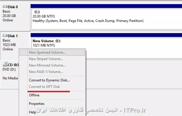 زمانی که هارد جدید رو به سیستم وصل میکنید و در disk managment میرید پیغامی مبنی بر این میاد که شما MBR میخوایید یا GPT اگر این پیام رو جواب ندادید روی هارد در همون Disk Managment  راست کلیک کنید و initialize disk رو بزنید میتونید MBR یا GPT کنید مطابق تصویر زیر
||http://network.tosinso.com/files/get/d92ce6e3-a6b6-4763-a0c7-0eb5bad45821||
||http://network.tosinso.com/files/get/eb841b6c-71ff-447a-adc0-3e6fcf9940fd||
اگر شما MBR زده باشید و بخوایید تبدیلش کنید به GPT باید روی همون دیسک راست کلیک کنید و Convert to Gpt بزنید یا اگر GPT بزنید میتونید convert to mbr بزنید  اما کلاً حالت convert روی دیسک های unaloucated کار میکنه
||http://network.tosinso.com/files/get/4c941e45-fc10-449b-82fe-4629b7308a5d||
و اگر شما پارتیشنی رو برای هاردتون در نظر گرفته باشید نمیتونید convert رو بزنید
||http://network.tosinso.com/files/get/15b9f548-524c-4b37-b6c1-7e0d3510c958||
این موارد در ویندوز هست ولی شما میتونید توسط انواع نرم افزار های جانبی دیگه این کار رو انجام بدید