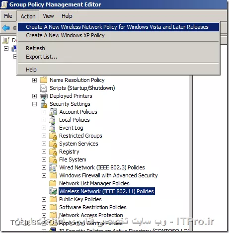 سلام
به واقع شما از تنظیمات پالیسی برای Wireless Network ها نمی تونید به این شکل برای غیر فعال کردن کارت شبکه وایرلس استفاده کنید، اما دو راه دارید:
1. Notepad را باز کنید و دستور زیر را در آن وارد کنید:
<c#>
 netsh interface set interface name=wifi admin=disabled
<c#>
فایل را با پسوند (bat.) ذخیره کنید بعد به Group Policy برید و یک  Log on/Start up Script ایجاد کنید و فایلی که درست کردید را وارد کنید و سپس به OU مورد نظر لینک کنید.
فقط این رو در نظر بگیرید که ممکن نام همه کانکشن ها برای Wireless Network
<c#>
wifi
<c#>
نباشد.
2. یک پالیسی با نام مناسب بسازید سپس بر روی آن کلیک راست و Edit را انتخاب کنید و به مسیر زیر برید
<c#>
Computer Configuration > Policies > Windows Settings > Security Settings > Wireless Network (IEEE 802.11)
<c#>
بر روی قسمت آخر کلیک راست کنید یا آنرا انتخاب و در قسمت Menu Bar بر روی Action کلیک و Create A New Wireless Network Policy for Windows Vista and Later Releases انتخاب کنید
||http://network.tosinso.com/files/get/15cdcfc6-ee5b-476b-8e9f-bc5d888d26fb||

در قسمت Policy Name یک نام مناسب وارد کنید و اطمینان حاصل کنید که تیک قسمت Use Windows WLAN AutoCOnfig service for clients خورده باشد.
||http://network.tosinso.com/files/get/11938b9a-1ffa-4244-a2e9-ee7b33cb3d60||

در همین پنجره به تب Network Permissions برید و بر روی Add کلیک کنید.
||http://network.tosinso.com/files/get/2343aa86-968e-4fac-82ec-2a6b3d6a9d02||

در این قسمت اسم SSID که قرار غیر فعال کنید را وارد کنید (مثلا: dlink) و نوع Network Type رو مثلا Infrastructure
||http://network.tosinso.com/files/get/223b5d48-1bc8-43ff-9f12-e8e11ef26508||

و در آخر Apply و OK کنید.
||http://network.tosinso.com/files/get/80de60f5-2200-40f3-a7e4-1574c03ea2d8||

حالا کاربران با وجود اینکه کارت شبکه وایرلس سیستمشون فعال هستش و اون Wireless Network رو می بینن، نمیتونن بهش وصل بشن.
||http://network.tosinso.com/files/get/ebf58c2a-8e40-4d65-9a7f-586c006f3999||
