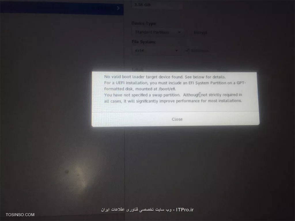 سلام ی سوال داشتم،من میخوام کنار ویندوزم (8.1 ) لینوکس نصب کنم ولی نمیشه و همچین پیغامی میده 
||http://tosinso.com/files/get/16735c2f-efc0-440d-a64c-46193f6c50f8||

متن پیغام 
<c#>
no valid boot loader target device found .see below details
For a UEFI installation , you must include an EFI system partition on GPT formatted disk ,mounted at boot efi 
<c#>