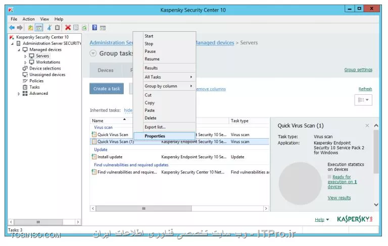 !! تنظیمات TASK برای  Virus Scan 
در این آزمایشگاه قصد داریم تا TASK تنظیمات برای Virus Scan را ایجاد کنیم :

*  ماشین های   DC - Security-Center را روشن کنید 

* بر روی ماشین Security-Center با نام کاربری abc\Administrator و پسورد Ka5per5Ky لاگین کنید 

* می خواهیم این TASK را بر روی ویندوز گروه workstations و servers وارد کنیم

1- وارد کنسول Administration Console شوید 

2- بازکردن Managed devices 

3- رفتن به تب Tasks 

4- انتخاب TASK - Quick Virus Scan 

||https://tosinso.com/files/get/16db5a0f-d180-4e11-bf61-5e34e615b478||

5- کپی TASK برای اینکه شورت کاتی از آن ساخته شود 

||اولین آموزش پارسی کسپراسکی سرور ::https://tosinso.com/files/get/002595a7-8304-48eb-b9d6-43e407e06474||

6- حالا از بخش Managed deviced به Servers بروید و تب TASK را بزنید 

7- حالا TASK را کپی کنید و PASTE را بزنید 

||https://tosinso.com/files/get/53fd3db1-118f-4e02-a6ea-f4b3d05e9c78||

8- حالا روی TASK که شورتکات شده راست کلیک و Properties را بزنید می خواهیم نام آن را عوض کنیم 

||https://tosinso.com/files/get/16bbffbc-d2f3-4bf9-8fdb-71de65094653||

9- تغییر نام به  Virus Scan – Servers 
KES10 SP2 و OK را بزنید 

||https://tosinso.com/files/get/31edc9f8-f023-4ae5-afd7-75714c743122||

10- باز کردن Workstations و TASK را بزنید 

11- کپی کنید تسک  Quick Virus Scan و آن را در Workstations پیست کنید 

12- حالا تسک را تغییر نام دهید به Quick Virus Scan (1) 

||https://tosinso.com/files/get/1c36e5a3-d608-4013-b523-891fc58d12f5||

13- نام آن را Virus Scan –
Workstations KES10 SP2 قرار دهید 

||https://tosinso.com/files/get/21dd59f5-10de-40d8-a43e-c333a47eefa1||

نویسنده : سید احمد توسلی
منبع : |جزیره امنیت اطلاعات و ارتباطات وب سایت توسینسو::https://tosinso.com/security|
هرگونه نشر و کپی برداری بدون ذکر منبع و نام نویسنده دارای اشکال اخلاقی است
