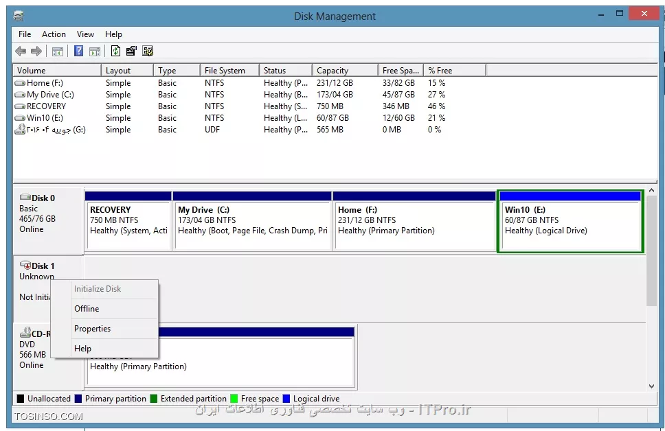 سلام وقت بخیر هارد بنده توسط ویندوز شناسایی نمیشه و وضعیتش در disk management نیز پیوست است . هارد سوخته؟ بعید می دونم چون صدا میده و چراغش روشن میشه فقط شناسایی نمیشه . ضمناً من چند ماه از هارد استفاده نکرده بودم.||http://hardware.tosinso.com/files/get/16c15020-09c5-4f82-9293-2df985adb6b2||
اینم از تصویر دیسک منیجمنت