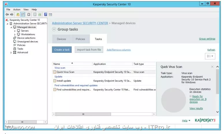 !! تنظیمات TASK برای  Virus Scan 
در این آزمایشگاه قصد داریم تا TASK تنظیمات برای Virus Scan را ایجاد کنیم :

*  ماشین های   DC - Security-Center را روشن کنید 

* بر روی ماشین Security-Center با نام کاربری abc\Administrator و پسورد Ka5per5Ky لاگین کنید 

* می خواهیم این TASK را بر روی ویندوز گروه workstations و servers وارد کنیم

1- وارد کنسول Administration Console شوید 

2- بازکردن Managed devices 

3- رفتن به تب Tasks 

4- انتخاب TASK - Quick Virus Scan 

||https://tosinso.com/files/get/16db5a0f-d180-4e11-bf61-5e34e615b478||

5- کپی TASK برای اینکه شورت کاتی از آن ساخته شود 

||اولین آموزش پارسی کسپراسکی سرور ::https://tosinso.com/files/get/002595a7-8304-48eb-b9d6-43e407e06474||

6- حالا از بخش Managed deviced به Servers بروید و تب TASK را بزنید 

7- حالا TASK را کپی کنید و PASTE را بزنید 

||https://tosinso.com/files/get/53fd3db1-118f-4e02-a6ea-f4b3d05e9c78||

8- حالا روی TASK که شورتکات شده راست کلیک و Properties را بزنید می خواهیم نام آن را عوض کنیم 

||https://tosinso.com/files/get/16bbffbc-d2f3-4bf9-8fdb-71de65094653||

9- تغییر نام به  Virus Scan – Servers 
KES10 SP2 و OK را بزنید 

||https://tosinso.com/files/get/31edc9f8-f023-4ae5-afd7-75714c743122||

10- باز کردن Workstations و TASK را بزنید 

11- کپی کنید تسک  Quick Virus Scan و آن را در Workstations پیست کنید 

12- حالا تسک را تغییر نام دهید به Quick Virus Scan (1) 

||https://tosinso.com/files/get/1c36e5a3-d608-4013-b523-891fc58d12f5||

13- نام آن را Virus Scan –
Workstations KES10 SP2 قرار دهید 

||https://tosinso.com/files/get/21dd59f5-10de-40d8-a43e-c333a47eefa1||

نویسنده : سید احمد توسلی
منبع : |جزیره امنیت اطلاعات و ارتباطات وب سایت توسینسو::https://tosinso.com/security|
هرگونه نشر و کپی برداری بدون ذکر منبع و نام نویسنده دارای اشکال اخلاقی است
