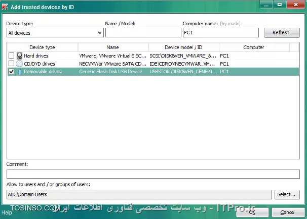 !! اجازه نوشتن روی USB flash برای کاربران دومین 
در این آزمایش تنظیمات  Device Control را برای Kaspersky Endpoint Security policy طوری تنظیم می کنیم که کاربران دومین بتوانند تحت Domain users group قابلیت نوشتن روی فلش مموری ها را داشته باشند 

- Security-Center

1- وارد پراپرتیس KES 10 SP2 workstation policy شوید 

2- وارد منو Device Control شوید 

3- حالا روی Removable drives و روی Logging کلیک کنید 

||https://tosinso.com/files/get/4d2aa176-83a9-4e12-a939-35f3c7b1a038||

4- روی Select کلیک و در گروه Everyone روی OK کلیک کنید 

||https://tosinso.com/files/get/34d8a032-0fcb-4c91-8b12-421841a7f028||

5- روی تب Trusted devices سوییچ کنید 

6- روی Add کلیک کنید 

7- روی لیست گزینه Devices by ID انتخاب شود 

8- در Computer name و بنویسید PC1 و روی Refresh کلیک کنید 

9- روی خودتان USB drive  کلیک کنید 

||https://tosinso.com/files/get/b6874ae2-cfc0-4a12-955e-d384702b2abb||

10- کلیک Select و بر روی Domain Users مدنظرتان کلیک کنید و OK را بزنید 

||https://tosinso.com/files/get/16e2fc06-c986-4e5b-b22b-b1dc5de6ab67||

11- بر روی Advanced Settings\Reports and Storages کلیک کنید 

||https://tosinso.com/files/get/9290ea0d-d3a7-4380-a6c1-b70837f14c16||

12- در Notifications روی Settings کلیک کنید 

||https://tosinso.com/files/get/6733bbf7-0a10-4893-bd78-040833060941||

13- بر روی Device Control کلیک کنید 

||https://tosinso.com/files/get/73fd6ae7-d95d-461b-a16c-2dcb1d385122||

14- انتخاب کنید Save in local log و بخش رخدادی File operation performed رفته و روی OK کلیک کنید 

||https://tosinso.com/files/get/0855fe96-a856-4f70-afb4-6b95ee272b08||

15- پالیسی را OK کنید و صبر کنید تا پالیسی اعمال شود 

16 حالا فایلی را داخل فلش مموری در کپی کنید ( PC1 ) اینجا فایلی را به نام invoice.txt را قرار دادیم 

17- مطمئن شوید که Kaspersky Endpoint Security اجاره نوشتن را داده است 

18- انتخاب کنید Administration Server و داخل تب Reports شوید 

19- انتخاب کنید Report on file operations on removable drives

20- داخل گزارشات روی Show report کلیک کنید 

||https://tosinso.com/files/get/5e2e7578-7d37-40b1-9278-63d5df9ed0df||

21- شکل نهایی گزارش به صورت زیر باید باشد 

||https://tosinso.com/files/get/2cbc4314-18c5-49e3-94f7-6b73a106998e||

نویسنده : سید احمد توسلی
منبع : |جزیره امنیت اطلاعات و ارتباطات وب سایت توسینسو::https://tosinso.com/security|
هرگونه نشر و کپی برداری بدون ذکر منبع و نام نویسنده دارای اشکال اخلاقی است