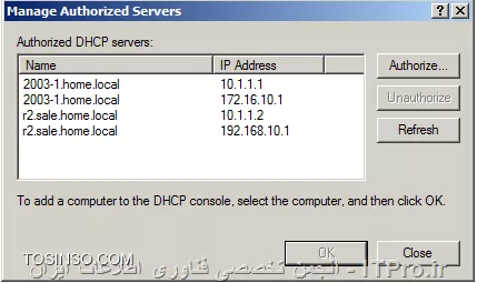 سلام . dhcp server من هر کار میکنم authorize نمیشه . لیست همه سرور ها رو تو قسمت manage authorize server نشون میده !

<center>
||http://tosinso.com/files/get/182cae60-4976-46f4-90f7-e50a12f60b76||
<center>

اما authorize که میزنم این پیغامو میده که یعنی قبلا authorize شده

<center>
||http://tosinso.com/files/get/f59ef9ba-30c4-4083-a6eb-805408426324||
<center>

ولی در عمل به این شکله :
||http://tosinso.com/files/get/38204b7a-6213-44a2-b208-a8148a3d5e54||

اقداماتی که انجام شده : dhcp role حذف و دوباره نصب شد!
با یوزر enterprise لاگین کردم بازم نشد !
چند بار scope رو حذف و دوباره ایجاد کردم !
تمام سرور های authorize شده رو پاک و دوباره ادد کردم .



توضیح 1: dhcp server روی child واقع شده و parent هیچ مشکلی نداره ! 
توضیح 2 : وقتی با یوزر admin خود child روی authorize کلیک میکنم پیغام access denied میده ! واسه همین با enterprise لاگین کردم !

///ممنون