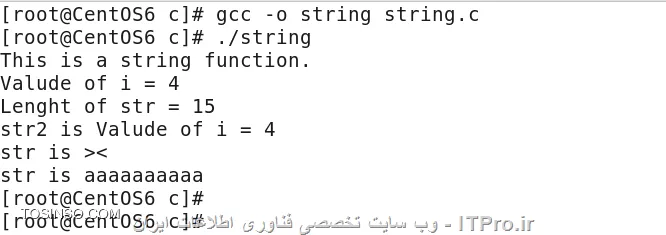 سلام و وقت بخیر. امروز درباره دستورات کتابخانه string.h صحبت خواهیم کرد. این کنابخانه توابع متنوعی برای کار با رشته ها را در اختیار شما قرار میدهد. برای دیدن صفحه manual آن در ترمینال دستور man string.h را وارد کنید. خروجی زیر را مشاهده خواهید کرد. این صفحه شامل توضیحات و نحوه استفاده از انواع توابع این کتابخانه است.
<c#>
<string.h>(0P)             POSIX Programmer’s Manual            <string.h>(0P)
NAME
       string.h - string operations
SYNOPSIS
       #include <string.h>
DESCRIPTION
       Some  of the functionality described on this reference page extends the
       ISO C standard. Applications shall define the appropriate feature  test
       macro  (see  the System Interfaces volume of IEEE Std 1003.1-2001, Sec-
       tion 2.2, The Compilation Environment)  to  enable  the  visibility  of
       these symbols in this header.
       The <string.h> header shall define the following:
       NULL   Null pointer constant.
       size_t As described in <stddef.h> .
       The following shall be declared as functions and may also be defined as
       macros. Function prototypes shall be provided.
              void    *memccpy(void *restrict, const void *restrict, int, size_t);
              void    *memchr(const void *, int, size_t);
              int      memcmp(const void *, const void *, size_t);
              void    *memcpy(void *restrict, const void *restrict, size_t);
              void    *memmove(void *, const void *, size_t);
              void    *memset(void *, int, size_t);
              char    *strcat(char *restrict, const char *restrict);
              char    *strchr(const char *, int);
              int      strcmp(const char *, const char *);
              int      strcoll(const char *, const char *);
              char    *strcpy(char *restrict, const char *restrict);
              size_t   strcspn(const char *, const char *);
              char    *strdup(const char *);
              char    *strerror(int);
              int     *strerror_r(int, char *, size_t);
              size_t   strlen(const char *);
              char    *strncat(char *restrict, const char *restrict, size_t);
              int      strncmp(const char *, const char *, size_t);
              char    *strncpy(char *restrict, const char *restrict, size_t);
              char    *strpbrk(const char *, const char *);
              char    *strrchr(const char *, int);
              size_t   strspn(const char *, const char *);
              char    *strstr(const char *, const char *);
              char    *strtok(char *restrict, const char *restrict);
              char    *strtok_r(char *, const char *, char **);
              size_t   strxfrm(char *restrict, const char *restrict, size_t);
       Inclusion of the <string.h> header may also make  visible  all  symbols
       from <stddef.h>.
       The following sections are informative.
APPLICATION USAGE
       None.
RATIONALE
       None.
FUTURE DIRECTIONS
       None.
SEE ALSO
       <stddef.h>,    <sys/types.h>,   the   System   Interfaces   volume   of
       IEEE Std 1003.1-2001, memccpy(),  memchr(),  memcmp(),  memcpy(),  mem-
       move(),  memset(),  strcat(),  strchr(), strcmp(), strcoll(), strcpy(),
       strcspn(),  strdup(),  strerror(),  strlen(),   strncat(),   strncmp(),
       strncpy(),   strpbrk(),   strrchr(),   strspn(),   strstr(),  strtok(),
       strxfrm()
COPYRIGHT
       Portions of this text are reprinted and reproduced in  electronic  form
       from IEEE Std 1003.1, 2003 Edition, Standard for Information Technology
       -- Portable Operating System Interface (POSIX),  The  Open  Group  Base
       Specifications  Issue  6,  Copyright  (C) 2001-2003 by the Institute of
       Electrical and Electronics Engineers, Inc and The Open  Group.  In  the
       event of any discrepancy between this version and the original IEEE and
       The Open Group Standard, the original IEEE and The Open Group  Standard
       is  the  referee document. The original Standard can be obtained online
       at http://www.opengroup.org/unix/online.html .
IEEE/The Open Group                  2003                       <string.h>(0P)
<c#>

حالا بیایید تعدادی از آنها را امتحان کنیم. یک سند خالی با vim یا gedit باز کنید و دستورات را وارد کنید.

<c#>
#include <stdio.h>
#include <string.h>
int main ()
{
char str[24] ;
char str2[24] ;
int i , n ;
/*Example 1*/
	sprintf( str , This is a string function. );
	printf( %s \n , str );
/*Example 2*/
	i = 4;
	sprintf( str, Valude of i = %d , i );
	printf( %s \n , str );
/*Example 3*/
	n = strlen(str);
	printf(Lenght of str = %d \n , n );
/*Example 4*/
	strcpy( str2 , str );
	printf( str2 is %s \n , str2 );
/*Example 5*/
	memset( str , 0 , 24 );
	printf( str is >%s< \n , str );
	memset( str , 'a' , 10 );
	printf( str is %s \n , str );
return 0;
}
<c#>

<center>
||http://tosinso.com/files/get/18db88e8-b66f-45e9-a3ca-0d008b13cc13||
<center>
تابع sprintf یک رشته دلخواه را درون یک آرایه از کاراکتر ها میریزد. این تابع را با printf اشتباه نگیرید. sprintf چیزی را در خروجی چاپ نمیکند. فقط برای وارد کردن محتویات است. تابع strlen طول یک رشته را برمیگرداند. نام رشته را به عنوان آرگومان به strlen ارسال کنید. تابغ strcpy محتویات یک رشته را درون رشته دیکر کپی میکند. در اینجا str را درون str2 کپی کردیم. آرگومان اول نام رشته مبدا و آرگومان دوم نام رشته مبدا است. تابع memset تک تک خانه های یک  رشته را تغییر میدهد. 3 آرگومان میگیرد. آرگومان اول نام رشته، آرگومان دوم مقداری را که میخواهیم درون خاته های رشته ریخته شود و آرگومان سوم هم تعداد خانه ها از رشته است که یخواهیم این عمل روی آنها انجام شود. میتواند برابر با طول رشته باشد یا نباشد. ابتدا هر 24 خانه را نال کردیم. بعدش 10 تای اول رو حرف a ریختیم.
پایان قسمت هفدهم

نویسنده : سید محمد باقر موسوی
منبع : |جزیره برنامه نویسی وب سایت توسینسو::https://tosinso.com/programming|
هرگونه نشر و کپی برداری بدون ذکر منبع و نام نویسنده دارای اشکال اخلاقی است