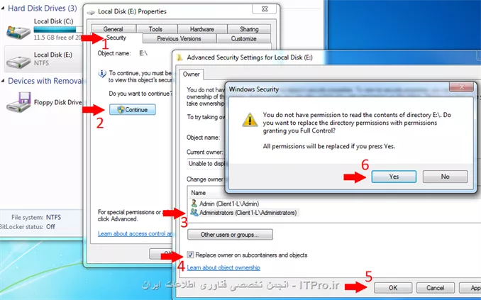 نه شهریار جان وقتی به شما پیغام Access is denied میده یعنی اینکه دسترسی ندارید نه اینکه اطلاعاتتون پاک شده !!
اول از همه با یک یوزری که دسترسی مدیریتی داره لاگین کن بعدش مراحل رو طبق تصاویر زیر انجام بده
||http://icdl.tosinso.com/files/get/1a8b58c9-a3a2-42a7-8ba7-2bd9137930be||
بعد ok ن و تا همه پنجره هابسته بشن و تغییرات اعمال بشه بعد دوباره از درایوت Properties بگیر و ادامه بده :D
||http://icdl.tosinso.com/files/get/cc7c8a53-395e-4dcf-820a-ae978d9158e9||
بعد میتونی Add رو بزنی و یوزرها یا گروههای مورد نظر خودت رو بهش اضافه کنی و دسترسی مورد نیاز رو دوباره بهش بدی به نظر من بهتره از یکی از درایوها Properties بگیری و تنظیمات دسترسی رو از اون الگو برداری کنی و به درایوت اعمال کنی تا مثل روز اولش بشه.