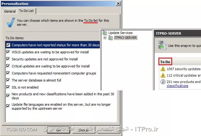در قسمت اول  مقاله به تعاریف مرتبط با  سرویس WSUS و راه اندازی آن از طریق ویزارد اشاره کردیم . حال در این قسمت به سراغ بررسی کنسول مدیریتی و  توضیح آپشنهای کنسول WSUS می رویم .با استفاده از مسیر زیر میتوان وارد کنسول WSUS شد :
<c#>
Start => Administrative tools => Windows Server Update Services
<c#>
در تصویر زیر فضای کنسول مدیریتی WSUS نمایش داده شده است که در ادامه به توضیح Component های آن خواهیم پرداخت.

||http://network.tosinso.com/files/get/c46b1a16-3a51-4638-8dc3-798ac71a94f3||

*Server Name:* می توان چندین WSUS سرور را در کنسول مدیریتی اضافه کرد، با اضافه کردن هر سرور نام آن در پنل سمت چپ کنسول مدیریتی WSUS نمایش داده می شود.برای افزودن WSUS سرور به کنسول مدیریتی تنها کافیست روی گره ی Update Services  در پنل سمت چپ کنسول راست کلیک کرده و گزینه Connect to the server را انتخاب و در صفحه ی باز شده نام سرور مورد نظر و پورت مربوط به آن را وارد کنیم . با کلیک روی نام سرور (در اینجا ITPro-Server) در پنل وسط  صفحه  وضعیت مربوط به سرور در سه بخش مجزا نمایش داده می شود:

* *To Do:*  اطلاعاتی در مورد بخشهایی که WSUS سرور باید فورا در رابطه با آنها اقدام کند در اختیارکاربر سرور قرار می دهد.
* *Overview : *این بخش مروری دارد بر وضعیت کامپیوتر ها، آپدیت ها و نیز هماهنگ سازی آپدیت ها . همچنین آمار اطلاعات WSUS سرور را مشخص می کند .
* *Resources :* در این بخش لینک هایی برای کسب اطلاعات بیشتر پیرامون WSUS سرور در نظر گرفته شده است .

||http://network.tosinso.com/files/get/8c135b80-1b8d-428a-bad2-82777e4e8a12||

زیر نام سرور در کنسول تمامی Component های مربوط به مدیریت آن با ساختار درختی لیست شده اند. بنابراین این اجزا تحت مدیریت سرور یاد شده می باشند . در اینجا به معرفی این بخش ها می پردازیم :
*Updates:* این گره  در بردارنده لیست تمامی آپدیتهای روی سرور است که از سایت مایکروسافت دریافت کرده ایم  و نیزبا کلیک روی  گره ی Updates می توان گزارشهای مربوط به وضعیت نصب انواع آپدیت ها را بر حسب نوع آنها در پنل وسط کنسول مشاهده کرد. در زیر گره Update  ،آپدیتها برحسب نوعی که  برای آنها  در تنظیمات در نظر گرفتیم  (در اینجا  Critical و Security) و نیز آپدیت های خود سرویس WSUS تقسیم بندی شده اند.

||http://network.tosinso.com/files/get/1b19915b-cb6a-4655-894f-843386e9f5a6||

*Computers: * این بخش شامل All Computers و زیر گره ی  Unassigned Computers می باشد که به صورت پیش فرض کامپیوتر های موجود در شبکه که برای دریافت آپدیت ها عضو WSUS می شوند در قسمت Unassigned Computers قرار می گیرند .برای سهولت در مدیریت آنها می توانیم در اینجا گروه هایی را ایجاد کرده و کامپیوتر های عضو شده را به آنها منتقل کنیم . در قسمت All computers  تمامی کامپیوترهایی که عضو WSUS سرور هستند نمایش داده شده است با کلیک روی هر کدام از این کامپیوتر ها ، اطلاعات مربوط به آن کامپیوتر و وضعیت مربوط به آپدیت های آن در بخش پایین پنل میانی صفحه نمایان خواهد شد.

||http://network.tosinso.com/files/get/a2814594-d902-4046-8870-a3e768fe174a||

*Downstream Servers:*  اگر WSUS سرور های دیگری در شبکه وجود داشته باشند که این سرور Upstream  سرور آنها می باشد ، خلاصه ای از اطلاعات اینDownstream سرور ها در این قسمت نمایش داده می شود .
*Synchronizations:*  این قسمت در بردارنده تاریخچه ی آپدیت های Sync شده می باشد. بعبارت دیگر هر بار که WSUS  سرور آپدیت های خود را با یک Upstream Server   و یا با سایت مایکروسافت Sync  کند ، گزارش مربوط به این بهنگام سازی با شرح جزئیات در این بخش قابل مشاهده است. این بخش   یک نقطه مرکزی برای مدیریت هماهنگ سازی آپدیت ها  محسوب می شو د . برای هر بار انجام عمل Synchronization   تنها کافیست بر روی گزینه Synchronize Now  کلیک کنیم .

||http://network.tosinso.com/files/get/522c44ea-0b64-4821-a143-6c07bc810de0||

*Reports: *این قسمت محل مرکزی برای ایجاد و ذخیره گزارشهای گرفته شده توسط WSUS سرور از وضعیت آپدیت ها و کامپیوترها و نیز عمل Synchronization آپدیتها  می باشد .کاربرد Report viewer  که همزمان با نصب رول  WSUS ، آن را نصب کردیم برای این بخش است. اگر روی هر کدام از بخش های موجود در پنل میانی صفحه کلیک کنیم صفحه ای نمایان خواهد شد که با انتخاب گزینه Run Report در آن ، سرور شروع به گرفتن گزارش مربوط به آن بخش خواهد کرد.

||http://network.tosinso.com/files/get/b81409a0-e556-4299-a4b0-37488a250e1f||

*Options:* در بخش آپشن WSUS کنسول مدیریت تمامی تنظیماتی که از طریق ویزارد WSUS انجام شد ، وجود دارد . باید خاطر نشان کرد که تنظیمات WSUS  را همانند دیگر سرویسها ،می توان هم از طریق کنسول وهم از طریق ویزارد انجام داد که در این سری مقالات ما به توضیح هر دو روش پرداخته ایم . اگر نصب از طریق ویزارد انجام شده باشد می توان تغییرات مورد نظردر تنظیمات انجام شده را بعدا ، از طریق کنسول مدیریتی اعمال کرد. با کلیک روی گره Options تمامی قابلیت ها در پنل وسط کنسول مشاهده خواهند شد.

||http://network.tosinso.com/files/get/0d207c9f-9122-4694-954c-2bcfd3451ba2||

 در اینجا به توضیح و بررسی تک تک آپشن های کنسول می پردازیم:

!!!! Update Source and Proxy Server
در تب* Update source*   تعیین می کنیم که WSUS سرور آپدیت ها را از سایت مایکروسافت دریافت کند و یا از یک Upstream Server  که باید نام و پورت آن را در این بخش وارد کنیم .در اینجا ما گزینه Synchronize from Microsoft Update را انتخاب می کنیم . 

||http://network.tosinso.com/files/get/9971ae64-a70e-4a2e-ba20-72c2889e2ea5||

  اگر از یک Proxy Server  برای ارتباط با سایت مایکروسافت و یا  با یک UPstream Server برای Sync کردن آپدیت ها در شبکه استفاده می کنیم ،باید نام و پورت آن را در تب *Proxy Server*   مشخص کنیم .این آپشن بصورت پیش فرض غیر فعال است و در این حالت WSUS سرور مستقیما با سایت مایکروسافت یا Upstream Server ارتباط برقرار خواهد کرد.

||http://network.tosinso.com/files/get/5b7605b0-3419-4d26-83bc-1b4500e46a67||

!!!! Products and Classifications
در تب* Products* محصولی را که می خواهیم آپدیت های آن را دریافت کنیم و این آپدیت ها با سایت مایکروسافت Sync  شوند را انتخاب می کنیم . یادآور می شویم که اگر تنها محصولاتی را که در سازمان از آنها استفاده می شود، در این بخش برای دریافت آپدیت ها در نظر بگیریم ،  این شرایط باعث می شود که سرعت دریافت آپدیت ها بالا رفته و  فضای کمتری از حافظه  را به خود اختصاص دهند. با توجه به سناریو در این قسمت ما ویندوز 7 و ویندوز سرور 2008 R2 را برای دریافت آپدیت آنها انتخاب می کنیم .

||http://network.tosinso.com/files/get/cccc7603-3dbc-4c59-95c3-18825a3fb46f||

در تب *Classifications * نوع و طبقه بندی آپدیت مورد نظر را تعیین می کنیم در ابتدای مقاله ی قبل در رابطه با انواع آپدیت ها صحبت کردیم حال با توجه به دانسته های خود در رابطه با انواع آپدیت ها ، نوع آپدیت مورد نظر را بر حسب نیازمان انتخاب می کنیم . ما همان تنظیمات پیش فرض را در نظر می گیریم . 

||http://network.tosinso.com/files/get/5dba8064-ae31-42f1-b597-a2c43be27320||

!!!! Update Files and Languages
در تب *Update Files*  با انتخاب گزینه Store Update files locally on this server  می توانیم تعیین کنیم که فایل آپدیت های دریافتی در همین سرور ذخیره شوند .در چنین شرایطی با انتخاب کردن گزینه Download Update files to this server only when updates are approved  مشخص می کنیم که ابتدا لیست آپدیت ها برای ما نمایش داده شود تا پس از تایید آن عمل دانلود صورت گیرد . همچنین با برگزیدن گزینه Download express installation files   مجموعه ای از فایل آپدیت ها دانلود خواهند شد که  موجب افزایش سرعت دریافت آپدیت ها  و نصب آنها روی کامپیوترهای شبکه  می شود اما این فایل هاحجم بالایی داشته  و  سرور زمان زیادی برای دانلود آنها صرف خواهد کرد .

||http://network.tosinso.com/files/get/67ee89f9-1707-40a5-92a4-8ade73289f18||

در تب * Update Languages*  هم همانطور که در تنظیمات ویزارد ذکر کردیم می توان آپدیت ها را برای همه ی زبانها دانلود کرد و یا اینکه تنها زبانی را برگزید که برای ما کاربرد دارد. 
 
||http://network.tosinso.com/files/get/428906dd-d852-4f8f-b359-19099bcd3fdd||

*Synchronization Schedule :* می توانیم تعیین کنیم که سرور عمل Sync کردن آپدیت ها را بصورت Manual انجام دهد و یا  اینکه بصورت اتوماتیک در طی وهله زمانی مشخص شده آپدیت ها را بهنگام  و همسان سازی  کند .

||http://network.tosinso.com/files/get/bd3cccad-bd41-4101-be89-62d4ab30a93a||

!!!! Automatic Approval
در تب *Update rules * می توانیم برای تایید شدن آپدیت ها یک سری قاعده در نظر بگیریم بعنوان مثال برای WSUS سرور تعیین کنیم که در صورت دریافت آپدیت های مربوط به ویندوز 7، آنها را بدون دریافت تاییدیه و بصورت خودکار Approve کند . برای ایجاد یک Rule  تنها کافیست بر روی New Rule کلیک کنیم تا صفحه مربوط به انجام تنظیمات Rule باز شود (پنجره Add Rule) لذا می توانیم نوع و نام Rule مورد نظر را ایجاد کنیم .

||http://network.tosinso.com/files/get/cbf1bcaf-6de5-4a9f-a91b-29a9f7b3da53||

در پنجره Rule Properties با انتخاب گزینه ای که در آن نوع آپدیت ذکر شده ، نوع آپدیت را برای Rule تعیین می کنیم .با کلیک روی All Computers نیز لیست Computer Group هایی که ایجاد کردیم نمایش داده می شود که از میان آنها گروه مورد نظر را انتخاب می کنیم تا Rule ایجاد شده به آن گروه اعمال شود.

||http://network.tosinso.com/files/get/c1543e1b-c98e-4d77-a9d6-74fff30e8f5a||

در تب *Advanced * گزینه ای برای Approve کردن آپدیت های خود سرویس WSUS موجود است . علاوه براین هر آپدیتی ممکن است اصلاح و بروز رسانی شود در اینجا می توانیم تعیین کنیم که به محض دریافت Revision  مربوط  به یک آپدیت آن را به صورت خودکار نصب کرده و یا از نصب آن صرف نظر کنیم . 

||http://network.tosinso.com/files/get/efb9f8f7-1647-4ca4-b4bc-2fbd00dd5a44||

*Computers:* در این قسمت برای کامپیوتر هایی که عضو WSUS سرور شده اند می توانیم مشخص کنیم که تنظیمات مورد نیاز را از WSUS سرور و یا از گروپ پالسی و یا تنظیمات رجیستری که برای آنها انجام می شود ، دریافت کنند. بنابراین  با انتخاب گزینه Use the update services console  قادر خواهیم بود  کامپیوتر هایی را که بصورت پیش فرض درون Unassigned Computers  قرار گرفته اند را به صورت دستی به  گروههای دیگری که ساخته ایم، منتقل کنیم . برگزیدن گزینه Use group policy or registry settings on computers  موجب می شود که کامپیوتر ها بصورت اتوماتیک به گروهی که در تنظیمات GPO  در نظر گرفته ایم انتقال یابند. باید توجه داشت که در ابتدای کار  گزینه مربوط به تنظیمات گروپ پالسی را انتخاب کنیم چرا که انجام تنظیمات مربوط به گروپ پالسی است که  باعث می شود کامپیوتر ها WSUS سرور را شناخته و عضو آن شوند. به علاوه تنظیمات مربوط به دریافت آپدیت ها توسط کلاینت ها در گروپ پالسی صورت می گیرد. 

||http://network.tosinso.com/files/get/62c59613-9a03-45cd-a5cc-c00165f84e4b||

*Server Cleanup Wizard:* در این آپشن گزینه هایی موجود است که با انتخاب کردن آنها برای سرور WSUS تعیین می کنیم آپدیت هایی را که  منقضی شده  و کامپیوترهایی را که در شبکه غیر فعال شده اند از سرور حذف کند.

||http://network.tosinso.com/files/get/1ea5501f-0dc2-4688-825e-7ecba6c15eba||

*Reporting Rollup: *به کمک این آپشن می توانیم نحوه ی گزارش گیری WSUS  سرور را مشخص کنیم . اگر در شبکه ما Replica downstream  سرور هایی موجود باشد به کمک گزینه های موجود در این بخش برای WSUS سرور  تعیین می کنیم که گزارشهای مربوط به Replica downstream  سرورها را دریافت کند یا خیر .

||http://network.tosinso.com/files/get/e71a357f-c8af-46bd-921b-b9002bc43e83|| 

*E-Mail Notifications :*  در صورت وجود E-mail Server  در شبکه در تب *General*  می توانیم برای سرور مشخص کنیم که پس از Sync کردن هر آپدیت جدید ، برای کابران ایمیل بفرستد  . همچنین می شود تعیین کرد که گزارش وضعیت آپدیت ها به صورت روزانه یا هفتگی برای کاربران ارسال شود. در تب *E-Mail Server* نیز اطلاعات ایمیل سرور را وارد می کنیم .

||http://network.tosinso.com/files/get/a5d57cb9-9beb-4a78-ae98-6a930f679f61||

*Microsoft Update Improvement Program:* این آپشن کمک می کند تا سرور اطلاعات مبنی بر وضعیت آپدیت ها و کامپیوتر ها و نیز مشکلات بوجود آمده  را برای سایت مایکروسافت ارسال کند. بررسی این اطلاعات به متخصصان مایکروسافت کمک خواهد کرد تا راهکارهایی برای بهبود کارایی  و افزایش قابلیت WSUS سرور ارئه دهند.

||http://network.tosinso.com/files/get/804390c9-2d58-48e0-81e8-2e63ce2e1a0e||

!!!! Personalization
 این قسمت مرتبط با شخصی سازی اطلاعات نمایش داده شده توسط WSUS سرور  است در واقع در این آپشن می توانیم مشخص کنیم  اطلاعات WSUS سرور به چه صورت در کنسول مدیریتی قابل مشاهده باشند. در صورتیکه چند Replica downstream server در شبکه داشته باشیم  در تب *General* می توانیم تعیین کنیم که WSUS سرور ما اطلاعات مربوط به وضعیت آنها و کامپیوتر ها یشان را نیز نمایش دهد و یا اینکه تنها وضعیت  همین سرور و کامپیوتر های عضو آن را نشان دهد .

||http://network.tosinso.com/files/get/bc0e87b1-25c7-4c42-9f14-675ee303da3d||

در تب *To Do List* نیز می توانیم بخشهایی را که می خواهیم وضعیت مربوط به آنها در لیست To Do سرور نمایش داده شوند را انتخاب کنیم .

||http://network.tosinso.com/files/get/1ad62d4f-a712-4764-85d9-7f66f62e0416||

!!!! WSUS Server Configuration Wizard
این بخش در واقع همان ویزارد اولیه نصب WSUS می باشد . همانگونه که بیان کردیم این ویزارد در بردارنده  مجموعه ای از آپشن هاست که در بالا بصورت مجزا به توضیح آنها پرداختیم باید در نظر داشت که استفاده از این آپشن ها در کنسول مدیریتی قابلیت ها یی با جزئیات بیشتر را نسبت به ویزارد اولیه در اختیار ما قرار می دهد.پس از بررسی کنسول مدیریتی در این مقاله ، در قسمت بعد به شرح عضویت کلاینت ها در WSUS سرور و چگونگی Approve  و  نصب آپدیت ها توسط سروریس WSUS در شبکه خواهیم پرداخت . 

نویسنده: مریم حیات رمضانی
منبع : |جزیره سرویس های شبکه مایکروسافت وب سایت توسینسو::https://tosinso.com/microsoft|
هرگونه نشر و کپی برداری بدون ذکر منبع دارای اشکال اخلاقی می باشد 
