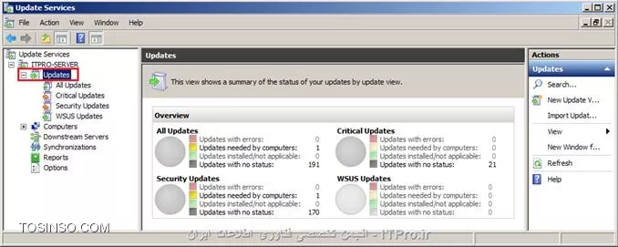در قسمت اول  مقاله به تعاریف مرتبط با  سرویس WSUS و راه اندازی آن از طریق ویزارد اشاره کردیم . حال در این قسمت به سراغ بررسی کنسول مدیریتی و  توضیح آپشنهای کنسول WSUS می رویم .با استفاده از مسیر زیر میتوان وارد کنسول WSUS شد :
<c#>
Start => Administrative tools => Windows Server Update Services
<c#>
در تصویر زیر فضای کنسول مدیریتی WSUS نمایش داده شده است که در ادامه به توضیح Component های آن خواهیم پرداخت.

||http://network.tosinso.com/files/get/c46b1a16-3a51-4638-8dc3-798ac71a94f3||

*Server Name:* می توان چندین WSUS سرور را در کنسول مدیریتی اضافه کرد، با اضافه کردن هر سرور نام آن در پنل سمت چپ کنسول مدیریتی WSUS نمایش داده می شود.برای افزودن WSUS سرور به کنسول مدیریتی تنها کافیست روی گره ی Update Services  در پنل سمت چپ کنسول راست کلیک کرده و گزینه Connect to the server را انتخاب و در صفحه ی باز شده نام سرور مورد نظر و پورت مربوط به آن را وارد کنیم . با کلیک روی نام سرور (در اینجا ITPro-Server) در پنل وسط  صفحه  وضعیت مربوط به سرور در سه بخش مجزا نمایش داده می شود:

* *To Do:*  اطلاعاتی در مورد بخشهایی که WSUS سرور باید فورا در رابطه با آنها اقدام کند در اختیارکاربر سرور قرار می دهد.
* *Overview : *این بخش مروری دارد بر وضعیت کامپیوتر ها، آپدیت ها و نیز هماهنگ سازی آپدیت ها . همچنین آمار اطلاعات WSUS سرور را مشخص می کند .
* *Resources :* در این بخش لینک هایی برای کسب اطلاعات بیشتر پیرامون WSUS سرور در نظر گرفته شده است .

||http://network.tosinso.com/files/get/8c135b80-1b8d-428a-bad2-82777e4e8a12||

زیر نام سرور در کنسول تمامی Component های مربوط به مدیریت آن با ساختار درختی لیست شده اند. بنابراین این اجزا تحت مدیریت سرور یاد شده می باشند . در اینجا به معرفی این بخش ها می پردازیم :
*Updates:* این گره  در بردارنده لیست تمامی آپدیتهای روی سرور است که از سایت مایکروسافت دریافت کرده ایم  و نیزبا کلیک روی  گره ی Updates می توان گزارشهای مربوط به وضعیت نصب انواع آپدیت ها را بر حسب نوع آنها در پنل وسط کنسول مشاهده کرد. در زیر گره Update  ،آپدیتها برحسب نوعی که  برای آنها  در تنظیمات در نظر گرفتیم  (در اینجا  Critical و Security) و نیز آپدیت های خود سرویس WSUS تقسیم بندی شده اند.

||http://network.tosinso.com/files/get/1b19915b-cb6a-4655-894f-843386e9f5a6||

*Computers: * این بخش شامل All Computers و زیر گره ی  Unassigned Computers می باشد که به صورت پیش فرض کامپیوتر های موجود در شبکه که برای دریافت آپدیت ها عضو WSUS می شوند در قسمت Unassigned Computers قرار می گیرند .برای سهولت در مدیریت آنها می توانیم در اینجا گروه هایی را ایجاد کرده و کامپیوتر های عضو شده را به آنها منتقل کنیم . در قسمت All computers  تمامی کامپیوترهایی که عضو WSUS سرور هستند نمایش داده شده است با کلیک روی هر کدام از این کامپیوتر ها ، اطلاعات مربوط به آن کامپیوتر و وضعیت مربوط به آپدیت های آن در بخش پایین پنل میانی صفحه نمایان خواهد شد.

||http://network.tosinso.com/files/get/a2814594-d902-4046-8870-a3e768fe174a||

*Downstream Servers:*  اگر WSUS سرور های دیگری در شبکه وجود داشته باشند که این سرور Upstream  سرور آنها می باشد ، خلاصه ای از اطلاعات اینDownstream سرور ها در این قسمت نمایش داده می شود .
*Synchronizations:*  این قسمت در بردارنده تاریخچه ی آپدیت های Sync شده می باشد. بعبارت دیگر هر بار که WSUS  سرور آپدیت های خود را با یک Upstream Server   و یا با سایت مایکروسافت Sync  کند ، گزارش مربوط به این بهنگام سازی با شرح جزئیات در این بخش قابل مشاهده است. این بخش   یک نقطه مرکزی برای مدیریت هماهنگ سازی آپدیت ها  محسوب می شو د . برای هر بار انجام عمل Synchronization   تنها کافیست بر روی گزینه Synchronize Now  کلیک کنیم .

||http://network.tosinso.com/files/get/522c44ea-0b64-4821-a143-6c07bc810de0||

*Reports: *این قسمت محل مرکزی برای ایجاد و ذخیره گزارشهای گرفته شده توسط WSUS سرور از وضعیت آپدیت ها و کامپیوترها و نیز عمل Synchronization آپدیتها  می باشد .کاربرد Report viewer  که همزمان با نصب رول  WSUS ، آن را نصب کردیم برای این بخش است. اگر روی هر کدام از بخش های موجود در پنل میانی صفحه کلیک کنیم صفحه ای نمایان خواهد شد که با انتخاب گزینه Run Report در آن ، سرور شروع به گرفتن گزارش مربوط به آن بخش خواهد کرد.

||http://network.tosinso.com/files/get/b81409a0-e556-4299-a4b0-37488a250e1f||

*Options:* در بخش آپشن WSUS کنسول مدیریت تمامی تنظیماتی که از طریق ویزارد WSUS انجام شد ، وجود دارد . باید خاطر نشان کرد که تنظیمات WSUS  را همانند دیگر سرویسها ،می توان هم از طریق کنسول وهم از طریق ویزارد انجام داد که در این سری مقالات ما به توضیح هر دو روش پرداخته ایم . اگر نصب از طریق ویزارد انجام شده باشد می توان تغییرات مورد نظردر تنظیمات انجام شده را بعدا ، از طریق کنسول مدیریتی اعمال کرد. با کلیک روی گره Options تمامی قابلیت ها در پنل وسط کنسول مشاهده خواهند شد.

||http://network.tosinso.com/files/get/0d207c9f-9122-4694-954c-2bcfd3451ba2||

 در اینجا به توضیح و بررسی تک تک آپشن های کنسول می پردازیم:

!!!! Update Source and Proxy Server
در تب* Update source*   تعیین می کنیم که WSUS سرور آپدیت ها را از سایت مایکروسافت دریافت کند و یا از یک Upstream Server  که باید نام و پورت آن را در این بخش وارد کنیم .در اینجا ما گزینه Synchronize from Microsoft Update را انتخاب می کنیم . 

||http://network.tosinso.com/files/get/9971ae64-a70e-4a2e-ba20-72c2889e2ea5||

  اگر از یک Proxy Server  برای ارتباط با سایت مایکروسافت و یا  با یک UPstream Server برای Sync کردن آپدیت ها در شبکه استفاده می کنیم ،باید نام و پورت آن را در تب *Proxy Server*   مشخص کنیم .این آپشن بصورت پیش فرض غیر فعال است و در این حالت WSUS سرور مستقیما با سایت مایکروسافت یا Upstream Server ارتباط برقرار خواهد کرد.

||http://network.tosinso.com/files/get/5b7605b0-3419-4d26-83bc-1b4500e46a67||

!!!! Products and Classifications
در تب* Products* محصولی را که می خواهیم آپدیت های آن را دریافت کنیم و این آپدیت ها با سایت مایکروسافت Sync  شوند را انتخاب می کنیم . یادآور می شویم که اگر تنها محصولاتی را که در سازمان از آنها استفاده می شود، در این بخش برای دریافت آپدیت ها در نظر بگیریم ،  این شرایط باعث می شود که سرعت دریافت آپدیت ها بالا رفته و  فضای کمتری از حافظه  را به خود اختصاص دهند. با توجه به سناریو در این قسمت ما ویندوز 7 و ویندوز سرور 2008 R2 را برای دریافت آپدیت آنها انتخاب می کنیم .

||http://network.tosinso.com/files/get/cccc7603-3dbc-4c59-95c3-18825a3fb46f||

در تب *Classifications * نوع و طبقه بندی آپدیت مورد نظر را تعیین می کنیم در ابتدای مقاله ی قبل در رابطه با انواع آپدیت ها صحبت کردیم حال با توجه به دانسته های خود در رابطه با انواع آپدیت ها ، نوع آپدیت مورد نظر را بر حسب نیازمان انتخاب می کنیم . ما همان تنظیمات پیش فرض را در نظر می گیریم . 

||http://network.tosinso.com/files/get/5dba8064-ae31-42f1-b597-a2c43be27320||

!!!! Update Files and Languages
در تب *Update Files*  با انتخاب گزینه Store Update files locally on this server  می توانیم تعیین کنیم که فایل آپدیت های دریافتی در همین سرور ذخیره شوند .در چنین شرایطی با انتخاب کردن گزینه Download Update files to this server only when updates are approved  مشخص می کنیم که ابتدا لیست آپدیت ها برای ما نمایش داده شود تا پس از تایید آن عمل دانلود صورت گیرد . همچنین با برگزیدن گزینه Download express installation files   مجموعه ای از فایل آپدیت ها دانلود خواهند شد که  موجب افزایش سرعت دریافت آپدیت ها  و نصب آنها روی کامپیوترهای شبکه  می شود اما این فایل هاحجم بالایی داشته  و  سرور زمان زیادی برای دانلود آنها صرف خواهد کرد .

||http://network.tosinso.com/files/get/67ee89f9-1707-40a5-92a4-8ade73289f18||

در تب * Update Languages*  هم همانطور که در تنظیمات ویزارد ذکر کردیم می توان آپدیت ها را برای همه ی زبانها دانلود کرد و یا اینکه تنها زبانی را برگزید که برای ما کاربرد دارد. 
 
||http://network.tosinso.com/files/get/428906dd-d852-4f8f-b359-19099bcd3fdd||

*Synchronization Schedule :* می توانیم تعیین کنیم که سرور عمل Sync کردن آپدیت ها را بصورت Manual انجام دهد و یا  اینکه بصورت اتوماتیک در طی وهله زمانی مشخص شده آپدیت ها را بهنگام  و همسان سازی  کند .

||http://network.tosinso.com/files/get/bd3cccad-bd41-4101-be89-62d4ab30a93a||

!!!! Automatic Approval
در تب *Update rules * می توانیم برای تایید شدن آپدیت ها یک سری قاعده در نظر بگیریم بعنوان مثال برای WSUS سرور تعیین کنیم که در صورت دریافت آپدیت های مربوط به ویندوز 7، آنها را بدون دریافت تاییدیه و بصورت خودکار Approve کند . برای ایجاد یک Rule  تنها کافیست بر روی New Rule کلیک کنیم تا صفحه مربوط به انجام تنظیمات Rule باز شود (پنجره Add Rule) لذا می توانیم نوع و نام Rule مورد نظر را ایجاد کنیم .

||http://network.tosinso.com/files/get/cbf1bcaf-6de5-4a9f-a91b-29a9f7b3da53||

در پنجره Rule Properties با انتخاب گزینه ای که در آن نوع آپدیت ذکر شده ، نوع آپدیت را برای Rule تعیین می کنیم .با کلیک روی All Computers نیز لیست Computer Group هایی که ایجاد کردیم نمایش داده می شود که از میان آنها گروه مورد نظر را انتخاب می کنیم تا Rule ایجاد شده به آن گروه اعمال شود.

||http://network.tosinso.com/files/get/c1543e1b-c98e-4d77-a9d6-74fff30e8f5a||

در تب *Advanced * گزینه ای برای Approve کردن آپدیت های خود سرویس WSUS موجود است . علاوه براین هر آپدیتی ممکن است اصلاح و بروز رسانی شود در اینجا می توانیم تعیین کنیم که به محض دریافت Revision  مربوط  به یک آپدیت آن را به صورت خودکار نصب کرده و یا از نصب آن صرف نظر کنیم . 

||http://network.tosinso.com/files/get/efb9f8f7-1647-4ca4-b4bc-2fbd00dd5a44||

*Computers:* در این قسمت برای کامپیوتر هایی که عضو WSUS سرور شده اند می توانیم مشخص کنیم که تنظیمات مورد نیاز را از WSUS سرور و یا از گروپ پالسی و یا تنظیمات رجیستری که برای آنها انجام می شود ، دریافت کنند. بنابراین  با انتخاب گزینه Use the update services console  قادر خواهیم بود  کامپیوتر هایی را که بصورت پیش فرض درون Unassigned Computers  قرار گرفته اند را به صورت دستی به  گروههای دیگری که ساخته ایم، منتقل کنیم . برگزیدن گزینه Use group policy or registry settings on computers  موجب می شود که کامپیوتر ها بصورت اتوماتیک به گروهی که در تنظیمات GPO  در نظر گرفته ایم انتقال یابند. باید توجه داشت که در ابتدای کار  گزینه مربوط به تنظیمات گروپ پالسی را انتخاب کنیم چرا که انجام تنظیمات مربوط به گروپ پالسی است که  باعث می شود کامپیوتر ها WSUS سرور را شناخته و عضو آن شوند. به علاوه تنظیمات مربوط به دریافت آپدیت ها توسط کلاینت ها در گروپ پالسی صورت می گیرد. 

||http://network.tosinso.com/files/get/62c59613-9a03-45cd-a5cc-c00165f84e4b||

*Server Cleanup Wizard:* در این آپشن گزینه هایی موجود است که با انتخاب کردن آنها برای سرور WSUS تعیین می کنیم آپدیت هایی را که  منقضی شده  و کامپیوترهایی را که در شبکه غیر فعال شده اند از سرور حذف کند.

||http://network.tosinso.com/files/get/1ea5501f-0dc2-4688-825e-7ecba6c15eba||

*Reporting Rollup: *به کمک این آپشن می توانیم نحوه ی گزارش گیری WSUS  سرور را مشخص کنیم . اگر در شبکه ما Replica downstream  سرور هایی موجود باشد به کمک گزینه های موجود در این بخش برای WSUS سرور  تعیین می کنیم که گزارشهای مربوط به Replica downstream  سرورها را دریافت کند یا خیر .

||http://network.tosinso.com/files/get/e71a357f-c8af-46bd-921b-b9002bc43e83|| 

*E-Mail Notifications :*  در صورت وجود E-mail Server  در شبکه در تب *General*  می توانیم برای سرور مشخص کنیم که پس از Sync کردن هر آپدیت جدید ، برای کابران ایمیل بفرستد  . همچنین می شود تعیین کرد که گزارش وضعیت آپدیت ها به صورت روزانه یا هفتگی برای کاربران ارسال شود. در تب *E-Mail Server* نیز اطلاعات ایمیل سرور را وارد می کنیم .

||http://network.tosinso.com/files/get/a5d57cb9-9beb-4a78-ae98-6a930f679f61||

*Microsoft Update Improvement Program:* این آپشن کمک می کند تا سرور اطلاعات مبنی بر وضعیت آپدیت ها و کامپیوتر ها و نیز مشکلات بوجود آمده  را برای سایت مایکروسافت ارسال کند. بررسی این اطلاعات به متخصصان مایکروسافت کمک خواهد کرد تا راهکارهایی برای بهبود کارایی  و افزایش قابلیت WSUS سرور ارئه دهند.

||http://network.tosinso.com/files/get/804390c9-2d58-48e0-81e8-2e63ce2e1a0e||

!!!! Personalization
 این قسمت مرتبط با شخصی سازی اطلاعات نمایش داده شده توسط WSUS سرور  است در واقع در این آپشن می توانیم مشخص کنیم  اطلاعات WSUS سرور به چه صورت در کنسول مدیریتی قابل مشاهده باشند. در صورتیکه چند Replica downstream server در شبکه داشته باشیم  در تب *General* می توانیم تعیین کنیم که WSUS سرور ما اطلاعات مربوط به وضعیت آنها و کامپیوتر ها یشان را نیز نمایش دهد و یا اینکه تنها وضعیت  همین سرور و کامپیوتر های عضو آن را نشان دهد .

||http://network.tosinso.com/files/get/bc0e87b1-25c7-4c42-9f14-675ee303da3d||

در تب *To Do List* نیز می توانیم بخشهایی را که می خواهیم وضعیت مربوط به آنها در لیست To Do سرور نمایش داده شوند را انتخاب کنیم .

||http://network.tosinso.com/files/get/1ad62d4f-a712-4764-85d9-7f66f62e0416||

!!!! WSUS Server Configuration Wizard
این بخش در واقع همان ویزارد اولیه نصب WSUS می باشد . همانگونه که بیان کردیم این ویزارد در بردارنده  مجموعه ای از آپشن هاست که در بالا بصورت مجزا به توضیح آنها پرداختیم باید در نظر داشت که استفاده از این آپشن ها در کنسول مدیریتی قابلیت ها یی با جزئیات بیشتر را نسبت به ویزارد اولیه در اختیار ما قرار می دهد.پس از بررسی کنسول مدیریتی در این مقاله ، در قسمت بعد به شرح عضویت کلاینت ها در WSUS سرور و چگونگی Approve  و  نصب آپدیت ها توسط سروریس WSUS در شبکه خواهیم پرداخت . 

نویسنده: مریم حیات رمضانی
منبع : |جزیره سرویس های شبکه مایکروسافت وب سایت توسینسو::https://tosinso.com/microsoft|
هرگونه نشر و کپی برداری بدون ذکر منبع دارای اشکال اخلاقی می باشد 