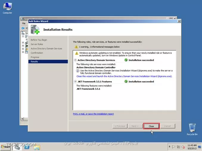 ||http://network.tosinso.com/files/get/465f83f1-ad1d-44fd-97d7-47db2dbdd599||
! راه اندازی یک شبکه قدرتمند محلی تحت دامین-Domain Networking

خب همان طور که از نامش معلوم هست شبکه ما تحت دامین میباشد و با شبکه های Workgroup خیلی تفاوت دارد. در شبکه دامین ما با سیستم عامل سرور یک شبکه راه اندازی میکنیم و بقیه کامپیوتر ها باید به سرور متصل شوند
تا بتوانند از سیستم های خود استفاده کنند همچنین ما در شبکه دامین میتوانیم سطح دسترسی کاربران را به قسمت های مختلف ویندوز محدود کنیم برای مثال از سرور دستور میدهم که کاربر X نتواند از USB استفاده کند و...
در شبکه Domain شما باید روی سرور برای هر کاربر Username و Password تعریف کنید تا کاربران با User و Pass های تایین شده توسط شما بتوانند کامپیوتر های خود را Login کنند.
در این قسمت از سیستم عامل Windows Server 2008 R2 استفاده میکنیم.

*خصوصیات شبکه Domain:*
قابلیت مدیرت هزاران کامپیوتر تنها از یک کامپیوتر ( سرور )
تعیین کردن سطح دسترسی کاربران به قسمت های مختلف سیستم عامل ویندوز
نصب برنامه ها تحت شبکه ( شما تایین میکنید که کاربران بتوانند چه برنامه هایی نصب کنند )
امنیت فوق العاده بالا
انعطاف پذیری بالا در مدیریت کاربران
نصب ویندوز بر روی کامپیوترهای Client عضو شبکه Domain
و......

پیکربندی ویندوز Server 2008 R2 Enterprise:
1- سیستم عامل ویندوز را روی کامپیوتر سرور نصب کنید. سیستم عامل را حتما فعال و Active کنید و ساعت آن را تنظیم کنید.
2- در این قسمت باید سرویس Active Directory را روی ویندوز سرور نصب کنید تا شبکه شما به Domain تبدیل شود. ( ADDC: Active Directory Domain Controller )
2-1: نصب سرویس Active Directory:

روی Start کلیک کنید سپس از Administrative Tools گزینه Server manager را انتخاب کنید:
||http://network.tosinso.com/files/get/d1bb9151-613e-43a6-9396-6d85acb85013||
2-2- در صفحه باز شده روی Roles کلیک کنید سپس Add Roles را بزنید:
||http://network.tosinso.com/files/get/9a64b30c-3142-4369-bca1-a874b86e16c5||
2-3- در این قسمت روی Next کلیک کنید:
||http://network.tosinso.com/files/get/587b1e57-15e6-462f-8a79-c55b970d6213||
2-4- در این قسمت تیک گزینه Active Directory Domain Services را بزنید:
||http://network.tosinso.com/files/get/ff749a6f-06e0-45a4-901e-53d8baa048a6||
2-5- صفحه ای باز میشود و باید روی Add Required Features کلیک کنید:
||http://network.tosinso.com/files/get/3fbe52f7-01e0-45d6-adb0-5fb2c2f42793||
2-6- تیک Active Directory Domain Services زده شد حالا روی Next کلیک کنید:
||http://network.tosinso.com/files/get/524e7fd5-206f-47f3-854a-efe49c96326d||
2-7- روی Next کلیک کنید:
||http://network.tosinso.com/files/get/2e1a28d8-acb0-4701-a7ae-9f42e86e1968||
2-8- روی Install کلیک کنید تا سرویس Active Directory نصب شود:
||http://network.tosinso.com/files/get/162dd0de-588b-4136-aaa4-2104315ab108||
2-9- در حال نصب:
||http://network.tosinso.com/files/get/6489b5cd-83f0-4b66-a890-eaa10b5c4660||
2-10- روی Close کلیک کنید تا نصب به اتمام برسد:
||http://network.tosinso.com/files/get/1b8b18aa-6986-418a-b01e-6b59c2ca8d5d||
2-11- روی Start کلیک کنید سپس از Administrative Tools گزینه Server manager را انتخاب کنید.
روی Roles کلیک کنید سپس روی Active Directory Domain Services کلیک کنید:
||http://network.tosinso.com/files/get/dee593d9-243f-44b2-93bc-6b300fe7d76c||
2-12- روی Run the Active Directory Domain Services Installation Wizard dcpromo.exe کلیک کنید:
||http://network.tosinso.com/files/get/3a44e3d2-068c-4c3d-9b58-80f609dbc2ad||
2-13- روی Next کلیک کنید:
||http://network.tosinso.com/files/get/3e5f84e4-a44a-4fad-8f5d-9f4ceb6e859f||
2-14- روی Next کلیک کنید:
||http://network.tosinso.com/files/get/2305697b-c67d-47d3-8601-cc7be14bc60a||
2-15- تیک گزینه Creat a new domain in a new forest را بزنید و روی Next کلیک کنید:
||http://network.tosinso.com/files/get/8dba017d-96aa-4fe6-bf36-681a52f70056||
2-16- در این قسمت باید برای دامنه شبکه دامین یک نام انتخاب کنید. دقت کنید که باید از 2 یا 3 کلمه تشکیل شود و بین آن ها نقطه ( . ) گذاشته شود. سپس روی Next کلیک کنید:
||http://network.tosinso.com/files/get/82dff6dd-706c-4bba-90b1-96701c4711e3||
2-17- در این قسمت از بالا ( Forest fuctional level ) گزینه Windows server 2008 R2 را انتخاب کنید و روی Next کلیک کنید:
||http://network.tosinso.com/files/get/781a032f-d08e-4aa9-bbfe-f0a3ed1ca1eb||
2-18- در این قسمت مطمئن باشید که تیک گزینه DNS خورده باشد سپس روی Next کلیک کنید:
||http://network.tosinso.com/files/get/f9000eaf-8a56-439c-b3f8-d985a60c39c0||
2-19- در این قسمت باید نوع سیستم IP دهی به شبکه را انتخاب کنید که DHCP و Manual میباشد من در اینجا ار IP دهی Manual استفاده میکنم و IP کارت های شبکه را دستی تنظیم میکنم
پس ابتدا IP سرور را دستی تنظیم کنید سپس گزینه زیر را انتخاب کنید:
||http://network.tosinso.com/files/get/82ea3931-05e4-4aea-99f3-969ef43e0458||
IP که من تنظیم کردم:
||http://network.tosinso.com/files/get/8154f867-bb10-4d7b-8e89-260cebf69a2b||
IP Address: 192.9.200.77 این IP باید در رنج IP ها و روترهای داخل شبکه باشد.
Subnet Mask: 255.255.255.0 باید همین مقدار باشد: 255.255.255.0
Default Geteway: 192.9.200.50 باید IP مودم یا روتر اینترنت باشد تا به اینترنت دسترسی داشته باشد.
2-20- سپس روی Next کلیک کنید و Yes را بزنید:
||http://network.tosinso.com/files/get/ea8c50c0-9f6d-4b9f-a188-7ea6f9e099d5||
2-21- روی Next کلیک کنید:
||http://network.tosinso.com/files/get/8065e660-4640-4674-a0ce-a263e88611f7||
2-22- در این قسمت برای بازیابی Active Directory یک رمز وارد کنید ( رمز شما باید ترکیبی از حروف کوچک حروف بزرگ و اعداد و کاراکتر یاشد ) سپس روی Next کلیک کنید:
||http://network.tosinso.com/files/get/f7579a6a-96f7-49b2-88d8-e51c2efbae91||
2-23- روی Next کلیک کنید تا تنظیمات اعمال شود:
||http://network.tosinso.com/files/get/01968a4a-546e-4e3b-9b0a-0577c06aaa91||
2-24- در این قسمت تیک گزینه Reboot on completion را بزنید تا بعد از اتمام نصب و تنظیمات سرور ریست شود:
||http://network.tosinso.com/files/get/4bf0cd9d-497e-4e7c-a2b6-07c6bdc59e00||
خب تا اینجا توانستیم شبکه Domain را روی سرور راه اندازی کنیم. حالا باید کامپیوترهای کاربران و کلاینت ها را عضو این شبکه کنیم.
||http://network.tosinso.com/files/get/2953c08f-ffda-4765-a24f-b57b27b1acb9||
! join کردن کامپیوتر ها به سرور
عضو کردن کامپیوترهای کاربران و کلاینت ها به شبکه Domain:
تعریف Username و Password برای یک یا چتد کاربر روی ویندوز سرور:
خب شما ابتدا باید روی سرور برای هر کاربر و کلاینت یک نام کاربری و رمز عبور تعریف کنید تا کاربران بتوانند وارد حساب کاربری خود شوند.
1- روی Start کلیک کنید سپس از Administrative Tools گزینه Server manager را انتخاب کنید.
به مسیر زیر بروید:
<c#>
Roles > Active Directory Domain Services > Active Directory users and Computers > Domain name > Users
<c#>
Domain name همان اسمی هست که برای شبکه Domain انتخاب کردید.
||http://network.tosinso.com/files/get/3643b8f5-fd04-49bd-afe5-70167391d2e2||
2- روی Users کلیک راست کنید و New user را بزنید:
||http://network.tosinso.com/files/get/5ad37cf3-02f0-47f7-9f82-91d39d93a7c9||
3- First name: نام کاربر را وارد کنید.

Last name: اسم فامیل کاربر را وارد کنید.

User logon name: نام کاربری کاربر برای وارد شدن به سیستم را وارد کنید.
سپس روی Next کلیک کنید:
||http://network.tosinso.com/files/get/60bb779e-6856-40b1-93ff-80b3c7021f24||
4- در این قسمت برای User که ساختید پشورد بزارید و همه تیک ها را بردارید و روی NExt کلیک کنید ( پسورد ترکیبی از اعداد حروف کوچک و بزرگ و کاراکتر باشد )
||http://network.tosinso.com/files/get/2591bc9d-892f-4d2c-9123-0c27023ee07c||
5- روی Finish کلیک کنید:
||http://network.tosinso.com/files/get/5a60ff1d-80d2-4d32-87e6-959e80df3dfc||
6- User ما بر روی سرور ساخته شد.

به کامپیوتر کاربر یا کلاینت بروید سپس IP آدرس برای آن کلاینت تعریف کنید ( IP باید در رنج IP سرور و شبکه باشد )
IP Address: آدرس IP در رنج شبکه و سرور ( تکراری نباشد )
Subnet Mask: باید 255.255.255.0 باشد
Default geteway: باید IP روتر یا مودم اینترنت باشد
Prefered DNS Server: که خیلی مهم میباشد باید IP سرور را وارد کنید اگر وارد نکنید امکان عضویت و بر قراری ارتباط با سرور را ندارید.
||http://network.tosinso.com/files/get/7120de2c-28be-4b06-b6bb-5dea7c2b1fa0||
6- روی Computer کلیک راست کنید و Properties را بزنید سپس روی Change settings کلیک کنید:
||http://network.tosinso.com/files/get/6448080b-1d7a-4f29-b68a-e22e062d076a||
7- روی Change کلیک کنید:
||http://network.tosinso.com/files/get/4268e27b-a4e8-40cf-ad0a-d49da540731d||
8- تیک گزینه Domain را بزنید و نام Domain که در سرور موقع نصب Active Directory انتخاب کردید را وارد کنید و OK را بزنید:
||http://network.tosinso.com/files/get/5c2cd75d-4a84-4a5a-9075-2672ada1bd65||
9- از شما USER Name و Password میخواهد:
||http://network.tosinso.com/files/get/4a3f8a04-0fc3-402d-bba6-4957033a51ff||
Username باید Administrator را وارد کنید و Password را رمز عبور ویندوز سرور 2008 سپس Ok را بزنید:
10- پیام خوش آمد گویی به شما نمایش داده میشود. این یعنی این که کاربر شما عضو شبکه Domain شد. روی OK کلیک کنید:
||http://network.tosinso.com/files/get/ba3a7f60-7726-457f-af71-9cec5e2c5a65||
11- از شما میخواهد کامپیوتر را ریست کنید رو OK کلیک کنید:
||http://network.tosinso.com/files/get/78b86ffc-d746-48f7-afbe-5e5df898929f||
سپس Close را بزنید و Restart now را بزنید.
12- سیستم کاربر که روشن شد به شما میگه مه CTRL + ALT + Delete را بزنید تا Login شوید:
||http://network.tosinso.com/files/get/18282e58-64b6-46c1-adb1-c3291cb96d40||
13- روی Switch User کلیک کنید:
||http://network.tosinso.com/files/get/52f35079-78d5-4633-bd7f-a71623317de8||
14- Other User را بزنید:
||http://network.tosinso.com/files/get/6b9d9841-f62d-48f3-a6ff-215ce30e2824||
15- User name و Password که در سرور برای کاربر تعریف کردید را وارد کنید تا Login شود:
||http://network.tosinso.com/files/get/5d6df99e-ab52-4b11-80f9-630070acbe20||
||http://network.tosinso.com/files/get/e51322cc-c0f7-4ffc-ade0-f0dc086b4188||
16- کاربر شما با موفقیت عضو شبکه Domain شد
||http://network.tosinso.com/files/get/4b8fb913-5ae3-40bb-b733-f01b85f970a1||
موفق باشید.