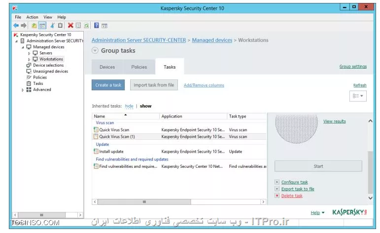 !! تنظیمات TASK برای  Virus Scan 
در این آزمایشگاه قصد داریم تا TASK تنظیمات برای Virus Scan را ایجاد کنیم :

*  ماشین های   DC - Security-Center را روشن کنید 

* بر روی ماشین Security-Center با نام کاربری abc\Administrator و پسورد Ka5per5Ky لاگین کنید 

* می خواهیم این TASK را بر روی ویندوز گروه workstations و servers وارد کنیم

1- وارد کنسول Administration Console شوید 

2- بازکردن Managed devices 

3- رفتن به تب Tasks 

4- انتخاب TASK - Quick Virus Scan 

||https://tosinso.com/files/get/16db5a0f-d180-4e11-bf61-5e34e615b478||

5- کپی TASK برای اینکه شورت کاتی از آن ساخته شود 

||اولین آموزش پارسی کسپراسکی سرور ::https://tosinso.com/files/get/002595a7-8304-48eb-b9d6-43e407e06474||

6- حالا از بخش Managed deviced به Servers بروید و تب TASK را بزنید 

7- حالا TASK را کپی کنید و PASTE را بزنید 

||https://tosinso.com/files/get/53fd3db1-118f-4e02-a6ea-f4b3d05e9c78||

8- حالا روی TASK که شورتکات شده راست کلیک و Properties را بزنید می خواهیم نام آن را عوض کنیم 

||https://tosinso.com/files/get/16bbffbc-d2f3-4bf9-8fdb-71de65094653||

9- تغییر نام به  Virus Scan – Servers 
KES10 SP2 و OK را بزنید 

||https://tosinso.com/files/get/31edc9f8-f023-4ae5-afd7-75714c743122||

10- باز کردن Workstations و TASK را بزنید 

11- کپی کنید تسک  Quick Virus Scan و آن را در Workstations پیست کنید 

12- حالا تسک را تغییر نام دهید به Quick Virus Scan (1) 

||https://tosinso.com/files/get/1c36e5a3-d608-4013-b523-891fc58d12f5||

13- نام آن را Virus Scan –
Workstations KES10 SP2 قرار دهید 

||https://tosinso.com/files/get/21dd59f5-10de-40d8-a43e-c333a47eefa1||

نویسنده : سید احمد توسلی
منبع : |جزیره امنیت اطلاعات و ارتباطات وب سایت توسینسو::https://tosinso.com/security|
هرگونه نشر و کپی برداری بدون ذکر منبع و نام نویسنده دارای اشکال اخلاقی است

