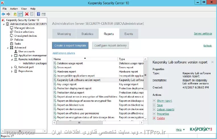 !! بررسی گزارش های عمومی حفاظتی 
در این آزمایشگاه قصد داریم تا تمامی کامپیوتر هایی که تحت Managed Devices اراده می شوند را از نظر گزارش گیری حفاظتی در سرور کسپراسکی بررسی کنیم ، سرور Security-Center و Laptop را روشن کنید ، در روی ماشین Security-Center به بخش Managed Devices بروید و تب Devices را بزنید :

1- حالا وارد Administration Server شوید و تب Reports را بزنید را بزنید 

||https://tosinso.com/files/get/4894fea3-01eb-4f2b-aff7-d9133e907db2||

2- انتخاب کنید Kaspersky Lab software version
report

||https://tosinso.com/files/get/1c372f5f-087b-4251-84b2-8aca8ce6e43e||

3- حالا بخش گزارشات عمومی باز شده و می توان با کلیک بر روی Show Report موضوعات هر ناحیه از حفاظت را مشاهده کرد :

||گزارش عمومی ::https://tosinso.com/files/get/1c372f5f-087b-4251-84b2-8aca8ce6e43e||

4- در اینجا گزارش Kaspersky Endpoint Security و Network Agent و تعداد کامپیوتر هایی هستند را می توان مشاهده کرد : 

||گزارش عمومی در کسپراسکی ::https://tosinso.com/files/get/0982f37e-8598-4fe4-8666-e05e913f76af||

5- حالا صفحه گزارش را ببنید 

نویسنده : سید احمد توسلی
منبع : |جزیره امنیت اطلاعات و ارتباطات وب سایت توسینسو::https://tosinso.com/security|
هرگونه نشر و کپی برداری بدون ذکر منبع و نام نویسنده دارای اشکال اخلاقی است