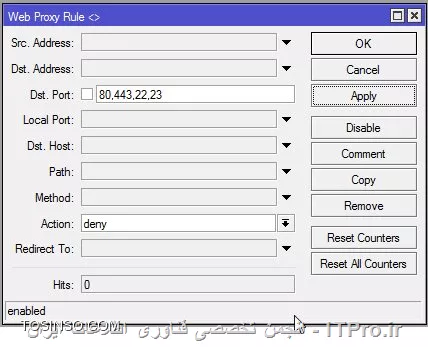 سلام . شما از چند طریق میتوانید این عمل را انجام دهید 

الف ) استفاده از webproxy
1- ابتدا وارد بخش ip--->firewall---->Nat شده و مانند تصویر زیر یک رول dst-nat  ایجاد کنید :
||http://network.tosinso.com/files/get/00308f41-d0ab-42c3-b4d4-11ea32e7b21e||

||http://network.tosinso.com/files/get/6fa7ef3d-f70f-40d2-b8f6-d703adc2d4c6||

2- وارد بخش ip--->webproxy شده و از تب General ؛enable را انتخاب کرده و مراحل را انجام دهید :

||http://network.tosinso.com/files/get/779a8040-426e-49ec-9e68-91183b835de7||

با توجه به تصویر سوم ، اگر کاربران در شبکه سایت network.tosinso.com را در مرورگر اجرا کنند بصورت خودکار به سایت google.com هدایت خواهند شد ... اگر که میخواهید به طور مستقیم سایت مسدود گردد ؛مانند تصویر زیر عمل نمائید :

||http://network.tosinso.com/files/get/666a7f57-0667-43ef-b741-89fb56a8495b||

3- اگر که میخواهید جلوی دانلود فایلهای خاص مانند mp3 ، exe و غیره را از  کاربران بگیرید مانند تصویر زیر عمل کنید :

||http://network.tosinso.com/files/get/e2d1f609-8ce1-4e05-aa9c-d050f3ca273f||

4- اگر که میخواهید جلوی پورت خاصی را بگیرید کافیست پورت برنامه مربوطه را در باکس dst port اضافه کنید ...

||http://network.tosinso.com/files/get/1c9d12b3-2220-496f-886e-aa8d47f8e81c||


ب ) استفاده از رول اختصاصی در Firewall : 
وارد بخش ip--->firewall--->Filter Rules  شده و یک رول جدید ایجاد کنید :

1-
||http://network.tosinso.com/files/get/58292a2b-1815-4b42-8cd0-cd9538d0ddc0||
2-
||http://network.tosinso.com/files/get/95a8ea4b-b143-446a-853d-836347042ea5||
3- 
||http://network.tosinso.com/files/get/68d627e9-45a6-4dcb-87f7-3d34ccb8ab60||
4- 
||http://network.tosinso.com/files/get/631e9ff9-742f-471e-89f3-737f40bb6ff6||

توضییحات : بطور کلی تصاویر بالا  نشان میدهد که سایت youtube.com را برای همه کاربران شبکه 192.168.0.0/24 ، بر روی پورتهای 80 و 443 ، به جز کاربرانی که در address list با نام weballow  ای پی آنها تعریف شده است با action از نوع Drop مسدود کند.

حالا شما میتوانید همین موضوع را با سایتهای مختلف و پورتهای برنامه مختلف تعمیم دهید ....
