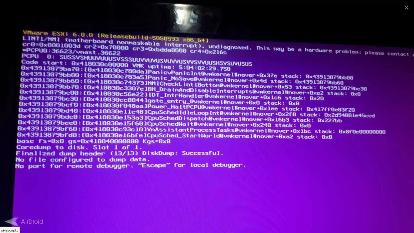 با سلام و وقت بخیر
چند وقتی هست که 6-7 روز یکبار سرور Esxi کرش میکنه و پیغام خطای تصویر زیر را نمایش میده. دوستان و متخصصان میتونن راهنمایی کنن مشکل از کجاست و علت خطا از چی میتونه باشه؟ ممنونم

||https://tosinso.com/files/get/1cf2ea1b-1a52-48db-82c6-4b021265b794||
