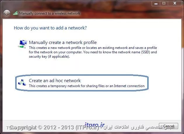 در این مقاله شما را با مفهوم توپولوژی های وایرلس به ویژه توپولوژی های Infrastructure  و Ad hoc  آشنا خواهیم کرد و به شما آموزش می دهیم که چگونه یک شبکه Ad Hoc  را با استفاده از ویندوز Seven راه اندازی کنید. در استاندارد 802.11 یا Wireless Local Area Network دو نوع توپولوژی وجود دارد که به نام های AH Hoc و Infrastructure شناخته می شود این دو توپولوژی در شکل زیر نشان داده شده است.

||http://www.tosinso.com/files/get/61ed48ab-bc19-45ee-8986-20bef0dc9817||

!! معرفی  AD Hoc Topologies
به نوعی از توپولوژی کفته می شود که دو یا چند کامپیوتر را بدون نیاز به Device جانبی مانند Access Point می توانند به صورت مستقیم با یک دیگر ارتباط برقرار نمایند.به عنوان مثال ارتباطی که دو Lap Top با یکدیگر برقرار می نمایند بر اساس همین مدل می باشد این نوع توپولوژی به علت وجود تداخل در ارتباط توصیه می شود از توپولوژی Infrastructure استفاده نمایید.

!! معرفی Infrastructure Topologies
به توپولوژی گفته می شود که ارتباط بین کلاینت ها به کمک یک Device به نام Access Point انجام می گیرد به طور کلی Access Point یا AP به دستگاهی کفته می شود که دارای چندین نقش است :

* مدیریت شبکه بی سیم را بر عهده دارد.
* وظیفه برقراری امنیت در شبکه های بی سیم را بر عهده دارد.
* تقویت امواج و سیگنال های ارتباطی را عهده دار می باشد.

در شبکه های بی سیم برای برقراری امنیت و بالا بردن آن می توانید از سه نوع پروتکل برای تائید هویت استفاده نمایید که شامل WEP,WPA,WPA2 می باشد که در شکل زیر قابل مشاهده است.

||http://www.tosinso.com/files/get/1c484698-f0ae-46e3-b9ae-1c65156e1aaf||

در پروتکل WEP دو روش برای تائید هویت استفاده می گردد که به نام های Open  و Shared Key شناخته می شوند و برای رمز گذاری (Encryption) اطلاعات از پروتکلی به نام RC4 استفاده می گردد.در پروتکل WPA از دو روش برای تائید هویت استفاده می گردد که به نام های IEEE 802.1x و PSK شناخته می شود .در این پروتکل تائید هویت برای شبکه های کوچک خانگی از PSK استفاده می شود و برای سازمان های که امنیت برای انها مهم است از پروتکل IEEE 802.1x استفاده می گردد و در هر دوحالت از پروتکل رمز گذاری به نام Tkip/Mic استفاده می شود و امنیت نسبت به WEP بالاتر است. در پروتکل WPA ورژن 2 همانند WPA از دو روش تائید هویت یکسان استفاده می گردد و در رمز گزاری نیز از الگوریتم کد گذاری AES-CCMP استفاده می گردد که باعث بالاتر بردن امنیت در این روش شده است.

!! راه اندازی یک شبکه از نوع AD Hoc
برای را ه اندازی یک شبکه از نوع AD Hoc جهت برقراری ارتباط بین دو یا چند کامپیوتر می بایست مراحل زیر را انجام دهید در اولین اقدام مطابق با شکل زیر وارد Control Panel شده و سپس وارد بخش Network and Sharing Center شوید در این قسمت در صورتی که در سیستم عامل یک کارت شبکه از نوع بی سیم وجود داشته باشد گزینه Manage Wireless Networks را انتخاب کنید.   

||http://www.tosinso.com/files/get/125fe331-52c5-4295-b5e5-88d6b3e68e1a||

با انتخاب گزینه Manage Wireless Networks شکل زیر نمایش داده خواهد شد.

||http://www.tosinso.com/files/get/5a5ae9dd-7db0-4890-b222-48af72989162||

در این قسمت برای ایجاد یک شبکه AD Hoc باید گزینه Add را انتخاب نمایید تا شکل زیر برای شما ظاهر شود.

||http://www.tosinso.com/files/get/1cf4571e-9d37-4f34-9957-7284e8d5ce63||

در این بخش گزینه Create an ad hoc network را انتخاب کنید تا یک شبکه از نوع AD Hoc ایجاد گردد. اما کزینه دیگری هم در این بخش وجود دارد که برای ایجاد یک Profile برای شبکه بی سیم مورد استفاده قرار می کیرد، با انتخاب گزینه Create an ad hoc network شکل زیر برای شما نمایش داده می شود.

||http://www.tosinso.com/files/get/4ca95f83-a23a-47da-a6d8-80525e317106||

در این بخش توضیح در خصوص شبکه AD Hoc داده شده است که برای برقراری ارتباط دو یا چند سیستم عامل به صورت بی سیم مورد استفاده قرار می گیرد و اشاره شده است که در این نوع شبکه می توانید از اطلاعات Share شده استفاده نمایید،در هر صورت برای ادامه کار گزینه Next را انتخاب کنید تا شکل نمایش داده شده در زیر برای شما ظاهر شود.

||http://www.tosinso.com/files/get/85284015-e052-4b86-86ec-09c99f7d785e||

در این بخش در قسمت Network Name باید یک نام برای این شبکه بی سیم تعیین نمایید ،در قسمت Type Security می بایست یکی از پروتکل های Security که به آنها اشاره شده را انتخاب کتید که شامل WPA2 وWEP می باشد  حتی می توانید این بخش را در حالت No Authentication قرار دهید و در بخش Security Key برای این شبکه یک رمز عبور تعریف نمایید.عبور انتخابی حداقل باید متشکل از 8 کاراکتر باشد در مقابل این بخش گزینه دیگری به نام Hide Characters وجود دارد در صورتی که چک مارک این گزینه را فعال نمایید در زمان وارد کردن پسورد حروف و اعداد وارد شده نمایش داده نخواهد شد در نهایت گزینه Save This Network را فعال کنید تا این Connection بعد از ایجاد شدن در سیستم عامل ذخیره گردد و گزینه Next را انتخاب نمایید تا در انتها شکل زیر نمایش داده شود.

||http://www.tosinso.com/files/get/2efa6df1-4fa5-463f-8049-b091f46d128b||

در این بخش به دلبل عدم ارتباط با یک کامپیوتر دیگر با استفاده از مدل AD Hoc به صورت مشخص شده در شکل زیر نمایش داده شده است ،در نهایت Connection مورد نظر به صورت زیر ایجاد و ذخیره می گردد.

||http://www.tosinso.com/files/get/129fd393-27e0-4f65-9fa5-0c77d246f310||

کامپیوتر دیگر می تواند براساس نام شبکه های که در طول پروسه ویزارد تعیین کرده اید و استفاده از رمز عبور به شکل بی سیم ایجاد شده متصل شود.

نویسنده : علی سالم پناه
منبع : |جزیره سرویس های شبکه مایکروسافت وب سایت توسینسو::https://tosinso.com/microsoft|
هرگونه نشر و کپی برداری بدون ذکر منبع و نام نویسنده دارای اشکال اخلاقی می باشد