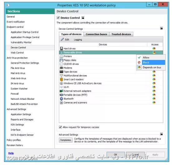 !! مسدود کردن USB Flash Drives 
در این آزمایش قصد داریم تا با کسپرسکی سرور 10 فلش مموری USB را مسدود کنیم 

-  ماشین PC 1 را باز کنید و وارد VMware Workstation شده و روی VM بروید در بخش Removable Devices مطمئن شوید که Connect باشد حالا یک فلش مموری را قرار دهید 

||https://tosinso.com/files/get/8ad04506-9d36-4490-acd6-11b320c009a5||

- روی Pc 1 روی Start سپس وارد Computer شوید مطمئن شوید که فلش مموری کار می کند 

||https://tosinso.com/files/get/2c47e4aa-b7d6-48f7-8b35-d33cc9c11132||

- Security-Center 

1- وارد Administration Console شوید 

2- سپس وارد گروه Workstations و تب Policies را بزنید 

||https://tosinso.com/files/get/650bdf2e-5bea-4c36-8d08-2b9045254907||

3- انتخاب کنید پالیسی KES 10 SP2 workstation policy 

4- حالا policy properties را باز کنید 

5- وارد Device Control شوید 

||https://tosinso.com/files/get/c535436b-c882-44bf-9da6-420ca901632b||

6- انتخاب کنید  Removable drives 

7- روی تب  Access روبروی عبارت Removable drives کلیک کنید 

||https://tosinso.com/files/get/1d007a39-d142-45a6-b372-8a05ba16d58c||

8- روی Block کلیک کنید 

||https://tosinso.com/files/get/c535436b-c882-44bf-9da6-420ca901632b||

9- حالا OK کنید 

10- صبر کنید تا پالیسی اعمال شود 

11- وارد ماشین PC1 شوید باید اخطاری مانند زیر را مشاهده کنید 

||https://tosinso.com/files/get/5dc0a80b-7f3a-46be-924b-5f8e981adc2a||

11 - در پایین صفحه می توانید روی لینک Request access کلیک کنید صفحه ای مثله زیر نمایان می شود :

||https://tosinso.com/files/get/e26682a8-07e9-4de5-920b-fb3a157995e5||

12- شما می توانید درخواستی را برای مدیر شبکه ارسال کنید با کلیک روی  Send تا دسترسی شما را بررسی و در صورت صلاحدید آن را باز کند 

13- وارد Administration Server و در بخش Events 

||https://tosinso.com/files/get/b5d6ad89-f7aa-47d9-841d-07bcfd5700f4||

14- بر روی User requests کلیک کنید 

||https://tosinso.com/files/get/0228c035-08af-496b-ab81-feb0e146c4e9||

15- حالا درخواست را مطالعه کنید 

نویسنده : سید احمد توسلی
منبع : |جزیره امنیت اطلاعات و ارتباطات وب سایت توسینسو::https://tosinso.com/security|
هرگونه نشر و کپی برداری بدون ذکر منبع و نام نویسنده دارای اشکال اخلاقی است