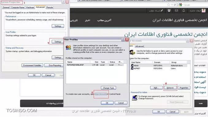 خواهش میکنم کاری نکردم فقط راه زیر رو هم تست کنید راحت تر از روش رجیستری هست و اصولی تر نتیجه رو هم بگید ممنون میشم.
شما وقتی میخوایید یه یوزر رو با پروفایلش حذف کنید طبق تصویر زیر عمل کنید
||http://network.tosinso.com/files/get/1d2ec8e8-b17a-4f0a-9540-095ea2a75ddb||
اینجوری پروفایل هم از ویندوز هم از رجیستری پاک میشه
اگه پروفایل رو همینجوری پاک کنیم با اون پوشه TEMP برخورد میکنیم و مشکلات دیگه هم به طبع به وجود میاد
چون اونجوری هیچ وقت از رجیستری پاک نمیشه مگه اینکه دستی اقدام کنیم
البته من روی XP تست کردم جواب داد اما روی ویندوز 7 همونجور که کاربر picasa گفتند به جای اینکه پروفایلی ایجاد شه با اسم یوزر با اسم TEMP ایجاد میشه
اما اگه طبق تصویر بالا یوزر رو پاک کنیم نه تنها یوزر پاک میشه بلکه پروفایلش و همچنین از رجیستری پاک میشه
این بهترین راه ممکنه هست
