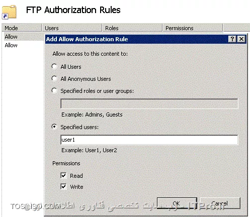 با سلام . با کلیک کردن روی کاربران تعریف شده،بر روی گزینه   ftp authorization roles دابل کلیک کنید
||http://network.tosinso.com/files/get/51985397-4e23-4528-9366-c3b9a3627ec5||

و بعد کلیک راست کرده و گزینه add allow role را انتخاب نموده و در قسمت spicified users نام کاربری که باید به این پوشه دسترسی داشته باشد را وارد کنید. 
||http://network.tosinso.com/files/get/1dd46688-f63c-4758-adba-1ed7f34b34a0||