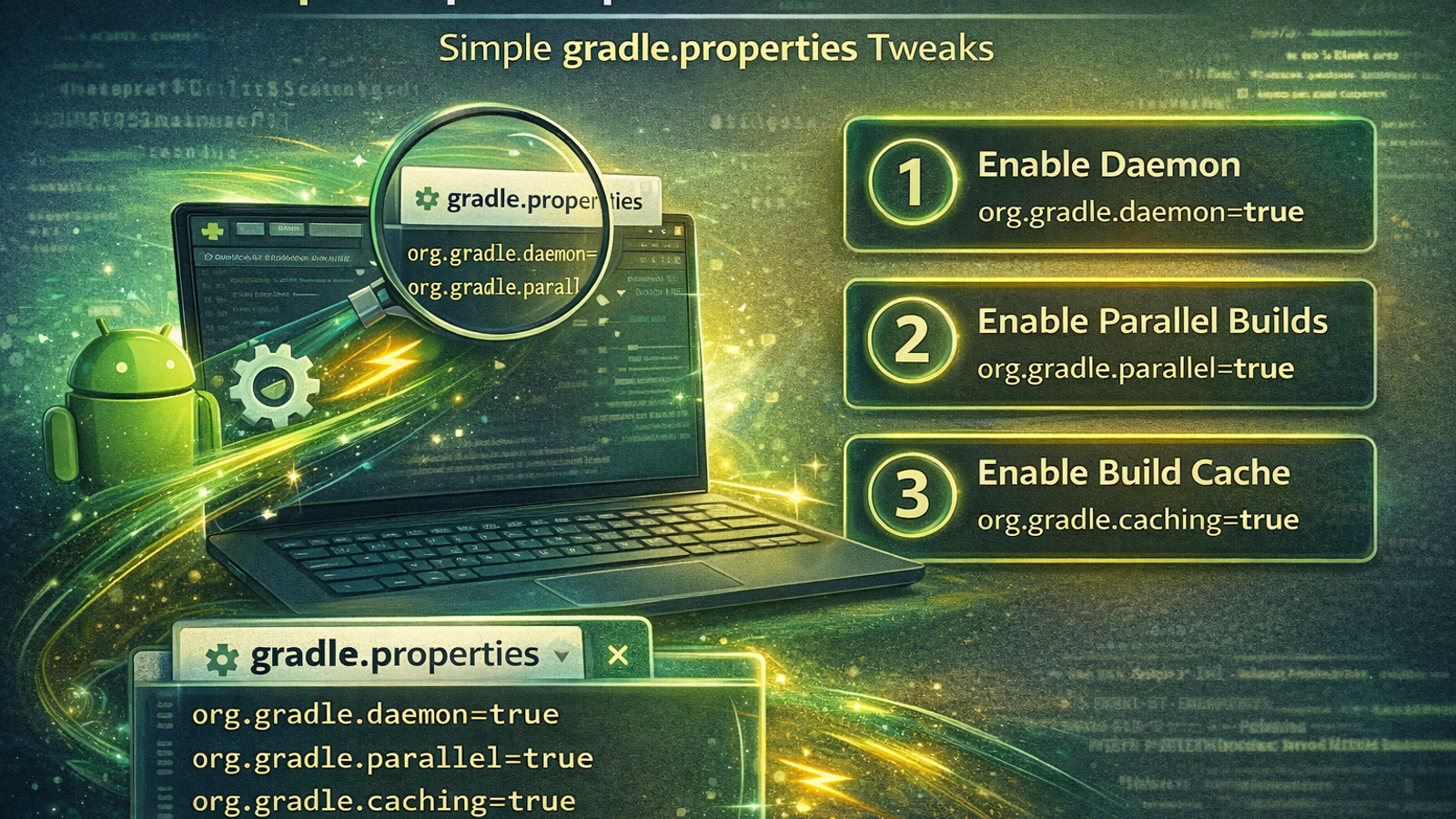 ۳ ترفند برای افزایش سرعت Build در اندروید استودیو: تنظیمات ساده در فایل gradle.properties