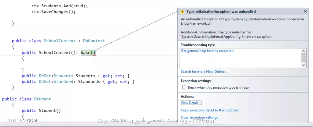 سلام دوستان من میخواستم یک دیتا بیس از طریق Code first ایجاد کنم ..
اما نمیدونم مشکلم کجاست ؟؟! و چرا به اروو میخوردم ؟؟ من کانکشن استیرنگ هم ب صورت زیر تعریف کردم .. دوستان میتونن راهنمایی کنن؟؟
ویا یک نمونه میخواستم دیتا بیس از طریق Code first برام بزارین ..

<htm>
<connectionStrings>
        <add name=SchoolContext connectionString=Data Source=.;Initial Catalog=SchoolContext;Integrated Security=True providerName=System.Data.SqlClient />
    </connectionStrings>
<htm>

<c#>
static void Main(string[] args)
        {
                 var ctx = new SchoolContext();
            
                Student stud = new Student() { StudentName = New Student };

                ctx.Students.Add(stud);
                ctx.SaveChanges();
            
        }
      
        public class SchoolContext : DbContext
        {
            public SchoolContext(): base()
            {

            }
            public DbSet<Student> Students { get; set; }
            public DbSet<Standard> Standards { get; set; }
        }
    
    public class Student
        {
            public Student()
            {

            }
            public int StudentID { get; set; }
            public string StudentName { get; set; }
            public DateTime DateOfBirth { get; set; }
            public byte[] Photo { get; set; }
            public decimal Height { get; set; }
            public float Weight { get; set; }

            public Teacher Teacher { get; set; }

            public Standard Standard { get; set; }
        }

          public class Standard
        {
            public Standard()
            {

            }
            public int StandardId { get; set; }
            public string StandardName { get; set; }

            public ICollection<Student> Students { get; set; }

        }
        public class Teacher
        {
            public Teacher()
            {

            }
            public int TeacherId { get; set; }
            public string TeacherName { get; set; }
        }

<c#>

||http://tosinso.com/files/get/1e1d6a43-722d-4adf-aa45-6b56b7223d04||