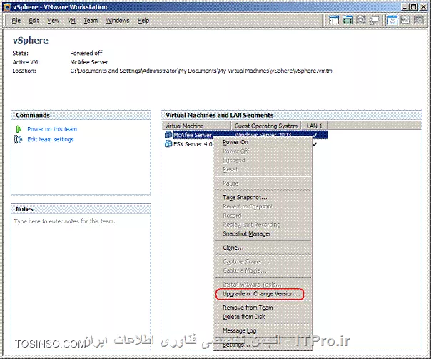 جهت تغییر ورژن ماشین های مجازی تصاویر زیر را مشاهده کنید
||http://virtualization.tosinso.com/files/get/1e631431-fe69-427c-95d9-fec7ebee7b76||
||http://virtualization.tosinso.com/files/get/9da9cf0c-4542-4ec5-bdbc-d7131bbb3612||
||http://virtualization.tosinso.com/files/get/ffb302a1-8ceb-40c3-aa25-afdf57c1cafd||
||http://virtualization.tosinso.com/files/get/b1e22ed4-a6e9-468c-8593-f893eb37214c||
||http://virtualization.tosinso.com/files/get/53fe8010-013e-4d88-bb05-585fca9692fd||
اگر میخواهید که ماشینی مجازی از روی ماشین مجازی مورد نظر ایجاد نمایید و همچنین ماشین مجازی ایجاد شده به آخرین ورژن تغییر یابد، گزینه اول را انتخاب نمایید. اما اگر چنانچه مایلید ماشین مجازی مورد نظر خود به آخرین نسخه ارتقاء یابد، گزینه دوم را انتخاب نمایید که در ادامه ما گزینه دوم را انتخاب میکنیم.
||http://virtualization.tosinso.com/files/get/4bfc17b9-38a5-4278-a585-02c9817263f6||
||http://virtualization.tosinso.com/files/get/0c5934e5-b654-4725-8fae-c9981f42f9a4||