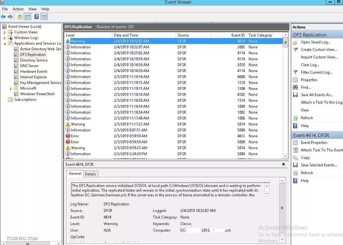 
 Non-authoritative SYSVOL Restore را روی سرور ادیشنال (2012) که sysvol و netlogon در آن share نشده است انجام دادم

اما متاسفانه باز هم این دو پوشه share نشد

داخل پوشه sysvol هم چیزی وجود ندارد

||https://tosinso.com/files/get/8cd0e2f2-ec9e-4a9d-9bc9-602423756dce||

در فرایند این کار هیچ اروری هم دریافت نکردم
همه مراحل این پیغام بود SyncAll terminated with no errors.

C:\Windows\system32>dfsrdiag PollAD

Operation Succeeded

بعد از انجام کار
||https://tosinso.com/files/get/1e6b193e-1bad-4376-8c08-c66d20693f99||

متن ارور 4614 
The DFS Replication service initialized SYSVOL at local path C:\Windows\SYSVOL\domain and is waiting to perform initial replication. The replicated folder will remain in the initial synchronization state until it has replicated with its partner DC-2008.xxxx.ost. If the server was in the process of being promoted to a domain controller, the domain controller will not advertize and function as a domain controller until this issue is resolved. This can occur if the specified partner is also in the initial synchronization state, or if sharing violations are encountered on this server or the synchronization partner. If this event occurred during the migration of SYSVOL from File Replication service (FRS) to DFS Replication, changes will not replicate out until this issue is resolved. This can cause the SYSVOL folder on this server to become out of sync with other domain controllers. 
 
Additional Information: 
Replicated Folder Name: SYSVOL Share 
Replicated Folder ID: 6628564A-BAFD-4CD8-AE98-0F388010B858 
Replication Group Name: Domain System Volume 
Replication Group ID: 4ACD5A46-80F9-4085-B22C-C304B7340B84 
Member ID: A8224D6B-5118-40A4-9FDC-3C121768DAE5 



=======================================================================
در آموزش مهاجرت به DFS هم ظاهرا همه چی اوکی هست


PS C:\Windows\system32> dfsrmig /getglobalstate

Current DFSR global state: 'Eliminated'
Succeeded.
PS C:\Windows\system32> Repadmin /Showrepl

Repadmin: running command /Showrepl against full DC localhost
Default-First-Site-Name\DC-2012
DSA Options: IS_GC
Site Options: (none)
DSA object GUID: dcd8b470-1ef9-42ea-b266-54e34277e4a4
DSA invocationID: 03d774d3-0172-45ed-9582-f0d1ad593863

==== INBOUND NEIGHBORS ======================================

DC=xxxxx,DC=ost
    Default-First-Site-Name\DC-xxxxxx via RPC
        DSA object GUID: 98da5e67-eda3-449a-b947-58fd237f57ff
        Last attempt @ 2019-02-04 09:31:55 was successful.

CN=Configuration,DC=xxxx,DC=ost
    Default-First-Site-Name\DC-xxxx via RPC
        DSA object GUID: 98da5e67-eda3-449a-b947-58fd237f57ff
        Last attempt @ 2019-02-04 09:18:32 was successful.

CN=Schema,CN=Configuration,DC=xxxxx,DC=ost
    Default-First-Site-Name\DC-xxxxx via RPC
        DSA object GUID: 98da5e67-eda3-449a-b947-58fd237f57ff
        Last attempt @ 2019-02-04 09:18:32 was successful.

DC=ForestDnsZones,DC=xxxx,DC=ost
    Default-First-Site-Name\DC-xxxx via RPC
        DSA object GUID: 98da5e67-eda3-449a-b947-58fd237f57ff
        Last attempt @ 2019-02-04 09:18:32 was successful.

DC=DomainDnsZones,DC=xxxxx,DC=ost
    Default-First-Site-Name\DC-xxxx via RPC
        DSA object GUID: 98da5e67-eda3-449a-b947-58fd237f57ff
        Last attempt @ 2019-02-04 09:18:32 was successful.

PS C:\Windows\system32> Repadmin /syncall
CALLBACK MESSAGE: The following replication is in progress:
    From: 98da5e67-eda3-449a-b947-58fd237f57ff._msdcs.xxxxx.ost
    To  : dcd8b470-1ef9-42ea-b266-54e34277e4a4._msdcs.xxxxx.ost
CALLBACK MESSAGE: The following replication completed successfully:
    From: 98da5e67-eda3-449a-b947-58fd237f57ff._msdcs.xxxx.ost
    To  : dcd8b470-1ef9-42ea-b266-54e34277e4a4._msdcs.xxxxx.ost
CALLBACK MESSAGE: SyncAll Finished.
SyncAll terminated with no errors.

PS C:\Windows\system32> dfsrmig /setglobalstate 1

Current DFSR global state: 'Eliminated'
New DFSR global state: 'Prepared'
Invalid state change requested.
PS C:\Windows\system32>
PS C:\Windows\system32>
PS C:\Windows\system32>
PS C:\Windows\system32>
PS C:\Windows\system32>
PS C:\Windows\system32>
PS C:\Windows\system32>
PS C:\Windows\system32> dfsrmig /getmigrationstate

All domain controllers have migrated successfully to the Global state ('Eliminated').
Migration has reached a consistent state on all domain controllers.
Succeeded.
PS C:\Windows\system32>
PS C:\Windows\system32>
PS C:\Windows\system32>
PS C:\Windows\system32>
PS C:\Windows\system32>
PS C:\Windows\system32> dfsrmig /setglobalstate 2

Current DFSR global state: 'Eliminated'
New DFSR global state: 'Redirected'
Invalid state change requested.
PS C:\Windows\system32>
PS C:\Windows\system32>
PS C:\Windows\system32>
PS C:\Windows\system32>
PS C:\Windows\system32>
PS C:\Windows\system32> dfsrmig /getmigrationstate

All domain controllers have migrated successfully to the Global state ('Eliminated').
Migration has reached a consistent state on all domain controllers.
Succeeded.
PS C:\Windows\system32>
PS C:\Windows\system32>
PS C:\Windows\system32> dfsrmig /setglobalstate 3

Current DFSR global state: 'Eliminated'
New DFSR global state: 'Eliminated'
Invalid state change requested.
PS C:\Windows\system32>
PS C:\Windows\system32>
PS C:\Windows\system32>
PS C:\Windows\system32>
PS C:\Windows\system32>
PS C:\Windows\system32>
PS C:\Windows\system32>
PS C:\Windows\system32> dfsrmig /getmigrationstate

All domain controllers have migrated successfully to the Global state ('Eliminated').
Migration has reached a consistent state on all domain controllers.
Succeeded.
PS C:\Windows\system32>
PS C:\Windows\system32>
PS C:\Windows\system32>
PS C:\Windows\system32> net share

Share name   Resource                        Remark

-------------------------------------------------------------------------------
C$           C:\                             Default share
D$           D:\                             Default share
IPC$                                         Remote IPC
ADMIN$       C:\Windows                      Remote Admin
The command completed successfully.

مثل همین کار را روی سرور اصلی هم انجام دادم که نتایج مثل بالاست



نمیدونم مشکل چیه که نمیتونه ارتباط برقرار کنه و این دو پوشه share نمیشن

( در ضمن این دو پوشه در سرور اصلی (2008) در درایو D می باشند )

PS C:\Windows\system32> net share

Share name   Resource                        Remark

-------------------------------------------------------------------
ADMIN$       C:\Windows                      Remote Admin
C$           C:\                             Default share
D$           D:\                             Default share
E$           E:\                             Default share
F$           F:\                             Default share
IPC$                                         Remote IPC
NETLOGON     D:\SYSVOL\sysvol\xxxx.ost\SCRIPTS
                                             Logon server share
Public       F:\Public
SYSVOL       D:\SYSVOL\sysvol                Logon server share
The command completed successfully.


باز هم شرمنده

سرتونو خیلی درد آوردم

ممنون بابت وقت  و آموزشی که میزارین

