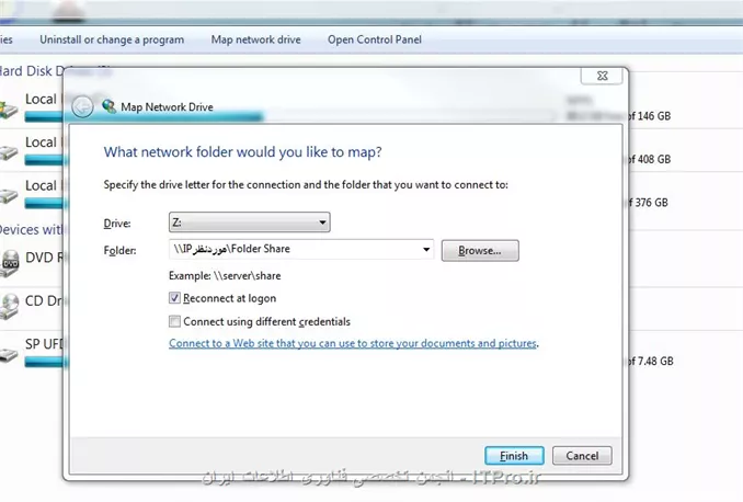 درایو یا پوشه مورد نظر رو در سرور شیر کنید . سپس از طریق IP سرورتون به روش زیر عمل کنید در سیستم خودتون 
||http://network.tosinso.com/files/get/1f36b5f4-dd76-45b1-b5f8-7d9f53bf59af||