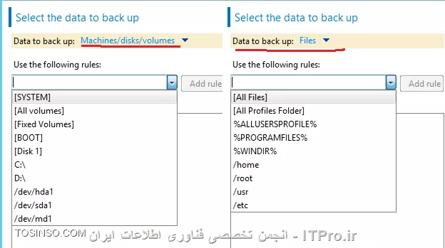 --
! Creating a backup plan
--
بعد از ایجاد مراحل مقدماتی که در آموزشهای قبلی توضیح داده شد نوبت به شروع Backup گیری از Client/Server میرسد.قبل از اینکه شما Backup گیری را شروع کنید باید چند پارامتر را قبل از Backup مشخص کنید. مانند:
*از چه چیزهای Backup بگیرم؟*
شما باید مشخص کنید از چه چیزی می خواهید Backup بگیرید؟ VMها،  Physical Machineها،  سرورها یا کلاینتها؟ از کدام قسمت آنها Backup تهیه کنم؟
*با چه credentials های از ریسورسهای بالا Backup تهیه کنم؟*
شما باید یک User مشخص کنید که مجوز لازم برای Backup از منابع حساس را داشته باشد. علت Fail شدن بیشتر Backup jobها این مورد می باشد.
*بحث Exclusions *
شما باید تصمیم بگیرید چه ایتمهای نباید از آنها Backup گرفته شود؟ (این Option اختیاریه)
*Backupها را کجا ذخیره کنم؟*
یکی از مهمترین پارامترهای که باید در نظر گرفته شود. اهمیت این مورد بیشتر از موارد قبلی می باشد، خیلی از Admin ها در مواقع اضطراری دلشونو خوش این Backup هستش و اگر اسورج این Backup ها بصورت ناپایداری باشد شما در مواقع اضطراری باید دنبال یک معرف قوی باشید که با مدیر عامل آن شرکت یا سازمان حرف بزند که اگر از بخش اینورماتیک اخراج شدید در قسمت های دیگر شما را جذب کنند D:
*Credentials for storage access*
اگر Backupهای شما در Storage node, FTP, SFTP and etc… ذخیر می شود باید یک User در Backup plan معرفی کنید که مجوز دسترسی به آن استورج ها را داشته باشد.
*Backup scheme*
در این پارامتر باید مشخص کنید در چه زمانهای میخواهید از ریسورسها Backup تهیه کنید؟؟؟ تا چه زمانی Backup در Storage باقی بمانند؟؟؟ یا تنظیمات،  کپی کردن یک نسخه از Backupهای گرفته شده در جائی دیگر، و بقیه تنظیمات دیگر
--
قبل از اینکه شما بتوانید از ریسورسهای شبکه Backupی تهیه کنید باید یک برنامه Plan برای Client/Server های خود در Management Server خود ایجاد کنید.
Acronis توصیه می کنه برای هر دسته از کامپیوترها (این دسته می تونه شامل چند صدتا Server باشه یا یک سرور باشه) مثلا: سرورهای FTP یک Plan و سرورهای DC یک Plan وغیره.
این دسته ها را می توانید با ایجاد گروه در Management Server ایجاد کنید و Serverهای مشابه را عضو این گروه ها کنید. و Plan مناسب هر گروه را فقط به آن گروه ربط دهید.
برای ایجاد Plan :
||http://tosinso.com/files/get/27369028-2ca4-4f3b-94d5-cd888f8f9cc7||
گذینه مشخص را کلیک کنید:
||http://tosinso.com/files/get/475c99e8-b327-4bc2-97c2-0ba74ea4726c||
این قسمتها خیلی مهمه همه را یک به یک مرور می کنیم.
! قسمت 1:
--
قسمت اول باید مشخص کنیم از چه چیزهای قصد داریم Backup تهیه کنیم، که برای اینکار لینک Required را کلیک می کنیم:
||http://tosinso.com/files/get/18a0e8ef-ab93-4120-930a-a7b8a5d2d1dc||
در قسمت های بالا که مشخص کردم میتوانید تعین کنید از چه چیزهای قصد Backup گرفتن دارید Disk, Volumes, Files end etc… در قسمت سمت راست هم می توانید تعین کنید که قصد انتخاب ایتمها بصورت مستقیم دارید یا از طریق تعریف Policy؟؟ Policy در این قسمت بدین شکل است که می توانید از ماشینهای انتخابی Profile آنها یا پوشه %windir%..., و  یا دیسکت های Dynamic or fixed و غیره را مشخص کنید. به عکس زیر توجه کنید:
||http://tosinso.com/files/get/1f703a16-b137-4f0b-8a0e-332d3924375c||
 که من قصد انتخاب ایتمها بصورت مستقیم را دارم:
||http://tosinso.com/files/get/790f1c1a-a15e-4a2c-9fc7-765327b6b527||
! قسمت 2:
--
||http://tosinso.com/files/get/98730cd2-9c69-4955-95b7-b533e1bfd9c3||
بعد از انتخاب کردن ایتم های مورد نیاز برای Backup گیری باید مشخص کنید این Backup را کجا ذخیره کنید؟؟ لینک Required را کلیک کنید
||http://tosinso.com/files/get/779440d1-6f9b-4e06-92cc-7fdabbe44b00||
# همه Backup ها (Archive) در یک نقطه مرکزی ذخیره می کند.
# Backup ها را در پوشه ی که مشخص می کنیم بر روی همان ماشین ذخیره می شود.
# Backupها بر روی Acronis Secure Zone که بر روی خود ماشین ساخته شده ذخیره می شود.
که در بالا من گذینه اول را انتخاب و Backupها را بر روی Acronis Storage Node ذخیره می کنم. که بعد از Ok کردن باید Userی که عضو گروه Local Administrators بر روی BSN می باشد وارد کنید.
! قسمت 3:
--
||http://tosinso.com/files/get/57dc483c-5f83-4f6f-b54e-ce749338d796||
بعد از مشخص کردن جائی برای ذخیره کرده اطلاعات Backup باید مشخص کنیم این Backup Plan چگونه از Resource ها Backup بگیرد.
# این قسمت را بعدا مفصل توضیح میدم.
# زمان بندی کردن دفعات Backup گیری می باشد.
# تنظیم کردن قابلیت Cleanup. این قابلیت در فواصلی که ما در اینجا مشخص می کنیم Backup ها را پاک می کند. برای بهینه سازی در مصرف فضای ذخیره سازی این کار انجام میشه.
# با تنظیم کردن این قابلیت می توانیم از Backup گرفته شده یک نسخه دیگر تهیه کنیم و آن را در جائی دیگر ذخیره کنیم. در سازمانهای خیلی بزرک Backupها هیچ وقت پاک نمی شود بلکه در جائی به نام off-site بر روی Tape library ذخیره می شود. شما می توانید off-site خود را در قسمت شماره 8 تنظیم کنید.
# نوع Backup را مشخص می کنیم.Full or incremental.
# Validate یا اعتبارسنجی کردن Backupهای گرفته شده در این قسمت تنظیم میشه. که این پروسه بر روی اخرین Full Backup گرفته شده تنظیم شده. 
! قسمت 4: 
--
||http://tosinso.com/files/get/0446f4d3-6d02-4251-b4da-bd0ec0d95d74||
در این قسمت می توانیم اسمی برای این Backup Plan همراه توضیحاتی بنویسیم.
قسمت Backup Option را در جلسه بعدی توضیح میدم.
شما بوسیله Plan’s Credentials می توانید برای اجرای این Backup plan یک User-Pass درست کنید که با مجوز این User-pass اجرا شود. بصورت پیش فرض قرار دهید.
بعد از تنظیم کل پارمتراها Ok کنید.
||http://tosinso.com/files/get/1558c4b0-e284-4c7b-a407-14a536509db7||
طبق زمان بندی که شما انجام می دهید این Plan اجرا می شود. در بالای Plan چندین گذینه وجود دارد. که واضح هستن کاربردشون چیه مثلا Clone یک کپی کامل مانند Plan قبلی ایجاد می کند. گذینه Export از تنظیمات این Plan یک فایل XML ایجاد می کند که بر روی Acronis Backup Advanced های دیگر می توانید Import کنید.
! Backup Schemes
--
در هنگام ایجاد Backup plan شما قسمتی به نام Backup Schemes دارید که شامل چند گذینه می باشد:
<ltr>
•	Simple
•	Grandfather-father-son
•	Custom
•	Tower of Hanoi
•	Manual Start 
•	Initial seeding
<ltr>
حوصله بذارید اینا رو با هم یاد بگیریم...... 
! Simple
شما با انتخاب این گذینه بصورت ساده باید مشخص کنید کی و چه اوقاتی قصد Backup گیری را دارید. 
بقیه پارامتراها بصورت اختیاری می باشد.
||http://tosinso.com/files/get/ee5c8971-c683-4ebd-82d1-04adc1979f47||
پارامترهای بالا واضح ، ساده و نیاز به توضیح خاصی ندارن.
قسمت Schedule باید مشخص کنید چه زمانی قصد Backupگیری دارید؟ قسمت Retention rules باید مشخص کنید این Backup تا کی در Storage باقی بماند؟ که من  بصورت دائمی ست کردم (Backup حذف نشود). و بقیه پارامترها که بدیهی و ساده هستن...
! Grandfather-Father-Son scheme
پدربزرگ، پدر و فرزند!!! 
یک روش و یک نوع متد Backup گیری می باشد که پارامترهای خاص خودشو داره
در یک نگاه اگر بخواهیم این روش را توضیح بدیم:
به روز فرزند گفته می شود، به هفته پدر گفته می شود و به ماه پدربزرگ. که روزهای خاصی را برای Backup گیری تعریف می کند. و همچنین تنظیمات retention periods
اجازه بدید فرض کنیم شما قصد دارید بصورت مرتب روزانه (D) و هفته گی (W) و ماهیانه (M) از منابع خود Backup تهیه کنید. جدول زیر زمان بندی این روش در دو ماه، را نشان می دهد:
||http://tosinso.com/files/get/00eb5b8c-6dde-4b8b-b180-32c3fe844187||
Backup های روزانه در روزهای کاری به جز جمعه اجرا میشود. و Backup های ماهیانه در اخرین جمعه ماه اجرا می شود. و Backup های هفتگی در روزهای جمعه بجز آخرین جمعه ماه اجرا می شود.
و اما پارامترهای این روش. وقتی شما این متد را انتخاب می کنید پارامترهای زیر ظاهر می شوند:
||http://tosinso.com/files/get/3f85dc8b-3d45-4663-857d-b5dc3e4566c1||
# باید تعیین کنید Backup گیری در چه ساعتی شروع شود؟ این ساعت، زمان اجرای Backup های (D), (W) and (M) می باشد. 
# روزهای که Backup های (D) اجرا میشوند را مشخص می کنیم. که روزهای کاری ما در ایران هستن.
# روزی که Backup های (W) and (M) اجرا می شوند را مشخص میکنیم. ( در تنظیم بالا هر چهارشنبه هفته ما یک Backup هفتگی و در آخرین چهارشنبه ماه یک بکآپ (M) می توانیم داشته باشیم.
# مدت زمانی که Backup های D, W and M در Storage باقی بمانند را مشخص می کنیم. که در بالا تنظیم کردم که Backup های روزانه 5 روز در database باقی بمانند و Backup های هفتگی 7 روز و Backup های ماهیانه بصورت دائم باقی بمانند.
# در این قسمت نوع Backup گیری را مشخص می کنیم؟ که دو گذینه داریم: 1-Always Full که همیشه از منابع بصورت Full بکاپ تهیه می کند و گذینه دوم 2-full/incremental/differential که بکاپ ماهیانه بصورت Full و بکاپ هفتگی بصورت Differential و بکاپ Incremental بصورت روزانه استفاده می شود.
و بقیه پارمتراها ساده و اختیاری هستن.....
*سوال:*
شما یک مشاور مالی هستید که بصورت پاره وقت در روزهای 4 شنبه و 5 شنبه در یکی از سازمانها مشغول به کار هستید. شما در این روزها اسناد مالی، بیانه ها و اطلاعات دیگر را در اسناد خود ایجاد و ویرایش می کنید. 
شما  نامه ای به تیم Backup گیری سازمان ارسال می کنید ( درکشورهای دیگر سازمانهای بزرگ  برای هر پروسه مهم در شبکه یک تیم بزرگ دارد  بگذریم که توی ایران یک ادمین باید پرینترها را تعمیر کند و مواظب شبکه و سرویسهای آن باشد و هم موبایلهای بقیه را تنظیم و کانکش مورد نظر را روی آنها ایجاد کند. بعللله) مبنی بر اینکه تمام تعقیراتی که در یک روز ایجاد می شود Backup گرفته شود و همچنین  تعقیراتی که در طول هفته اتفاق می افتد. و روز آخر هر ماه یک Full بکاپ از اسناد خود تهیه کنند. و همچنین بتواند به اطلاعات خود در 6 ماه قبلی دسترسی داشته باشد. 
الان ما توسط متد grandfather-father-son چگونه می توانیم سناریوی بالا را به نحوه احسنت انجام دهیم؟؟؟
خودتون حلش کنید.
! Custom
این یک متد کاملا Customize شده می باشد و می توانید یک زمان بندی ایجاد کنید که بر اساس شرایط خاصی اینPlan اجرا شود....
و اما پارامترهای این متد:
||http://tosinso.com/files/get/3eb5af6a-38e9-4f6d-91e4-2d2aa48b6b24||
# باید مشخص کنیم بکاپ های Full/incremental/differential کی و تحت چه شرایطی اجرا شوند. این شرایط را در قسمت زمانبندی در Acronis backup advanced توضیح میدم.
# مشخص کردن روز و ساعت اجرا شدن این Plan.
# شرایطی را مشخص می کنیم که این Plan تحت یک زمانبندی مشخص و طبق این شرایط اجرا شود.
# این قسمت شامل چند گذینه می باشد برای خلاص شدن از Backup های قدیمی. گذینه   Using retention rules باعث تعریف یک فرجه زمانی برای پاک سازی Backup های قدیمی می باشد و گذینه When there is insufficient space while backing up این گذینه در هنگام اجرای Plan و در هنگامی که فضای اضافی برای ذخیره Backup ها وجود نداشته باشد Backup های قدیمی همراه با Backup های متعلق به آن را پاک سازی می کند.
وبقیه پارامترها ساده و اسان می باشد. فقط  بوسیله گذینه Convert to virtual می توانید از Backup گرفته شده ، آن را تبدیل به یک VM کنید و آن را در Hypervisor مورد نظر منتقل کنید . در اینباره مقالات زیادی در انجمن می توانید پیدا کنید. همچنین برنامه Symantec Backup Exec هم چنین قابلیتی دارد .
نکته: پروسه Clean up در صورتی آخرین Full Backup را پاکسازی می کند که پروسه جاری در حال ایجاد یک Full backup می باشد. اگر پروسه در حال یجاد یک Incremental  یا differential باشد Plan را توسط خطای مبنی بر عدم وجود فضای کافی برای ذخیره کردن Backup متوقف می کند. 
*سناریو:*
می خواهیم توسط همین متد یک بکاپ روزانه، هفتگی و ماهیانه داشته باشیم همراه یک Clean Up برای پاک سازی Backupهای قدیمی. پس تنظیمات بدین صورت می باشد:
||http://tosinso.com/files/get/59679437-3e6c-4931-a2c5-ea6376a358b8||
--
ادامه دارد....

موفق و پیروز باشید. 

نویسنده: احمد جهلولی 
منبع: |جزیره راهکارهای ذخیره سازی اطلاعات وب سایت توسینسو ::https://tosinso.com/virtualization|
نشر و کپی برداری، صرفاً با ذکر نام نویسنده و منبع مجاز می باشد. 