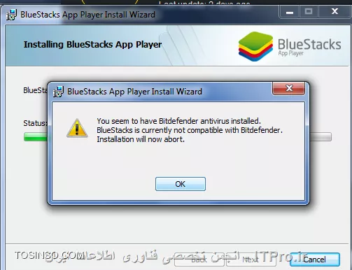 سلام خسته نباشید
بنده انتی ویروس بیت دیفندر نصب کردم و خواستم نرم افزارBlueStacks App Player رو نصب کنم موقع نصب با پیغام زیر روبرو شدم که قاعدتا نوشته بود به دلیل وجود انتی ویروس قادر به نصب نیست انتی ویروس روهم غیرفعال کردم ولی باز همین مشکلو میاره ممنون میشم راهنمایی بفرمایید؟

<c#>
Error 25001. You seem to have Bitdefender antivirus installed.
 BlueStacks is currently not complible with Bitdefender.
<c#>

||http://tosinso.com/files/get/1f996b42-d045-4b70-ac33-91b8e543bfff||