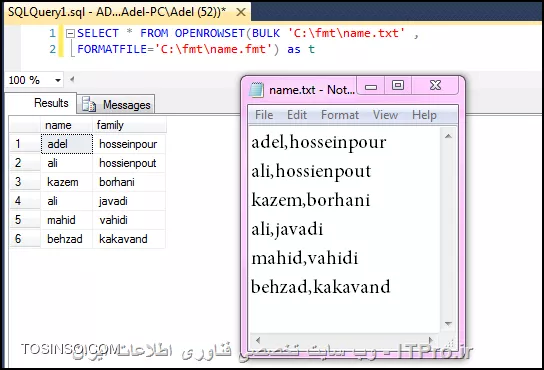 با سلام
خوب شروع می کنیم آموزش تصویریمون رو :
برای ساخته Format File یا همون FMT نیاز داریم به BCP : این ابزار ابزار کم حجی و اصطلاحا مبتنی بر خط فرمان هست
خوب برای اینکه ابتدا مطمئن بشیم این ابزار بروی سیستم ما نصب شده است 
در cmd ویندوز تایپ می کنیم bcp :
<center>
||https://dba.tosinso.com/files/get/13322085-fa6e-4489-930e-b562c4292f91||
<center>
وقتی در cmd تایپ کنیم bcp اگر نصب باشه جواب بازگشتی نحوه ی استفاده از اون هست ولی اگر نشناسه کامند رو خوب پیغامی مبنی بر اینکه این کامند در سیستم عامل قابل شناسایی نیست
-------------------------------------------------------------------
دقت کنید که اگر SQL SERVER رو به صورت کامل نصب کرده باشید نیازی به این بخش ندارید 
در این قسمت آموزش نصب ابزار bcp رو شرح می دیم :
bcp چیه ؟ ابزاری است که به وسیله ی اون می تونیم اطلاعات را بین نادهای مختلف sql server انتقال بدیم
در اینجا می خوایم ابتدا باهاش FMT فایل برای یکی از جداولمون درست کنیم .
خوب برای نصبش دوتا پیشنیاز لازم داریم :
1- درایور مخصوص برای کار با ODBC که این ODBC بانک های اطلاعاتی مختلف و پشتیبانی می کنه
odbc توسط خود مایکروسافت ساخته شده برای اینکه برنامه ها بتونند با ایجاد ارتباط به بانک های اطلاعاتی مختلف به داده ها دسترسی داشته باشند . دقت کنید که یه فایل متنی هم ممکنه دیتابیسی باشه واسه خودش ! بله بعضی وقت ها فلت فایل ها هم یک منبع اطلاعات هستند .
خوب برای دانلودش توی گوگل سرچ می کنیم :
<center>
||https://dba.tosinso.com/files/get/d61a0940-8d56-47ce-a33d-598209039156||
<center>
بعدش به راحتی از سایت خود مایکروسافت دانلودش می کنیم :
<center>
||https://dba.tosinso.com/files/get/6b8f9c88-dbc5-4ea8-b498-febff70360af||
<center>
بعد بر اساس نوع سیستم عاملمون یکی از فایل ها رو انتخاب می کنیم :
<center>
||https://dba.tosinso.com/files/get/c0c79197-c928-4041-bfd0-c48bb3c18460||
<center>
خوب دومین پیشنیاز :
2-پکیج دومی پکیجی است که قابلیت تعامل با sql server رو از طریق خط فرمان مهیا می کنه
اسم پکیج هست :
Microsoft® Command Line Utilities 13.1 for SQL Server
دقیقا مثل پکیج اول توی گوگل سرچ کنید و دانلود کنید
***** دقت کنید که ابتدا پکیج اول یعنی ODBC رو باید نصب کنید و بعدش Command Line Utility .
-------------------------------------------------------------------------------------
هر دو پکیج رو در ضمیمه ی همین پست می تونید دانلود کنید برای تسریع در روند کارتون .
بسیار خوب حالا همه چیز برای ساخت Format File آماده است:
فایل fmt باید از روی یکی از جداول موجود در بانک اطلاعاتی ساخته بشه :
خوب اگه فقط فایل متنی داریم (فایل های متنی مقادیر موجود در فایل های متنی بر دو اساس از هم جدا می شوند یا با کاما یا با فاصله ی خالی یا با تب tab ) ابتدا بر اساس همون فایل متنی یک جدول در دیتابیسمون ایجاد می کنیم :
**** سناریو : فایل متنی مانند پایین و به ما دادند و از ما می خوان که همه ی اطلاعات اون و وارد دیتابیس فعلی خودمون بکنیم :
<center>
||https://dba.tosinso.com/files/get/fd6d5290-d4df-4a38-8697-254b2fbea85f||
<center>
پس ما هم برای قرار دادن اطلاعات بالا درون جدول نیاز به دو ستون داریم اولی نام و دومی نام خانوادگی :
<center>
||https://dba.tosinso.com/files/get/434d2f2f-e79a-417d-a3ba-1f057cfab4c6||
<center>
جدول بالا رو با نام Table در دیتابیسمون ذخیره می کنیم به نام جدول دقت کنید اون و نیاز داریم برای استفاده در ابزار bcp :
حالا زمان استفاده از bcp رسیده :
همان طور که می دونید sql server از دو نوع اعتبار سنجی پشتیبانی می کنه : 1- sql server که یعنی از نام کاربری های درون خود سرور استفاده کنم 2-windows از نام کاربرهای ویندوز که موقع نصب به سرور معرفی شده است استفاده کن 3- حالت ترکیبی هم حالت 1 و هم حالت 2
خوب من از حالت ترکیبی بروی سرور خودم استفاده می کنم دقت کنید که قصدم دقیقا اعتبار سنجی با نام کاربری که موقع نصب به سرور معرفی کردم استفاده کنم bcp به این حالت که از نام کاربری در ویندوز استفاده کنید میگه trusted connection  به معنی ارتباط مورد اعتماد .
خوب پس موقع اجرا کردن cmd ویندوز کلید shift رو نگه می داریم و روی cmd راست کلکی می کنیم و بعد روی
Run As Different  User و انتخاب کنید بعد پنجره ی اعتبار سنجی ویندوز ظاهر میشه و ازمون نام کاربری و گذرواژه ی کاربر مورد نظر رو می خواد :
<center>
||https://dba.tosinso.com/files/get/1ead78bf-b69f-4e08-a9e5-b1914e6e990d||
<center>
*** نام کاربری وگذرواژه ایی رو وارد کنید که در موقع نصب sql server اون و معرفی کردین . (امیدوارم متوجه منظورم شده باشین) .
خوب به هر حال cmd رو با همون کاربر مورد نظر که کاربر قابل اعتماد sql server است اجرا می کنیم
حالا می تونیم از طریق خط فرمان به دیتابیسمون و جداولش دسترسی داشته باشیم :
برای ساخت فایل FMT  از روی جدول Table که واقع در دیتابیس db-itpro موجود است کافی است تایپ کنیم :
<center>
||https://dba.tosinso.com/files/get/ab814e18-f18e-4a29-ab4a-a5ccd07be242||
<center>
دقت کنید بعد از t- یک کاما وجود داره که یادتون نره بزاریش به این معنی که مقادیر هر ستون با ، از هم جدا میشوند 
خوب پس از دستور بالا فایل fmt بروی درایو سی ساخته میشه
فایل متنی و فایل fmt رو در یک پوشه بروی روی درایو سی قرار می دیم :
<center>
||https://dba.tosinso.com/files/get/10631213-128e-435e-977d-e8c2f325159e||
<center>
بعد وارد محیط sql server managment studio میشیم و کوئری پایین و تایپ می کنیم :
<center>
||https://dba.tosinso.com/files/get/e1d451e3-c6a2-4a7b-9ba4-5aa5fd9bc7b4||
<center>
و نهایتا اینم خروجی دستور بالا :
<center>
||https://dba.tosinso.com/files/get/2017c19c-ee2b-4a91-a1ee-89b90bac9b09||
<center>
-------
فایل متنی و فایل fmt رو از لینک پایین دانلود کنید برای تست می تونید ازشون استفاده کنید :
|دانلود فایل متنی + FMT::http://www.mediafire.com/file/jswa1hzcf5c84bw/fmt.zip|
-------
دانلود پکیج odbc driver + sql command line utility :
|دانلود پکیج های مورد نیاز::https://www.mediafire.com/?19o4e6ukzghf110|