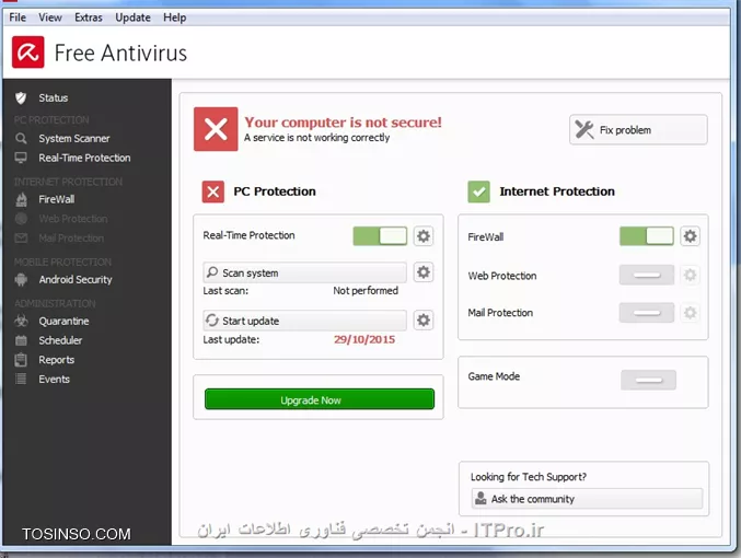 با عرض سلام و احترام
آنتی ویروس Avira را دانلود کرده و روی سیستم های شبکه نصب کرده ام،برای آپدیت هم به صورت آفلاین عمل میکنم،یعنی فایل های آپدیت را از انترنت دانلود کرده و در شبکه قرار میدهم
سپس روی هر کدام از کلاینت ها به صورت Manual Update مسیر قرار گیری فایل آپدیت در شبکه را وارد میکنم،مشکلی که بوجود آمده است را در شکل زیر مشاهده فرمایید:||http://tosinso.com/files/get/2032d053-74b8-4a00-88b7-d11468e55826||
پیغام :Your computer is Not Secure
با تشکر فراوان