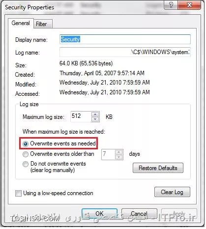 مشکل پر شدن Log File های سیستم در Event Viewer