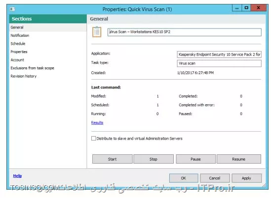 !! تنظیمات TASK برای  Virus Scan 
در این آزمایشگاه قصد داریم تا TASK تنظیمات برای Virus Scan را ایجاد کنیم :

*  ماشین های   DC - Security-Center را روشن کنید 

* بر روی ماشین Security-Center با نام کاربری abc\Administrator و پسورد Ka5per5Ky لاگین کنید 

* می خواهیم این TASK را بر روی ویندوز گروه workstations و servers وارد کنیم

1- وارد کنسول Administration Console شوید 

2- بازکردن Managed devices 

3- رفتن به تب Tasks 

4- انتخاب TASK - Quick Virus Scan 

||https://tosinso.com/files/get/16db5a0f-d180-4e11-bf61-5e34e615b478||

5- کپی TASK برای اینکه شورت کاتی از آن ساخته شود 

||اولین آموزش پارسی کسپراسکی سرور ::https://tosinso.com/files/get/002595a7-8304-48eb-b9d6-43e407e06474||

6- حالا از بخش Managed deviced به Servers بروید و تب TASK را بزنید 

7- حالا TASK را کپی کنید و PASTE را بزنید 

||https://tosinso.com/files/get/53fd3db1-118f-4e02-a6ea-f4b3d05e9c78||

8- حالا روی TASK که شورتکات شده راست کلیک و Properties را بزنید می خواهیم نام آن را عوض کنیم 

||https://tosinso.com/files/get/16bbffbc-d2f3-4bf9-8fdb-71de65094653||

9- تغییر نام به  Virus Scan – Servers 
KES10 SP2 و OK را بزنید 

||https://tosinso.com/files/get/31edc9f8-f023-4ae5-afd7-75714c743122||

10- باز کردن Workstations و TASK را بزنید 

11- کپی کنید تسک  Quick Virus Scan و آن را در Workstations پیست کنید 

12- حالا تسک را تغییر نام دهید به Quick Virus Scan (1) 

||https://tosinso.com/files/get/1c36e5a3-d608-4013-b523-891fc58d12f5||

13- نام آن را Virus Scan –
Workstations KES10 SP2 قرار دهید 

||https://tosinso.com/files/get/21dd59f5-10de-40d8-a43e-c333a47eefa1||

نویسنده : سید احمد توسلی
منبع : |جزیره امنیت اطلاعات و ارتباطات وب سایت توسینسو::https://tosinso.com/security|
هرگونه نشر و کپی برداری بدون ذکر منبع و نام نویسنده دارای اشکال اخلاقی است
