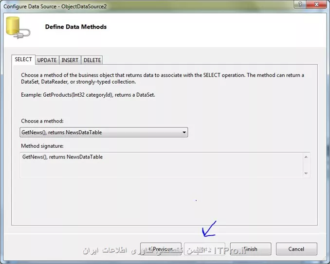 سلام دوستان خسته نباشید
<center>
||http://tosinso.com/files/get/8feb93ef-2f61-4292-9cc5-0bdd55a8478e||
<center>

<center>
||http://tosinso.com/files/get/68b91468-db84-4603-8b61-38903a25eeac||
<center>

<center>
||http://tosinso.com/files/get/21e02965-9285-42e4-ac05-27a6555809bb||
<center>
من از کنترل GridView  برای نمایش اطلاعات جدولم استفاده کردم منتها مطابق تصاویر فوق در مرحله Define Data Method دکمه Next غیرفعال شده و من میخام به مرحله زیر بروم.لطفا منو به صورت کامل راهنمایی بفرمایید-چجوری می توان به مرحله زیر دسترسی پیداکرد.

<center>
||http://tosinso.com/files/get/5a4a7ee3-53f4-427b-bf97-139003d4b72c||
<center>

