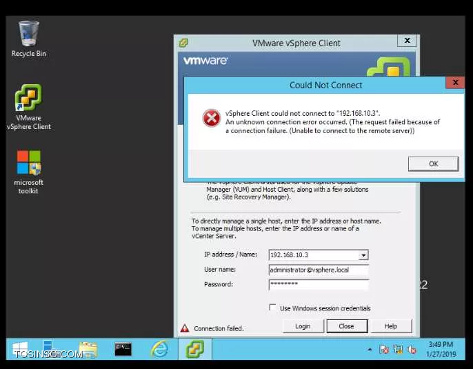با سلام. کنسول vcenter server رو روی windows server 2012 R2 نصب کردم. منتهی الان که میخوام بش متصل بشم این خطا رو میده.

 vsphere client can not connect to 192.168.10.3 . An unknown connection error uccurred. 
The request failed because of a connection failure. 
unable to connect to the remote server

ip esxi: 192.168.10.30
ip server 2012: 192.168.10.3

||https://tosinso.com/files/get/22dedab7-db51-43ec-8c05-a626b1d37c3f||