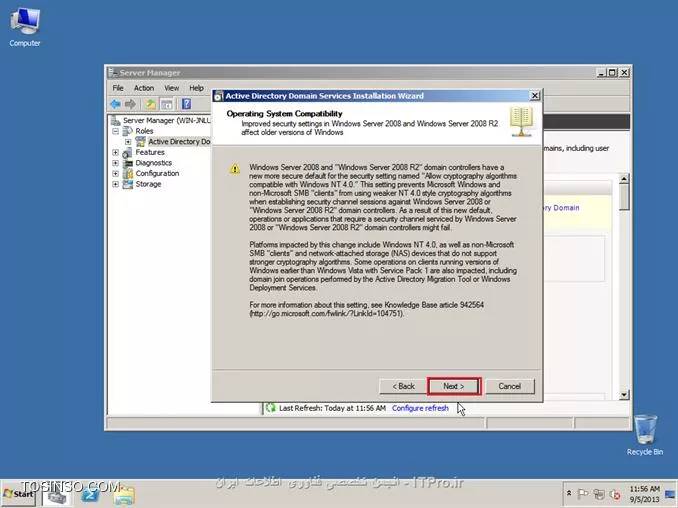 ||http://network.tosinso.com/files/get/465f83f1-ad1d-44fd-97d7-47db2dbdd599||
! راه اندازی یک شبکه قدرتمند محلی تحت دامین-Domain Networking

خب همان طور که از نامش معلوم هست شبکه ما تحت دامین میباشد و با شبکه های Workgroup خیلی تفاوت دارد. در شبکه دامین ما با سیستم عامل سرور یک شبکه راه اندازی میکنیم و بقیه کامپیوتر ها باید به سرور متصل شوند
تا بتوانند از سیستم های خود استفاده کنند همچنین ما در شبکه دامین میتوانیم سطح دسترسی کاربران را به قسمت های مختلف ویندوز محدود کنیم برای مثال از سرور دستور میدهم که کاربر X نتواند از USB استفاده کند و...
در شبکه Domain شما باید روی سرور برای هر کاربر Username و Password تعریف کنید تا کاربران با User و Pass های تایین شده توسط شما بتوانند کامپیوتر های خود را Login کنند.
در این قسمت از سیستم عامل Windows Server 2008 R2 استفاده میکنیم.

*خصوصیات شبکه Domain:*
قابلیت مدیرت هزاران کامپیوتر تنها از یک کامپیوتر ( سرور )
تعیین کردن سطح دسترسی کاربران به قسمت های مختلف سیستم عامل ویندوز
نصب برنامه ها تحت شبکه ( شما تایین میکنید که کاربران بتوانند چه برنامه هایی نصب کنند )
امنیت فوق العاده بالا
انعطاف پذیری بالا در مدیریت کاربران
نصب ویندوز بر روی کامپیوترهای Client عضو شبکه Domain
و......

پیکربندی ویندوز Server 2008 R2 Enterprise:
1- سیستم عامل ویندوز را روی کامپیوتر سرور نصب کنید. سیستم عامل را حتما فعال و Active کنید و ساعت آن را تنظیم کنید.
2- در این قسمت باید سرویس Active Directory را روی ویندوز سرور نصب کنید تا شبکه شما به Domain تبدیل شود. ( ADDC: Active Directory Domain Controller )
2-1: نصب سرویس Active Directory:

روی Start کلیک کنید سپس از Administrative Tools گزینه Server manager را انتخاب کنید:
||http://network.tosinso.com/files/get/d1bb9151-613e-43a6-9396-6d85acb85013||
2-2- در صفحه باز شده روی Roles کلیک کنید سپس Add Roles را بزنید:
||http://network.tosinso.com/files/get/9a64b30c-3142-4369-bca1-a874b86e16c5||
2-3- در این قسمت روی Next کلیک کنید:
||http://network.tosinso.com/files/get/587b1e57-15e6-462f-8a79-c55b970d6213||
2-4- در این قسمت تیک گزینه Active Directory Domain Services را بزنید:
||http://network.tosinso.com/files/get/ff749a6f-06e0-45a4-901e-53d8baa048a6||
2-5- صفحه ای باز میشود و باید روی Add Required Features کلیک کنید:
||http://network.tosinso.com/files/get/3fbe52f7-01e0-45d6-adb0-5fb2c2f42793||
2-6- تیک Active Directory Domain Services زده شد حالا روی Next کلیک کنید:
||http://network.tosinso.com/files/get/524e7fd5-206f-47f3-854a-efe49c96326d||
2-7- روی Next کلیک کنید:
||http://network.tosinso.com/files/get/2e1a28d8-acb0-4701-a7ae-9f42e86e1968||
2-8- روی Install کلیک کنید تا سرویس Active Directory نصب شود:
||http://network.tosinso.com/files/get/162dd0de-588b-4136-aaa4-2104315ab108||
2-9- در حال نصب:
||http://network.tosinso.com/files/get/6489b5cd-83f0-4b66-a890-eaa10b5c4660||
2-10- روی Close کلیک کنید تا نصب به اتمام برسد:
||http://network.tosinso.com/files/get/1b8b18aa-6986-418a-b01e-6b59c2ca8d5d||
2-11- روی Start کلیک کنید سپس از Administrative Tools گزینه Server manager را انتخاب کنید.
روی Roles کلیک کنید سپس روی Active Directory Domain Services کلیک کنید:
||http://network.tosinso.com/files/get/dee593d9-243f-44b2-93bc-6b300fe7d76c||
2-12- روی Run the Active Directory Domain Services Installation Wizard dcpromo.exe کلیک کنید:
||http://network.tosinso.com/files/get/3a44e3d2-068c-4c3d-9b58-80f609dbc2ad||
2-13- روی Next کلیک کنید:
||http://network.tosinso.com/files/get/3e5f84e4-a44a-4fad-8f5d-9f4ceb6e859f||
2-14- روی Next کلیک کنید:
||http://network.tosinso.com/files/get/2305697b-c67d-47d3-8601-cc7be14bc60a||
2-15- تیک گزینه Creat a new domain in a new forest را بزنید و روی Next کلیک کنید:
||http://network.tosinso.com/files/get/8dba017d-96aa-4fe6-bf36-681a52f70056||
2-16- در این قسمت باید برای دامنه شبکه دامین یک نام انتخاب کنید. دقت کنید که باید از 2 یا 3 کلمه تشکیل شود و بین آن ها نقطه ( . ) گذاشته شود. سپس روی Next کلیک کنید:
||http://network.tosinso.com/files/get/82dff6dd-706c-4bba-90b1-96701c4711e3||
2-17- در این قسمت از بالا ( Forest fuctional level ) گزینه Windows server 2008 R2 را انتخاب کنید و روی Next کلیک کنید:
||http://network.tosinso.com/files/get/781a032f-d08e-4aa9-bbfe-f0a3ed1ca1eb||
2-18- در این قسمت مطمئن باشید که تیک گزینه DNS خورده باشد سپس روی Next کلیک کنید:
||http://network.tosinso.com/files/get/f9000eaf-8a56-439c-b3f8-d985a60c39c0||
2-19- در این قسمت باید نوع سیستم IP دهی به شبکه را انتخاب کنید که DHCP و Manual میباشد من در اینجا ار IP دهی Manual استفاده میکنم و IP کارت های شبکه را دستی تنظیم میکنم
پس ابتدا IP سرور را دستی تنظیم کنید سپس گزینه زیر را انتخاب کنید:
||http://network.tosinso.com/files/get/82ea3931-05e4-4aea-99f3-969ef43e0458||
IP که من تنظیم کردم:
||http://network.tosinso.com/files/get/8154f867-bb10-4d7b-8e89-260cebf69a2b||
IP Address: 192.9.200.77 این IP باید در رنج IP ها و روترهای داخل شبکه باشد.
Subnet Mask: 255.255.255.0 باید همین مقدار باشد: 255.255.255.0
Default Geteway: 192.9.200.50 باید IP مودم یا روتر اینترنت باشد تا به اینترنت دسترسی داشته باشد.
2-20- سپس روی Next کلیک کنید و Yes را بزنید:
||http://network.tosinso.com/files/get/ea8c50c0-9f6d-4b9f-a188-7ea6f9e099d5||
2-21- روی Next کلیک کنید:
||http://network.tosinso.com/files/get/8065e660-4640-4674-a0ce-a263e88611f7||
2-22- در این قسمت برای بازیابی Active Directory یک رمز وارد کنید ( رمز شما باید ترکیبی از حروف کوچک حروف بزرگ و اعداد و کاراکتر یاشد ) سپس روی Next کلیک کنید:
||http://network.tosinso.com/files/get/f7579a6a-96f7-49b2-88d8-e51c2efbae91||
2-23- روی Next کلیک کنید تا تنظیمات اعمال شود:
||http://network.tosinso.com/files/get/01968a4a-546e-4e3b-9b0a-0577c06aaa91||
2-24- در این قسمت تیک گزینه Reboot on completion را بزنید تا بعد از اتمام نصب و تنظیمات سرور ریست شود:
||http://network.tosinso.com/files/get/4bf0cd9d-497e-4e7c-a2b6-07c6bdc59e00||
خب تا اینجا توانستیم شبکه Domain را روی سرور راه اندازی کنیم. حالا باید کامپیوترهای کاربران و کلاینت ها را عضو این شبکه کنیم.
||http://network.tosinso.com/files/get/2953c08f-ffda-4765-a24f-b57b27b1acb9||
! join کردن کامپیوتر ها به سرور
عضو کردن کامپیوترهای کاربران و کلاینت ها به شبکه Domain:
تعریف Username و Password برای یک یا چتد کاربر روی ویندوز سرور:
خب شما ابتدا باید روی سرور برای هر کاربر و کلاینت یک نام کاربری و رمز عبور تعریف کنید تا کاربران بتوانند وارد حساب کاربری خود شوند.
1- روی Start کلیک کنید سپس از Administrative Tools گزینه Server manager را انتخاب کنید.
به مسیر زیر بروید:
<c#>
Roles > Active Directory Domain Services > Active Directory users and Computers > Domain name > Users
<c#>
Domain name همان اسمی هست که برای شبکه Domain انتخاب کردید.
||http://network.tosinso.com/files/get/3643b8f5-fd04-49bd-afe5-70167391d2e2||
2- روی Users کلیک راست کنید و New user را بزنید:
||http://network.tosinso.com/files/get/5ad37cf3-02f0-47f7-9f82-91d39d93a7c9||
3- First name: نام کاربر را وارد کنید.

Last name: اسم فامیل کاربر را وارد کنید.

User logon name: نام کاربری کاربر برای وارد شدن به سیستم را وارد کنید.
سپس روی Next کلیک کنید:
||http://network.tosinso.com/files/get/60bb779e-6856-40b1-93ff-80b3c7021f24||
4- در این قسمت برای User که ساختید پشورد بزارید و همه تیک ها را بردارید و روی NExt کلیک کنید ( پسورد ترکیبی از اعداد حروف کوچک و بزرگ و کاراکتر باشد )
||http://network.tosinso.com/files/get/2591bc9d-892f-4d2c-9123-0c27023ee07c||
5- روی Finish کلیک کنید:
||http://network.tosinso.com/files/get/5a60ff1d-80d2-4d32-87e6-959e80df3dfc||
6- User ما بر روی سرور ساخته شد.

به کامپیوتر کاربر یا کلاینت بروید سپس IP آدرس برای آن کلاینت تعریف کنید ( IP باید در رنج IP سرور و شبکه باشد )
IP Address: آدرس IP در رنج شبکه و سرور ( تکراری نباشد )
Subnet Mask: باید 255.255.255.0 باشد
Default geteway: باید IP روتر یا مودم اینترنت باشد
Prefered DNS Server: که خیلی مهم میباشد باید IP سرور را وارد کنید اگر وارد نکنید امکان عضویت و بر قراری ارتباط با سرور را ندارید.
||http://network.tosinso.com/files/get/7120de2c-28be-4b06-b6bb-5dea7c2b1fa0||
6- روی Computer کلیک راست کنید و Properties را بزنید سپس روی Change settings کلیک کنید:
||http://network.tosinso.com/files/get/6448080b-1d7a-4f29-b68a-e22e062d076a||
7- روی Change کلیک کنید:
||http://network.tosinso.com/files/get/4268e27b-a4e8-40cf-ad0a-d49da540731d||
8- تیک گزینه Domain را بزنید و نام Domain که در سرور موقع نصب Active Directory انتخاب کردید را وارد کنید و OK را بزنید:
||http://network.tosinso.com/files/get/5c2cd75d-4a84-4a5a-9075-2672ada1bd65||
9- از شما USER Name و Password میخواهد:
||http://network.tosinso.com/files/get/4a3f8a04-0fc3-402d-bba6-4957033a51ff||
Username باید Administrator را وارد کنید و Password را رمز عبور ویندوز سرور 2008 سپس Ok را بزنید:
10- پیام خوش آمد گویی به شما نمایش داده میشود. این یعنی این که کاربر شما عضو شبکه Domain شد. روی OK کلیک کنید:
||http://network.tosinso.com/files/get/ba3a7f60-7726-457f-af71-9cec5e2c5a65||
11- از شما میخواهد کامپیوتر را ریست کنید رو OK کلیک کنید:
||http://network.tosinso.com/files/get/78b86ffc-d746-48f7-afbe-5e5df898929f||
سپس Close را بزنید و Restart now را بزنید.
12- سیستم کاربر که روشن شد به شما میگه مه CTRL + ALT + Delete را بزنید تا Login شوید:
||http://network.tosinso.com/files/get/18282e58-64b6-46c1-adb1-c3291cb96d40||
13- روی Switch User کلیک کنید:
||http://network.tosinso.com/files/get/52f35079-78d5-4633-bd7f-a71623317de8||
14- Other User را بزنید:
||http://network.tosinso.com/files/get/6b9d9841-f62d-48f3-a6ff-215ce30e2824||
15- User name و Password که در سرور برای کاربر تعریف کردید را وارد کنید تا Login شود:
||http://network.tosinso.com/files/get/5d6df99e-ab52-4b11-80f9-630070acbe20||
||http://network.tosinso.com/files/get/e51322cc-c0f7-4ffc-ade0-f0dc086b4188||
16- کاربر شما با موفقیت عضو شبکه Domain شد
||http://network.tosinso.com/files/get/4b8fb913-5ae3-40bb-b733-f01b85f970a1||
موفق باشید.