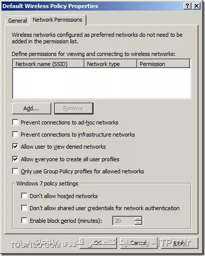 سلام
به واقع شما از تنظیمات پالیسی برای Wireless Network ها نمی تونید به این شکل برای غیر فعال کردن کارت شبکه وایرلس استفاده کنید، اما دو راه دارید:
1. Notepad را باز کنید و دستور زیر را در آن وارد کنید:
<c#>
 netsh interface set interface name=wifi admin=disabled
<c#>
فایل را با پسوند (bat.) ذخیره کنید بعد به Group Policy برید و یک  Log on/Start up Script ایجاد کنید و فایلی که درست کردید را وارد کنید و سپس به OU مورد نظر لینک کنید.
فقط این رو در نظر بگیرید که ممکن نام همه کانکشن ها برای Wireless Network
<c#>
wifi
<c#>
نباشد.
2. یک پالیسی با نام مناسب بسازید سپس بر روی آن کلیک راست و Edit را انتخاب کنید و به مسیر زیر برید
<c#>
Computer Configuration > Policies > Windows Settings > Security Settings > Wireless Network (IEEE 802.11)
<c#>
بر روی قسمت آخر کلیک راست کنید یا آنرا انتخاب و در قسمت Menu Bar بر روی Action کلیک و Create A New Wireless Network Policy for Windows Vista and Later Releases انتخاب کنید
||http://network.tosinso.com/files/get/15cdcfc6-ee5b-476b-8e9f-bc5d888d26fb||

در قسمت Policy Name یک نام مناسب وارد کنید و اطمینان حاصل کنید که تیک قسمت Use Windows WLAN AutoCOnfig service for clients خورده باشد.
||http://network.tosinso.com/files/get/11938b9a-1ffa-4244-a2e9-ee7b33cb3d60||

در همین پنجره به تب Network Permissions برید و بر روی Add کلیک کنید.
||http://network.tosinso.com/files/get/2343aa86-968e-4fac-82ec-2a6b3d6a9d02||

در این قسمت اسم SSID که قرار غیر فعال کنید را وارد کنید (مثلا: dlink) و نوع Network Type رو مثلا Infrastructure
||http://network.tosinso.com/files/get/223b5d48-1bc8-43ff-9f12-e8e11ef26508||

و در آخر Apply و OK کنید.
||http://network.tosinso.com/files/get/80de60f5-2200-40f3-a7e4-1574c03ea2d8||

حالا کاربران با وجود اینکه کارت شبکه وایرلس سیستمشون فعال هستش و اون Wireless Network رو می بینن، نمیتونن بهش وصل بشن.
||http://network.tosinso.com/files/get/ebf58c2a-8e40-4d65-9a7f-586c006f3999||
